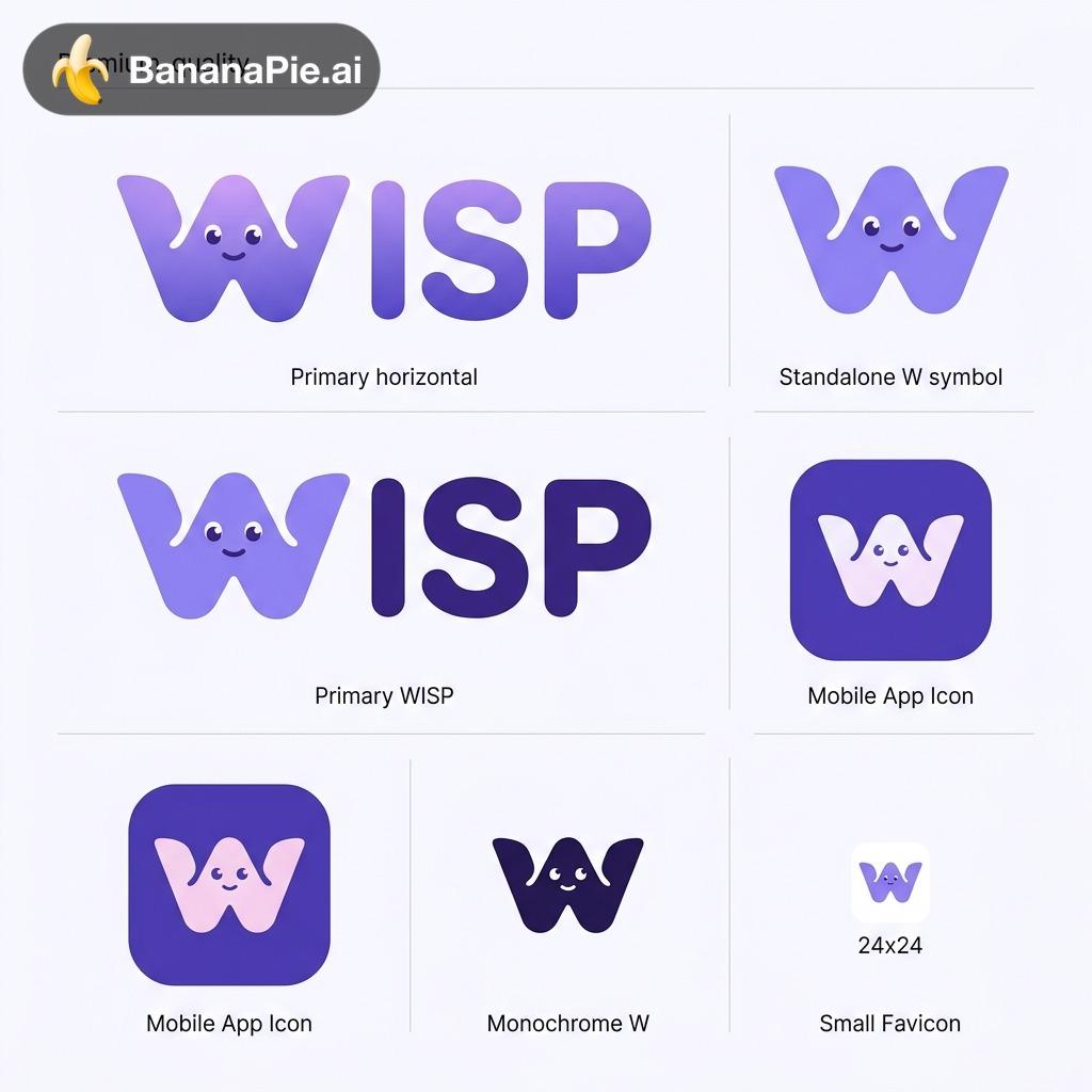 Design an exceptional, premium-quality brand identity
for "WISP", a modern cooperative gaming platform.

CREATIVE VISION

Create a distinctive, iconic, and memorable logo
that combines modern geometric minimalism
with a subtle playful personality.

The result should feel like a world-class digital
entertainment brand — friendly, clever, modern,
polished, and instantly recognizable.

Think of the visual simplicity and brand recognition
of Discord, Duolingo, and modern indie gaming brands,
but create a completely original visual identity.

CORE DESIGN CONCEPT

Create a unique stylized letter "W" that subtly
resembles a friendly abstract magical spirit.

The W should be the actual brand symbol,
not a letter placed next to a separate character.

Integrate the character naturally into the geometry
of the letter W.

The silhouette must remain recognizable as a W
even when facial features are removed.

CHARACTER PERSONALITY

The W symbol can have:

- Two tiny expressive eyes
- A subtle friendly smile
- Soft organic curves
- Carefully balanced rounded geometry
- A slightly playful, welcoming silhouette

The character should feel charming and intelligent,
not childish or overly cartoonish.

Avoid oversized kawaii eyes.

The personality must come from the shape itself,
not from excessive decorative details.

GEOMETRY

Use a sophisticated geometric construction.

- Smooth rounded edges
- Balanced proportions
- Harmonious curves
- Strong recognizable silhouette
- Intentional negative space
- Minimal visual complexity
- Clean vector-style execution

The logo should look carefully crafted
by an experienced professional brand designer.

Avoid complicated flame shapes.

The top of the W may have a subtle organic movement,
but the overall silhouette should remain simple.

COLOR PALETTE

Primary brand color:
Soft Violet #8B7CF6

Secondary:
Deep Violet #6857D9

Optional subtle accent:
Soft Pink #EFA7E8

Background:
Warm White #FAF9FF

Use a predominantly violet color scheme.

A subtle violet-to-lavender gradient is acceptable,
but the logo must also work perfectly
as a single flat color.

TYPOGRAPHY

Create a custom modern wordmark:

WISP

Use bold, rounded, contemporary sans-serif typography.

The lettering should feel polished,
friendly, and premium.

The stylized W symbol should integrate naturally
with the remaining letters "ISP".

Use carefully balanced letter spacing.

Avoid generic gaming fonts.

APP ICON

Create a matching mobile application icon.

Use the exact same W symbol from the primary logo.

The app icon should feature:

- A clean rounded-square background
- Deep violet background color
- Centered W brand symbol
- Strong contrast
- Generous internal spacing
- Minimal details
- Excellent readability at small sizes

The app icon should feel like a premium,
modern consumer application.

BRAND PRESENTATION

Present the identity as a clean professional
brand exploration board.

Include:

1. Primary horizontal WISP logo
2. Standalone W symbol
3. Mobile app icon
4. Monochrome W symbol
5. Small favicon preview

All variations must use the same underlying
W geometry.

STYLE

Modern playful minimalism.
Premium digital product branding.
Friendly geometric design.
Clean contemporary vector aesthetics.
Soft violet color identity.
Subtle character personality.
Professional visual balance.

STRICTLY AVOID

- Separate ghost mascots
- Detailed fantasy illustrations
- Gaming controllers
- Headphones
- Chat bubbles
- Stars and sparkles
- Neon glow effects
- Heavy shadows
- 3D rendering
- Excessive gradients
- Complex flame shapes
- Childish cartoon aesthetics
- Overly detailed facial expressions
- Unnecessary decorative elements

FINAL ART DIRECTION

The result must be simple enough to work
as a 24x24 pixel icon, yet distinctive enough
to become the recognizable identity
of a major cooperative gaming platform.

Prioritize iconic simplicity, strong silhouette,
subtle personality, and timeless design.

Create a beautiful, cohesive, production-oriented
visual identity rather than a decorative illustration.