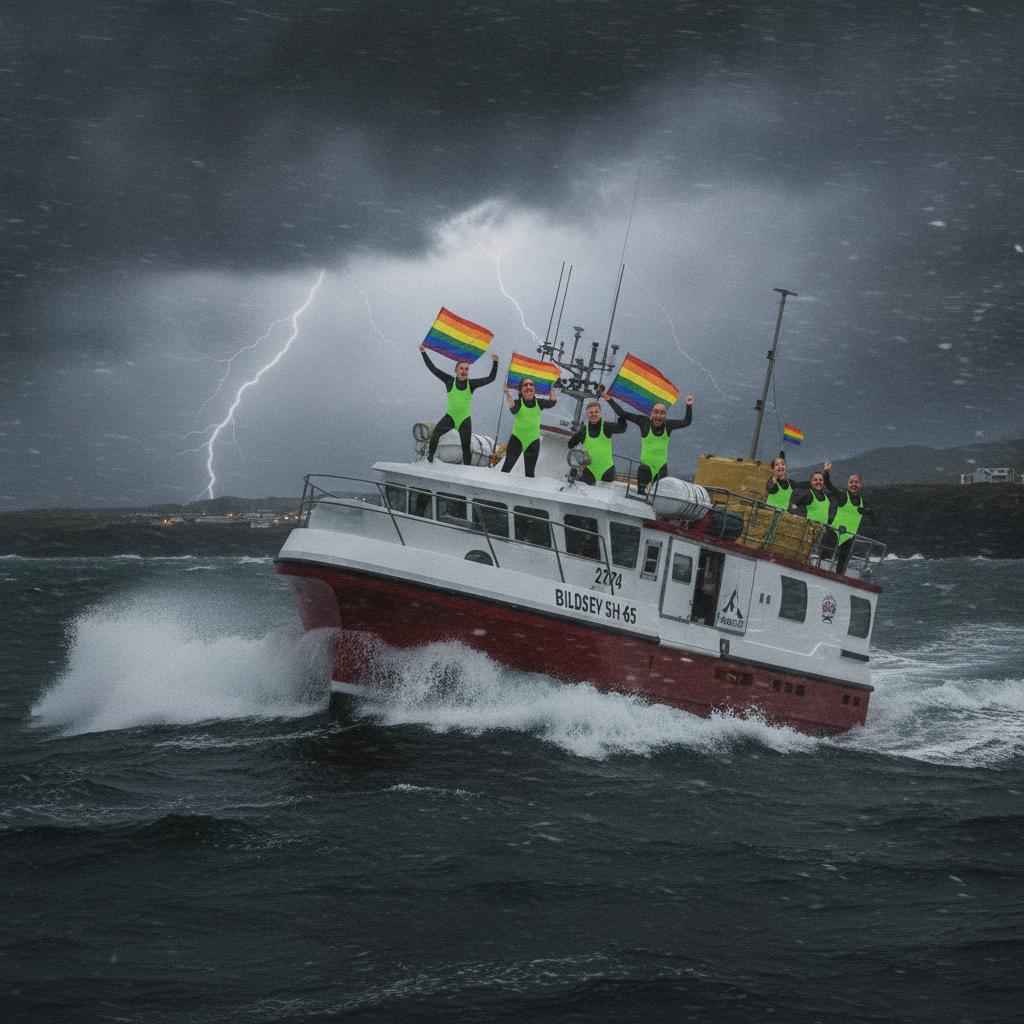 Statek Bildsey sh65. Stwórz 15sec wideo jak wraca na lad w czasie sztormu a załoga stoi na górnym pokładzie ubrana w strój borata i macha flagami lgbt