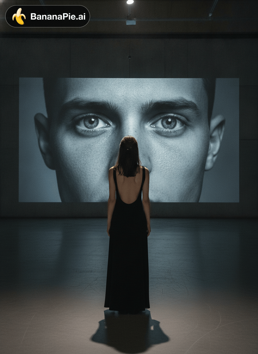 A slender young woman with wavy hair tied loosely up, wearing a minimalist backless black dress, seen from behind as she stands in front of a monumental gallery installation. Her hands rest quietly at her sides as she observes a massive, floor-to-ceiling high-definition projection onto an industrial concrete wall. The projection screen reveals an extreme closeup of a man's piercing eyes looking out into the room with profound emotional intensity, realistic skin texture and dramatic contrast in iris detail.
Moody, dim museum ambience with directional top spotlight sculpting the woman's silhouette and shoulder blades. Ambient blue-grey light radiates from the projection, casting faint reflections on the smooth floor.
Contemporary editorial
photography, 35mm aesthetic, rich shadows, crisp focus, quiet artistic tension.