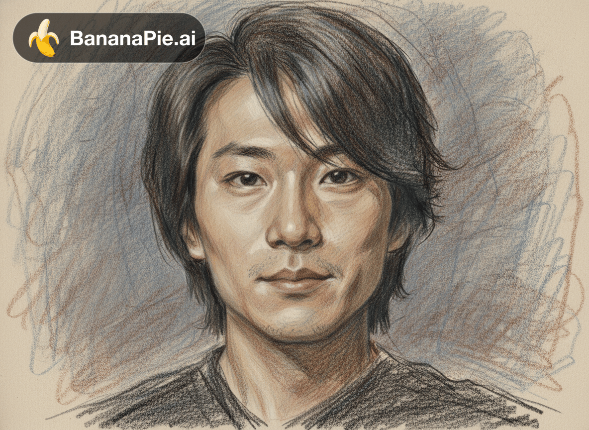 Convert the portrait in the first image into a work with a sketch style consistent with the second image (Nicolai Ivanovich Fechin + Koganei Kousuke's pastel pencil sketch style), ensuring a high degree of consistency in brushstrokes and textures