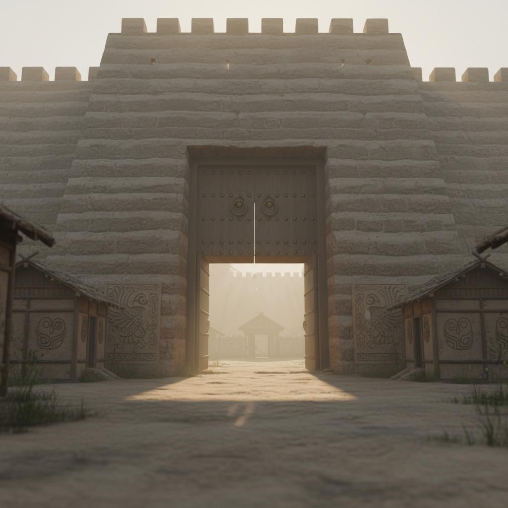 中文说明：精品，XR 电影概念图，第一人称沉浸式 VR 场景，先秦楚国城门，厚重巨大夯土墙，带有分层夯筑痕迹，巨型实木城门配青铜门环，墙体与木门在镜头前被淡淡的神性暖光逐步点亮。城门内部，古庭院自然铺展，贴合真实物理地平面，平整地面，散落楚式木屋、矮土墙，楚文化凤鸟云纹图腾，野艾与古杂草，柔和环境体积雾，朦胧拂晓氛围，电影景深，PBR 物理渲染，UE5，Niagara 大气粒子，自然阴影，土赭、灰棕色调，考古考据向，符合历史，无现代建筑，360 全景背景。modern building, concrete, cars, people, plastic, bright neon, over saturated color, deformed wall, floating objects, cartoon, anime, ugly, blurry, extra limbs, distorted perspective