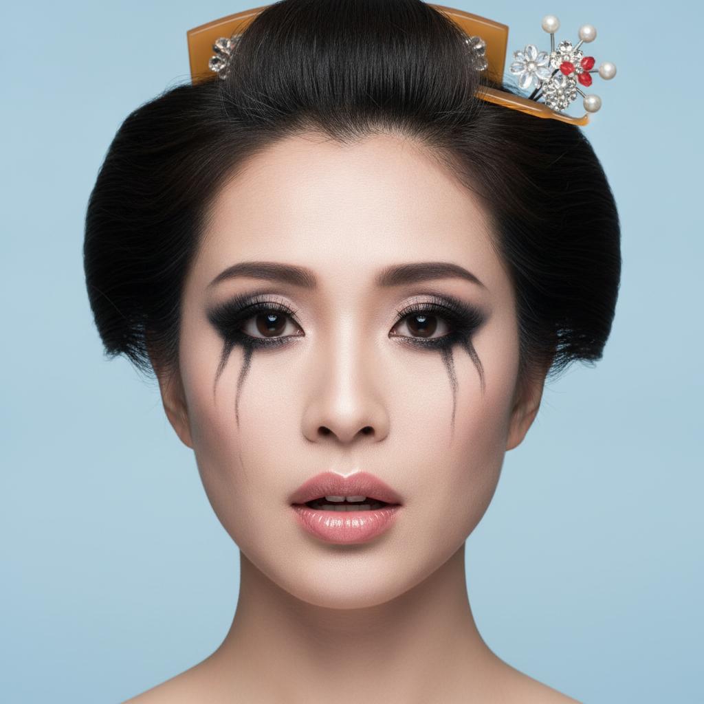 Crea fotoritratto in primo piano di donna giapponese di 48 anni con acconciatura Shimada e bocca con labbra enormi e carnose. Applica mascara pesante e gotico attorno agli occhi. Sfondo neutro colore blu chiaro