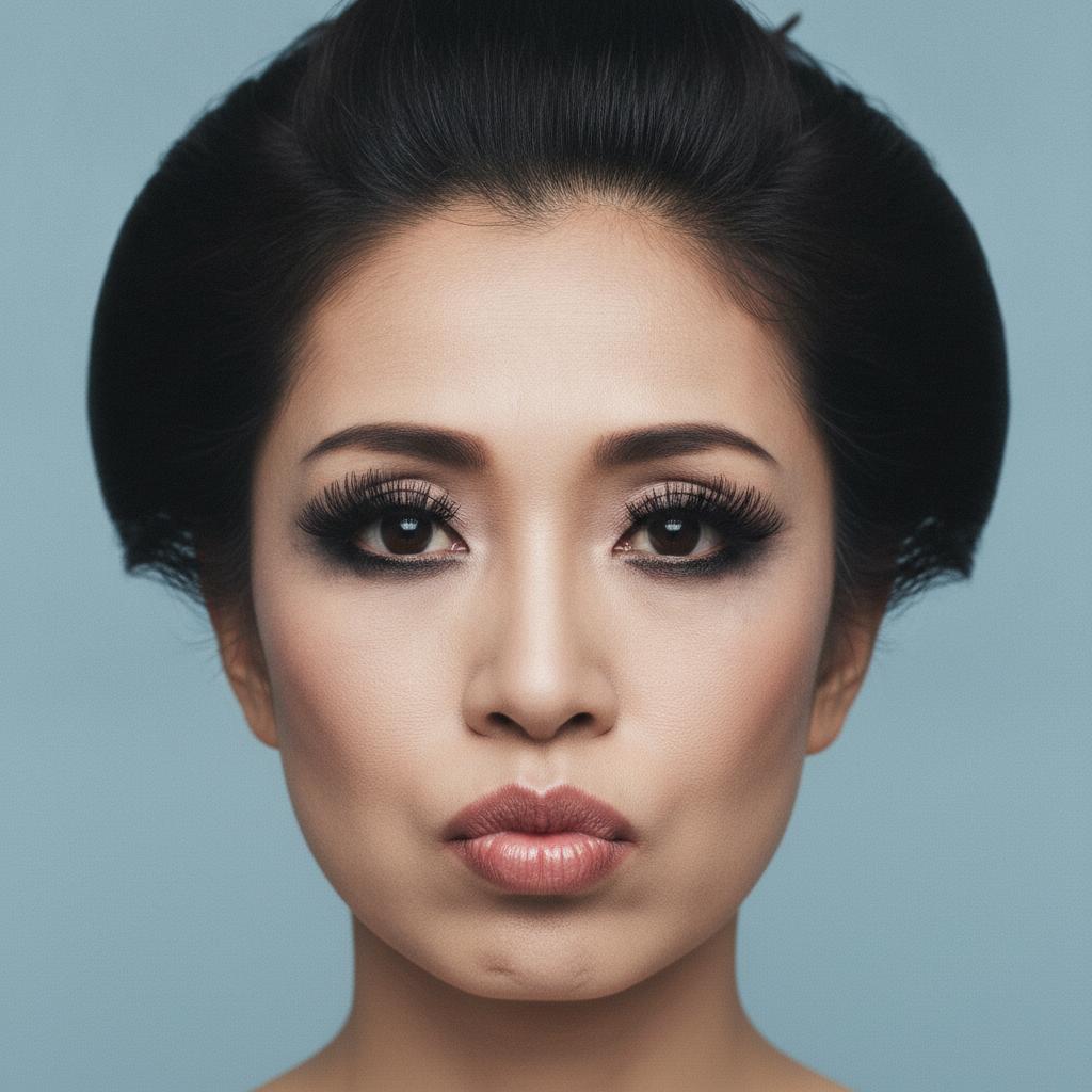 Crea fotoritratto in primo piano di donna giapponese di 48 anni con acconciatura Shimada e bocca con labbra enormi e carnose. Applica mascara pesante e gotico attorno agli occhi. Sfondo neutro colore blu chiaro. Prendi la pelle un po' più vissuta rovinata e l'età sui 50 anni e le labbra falle enormi e chiuse