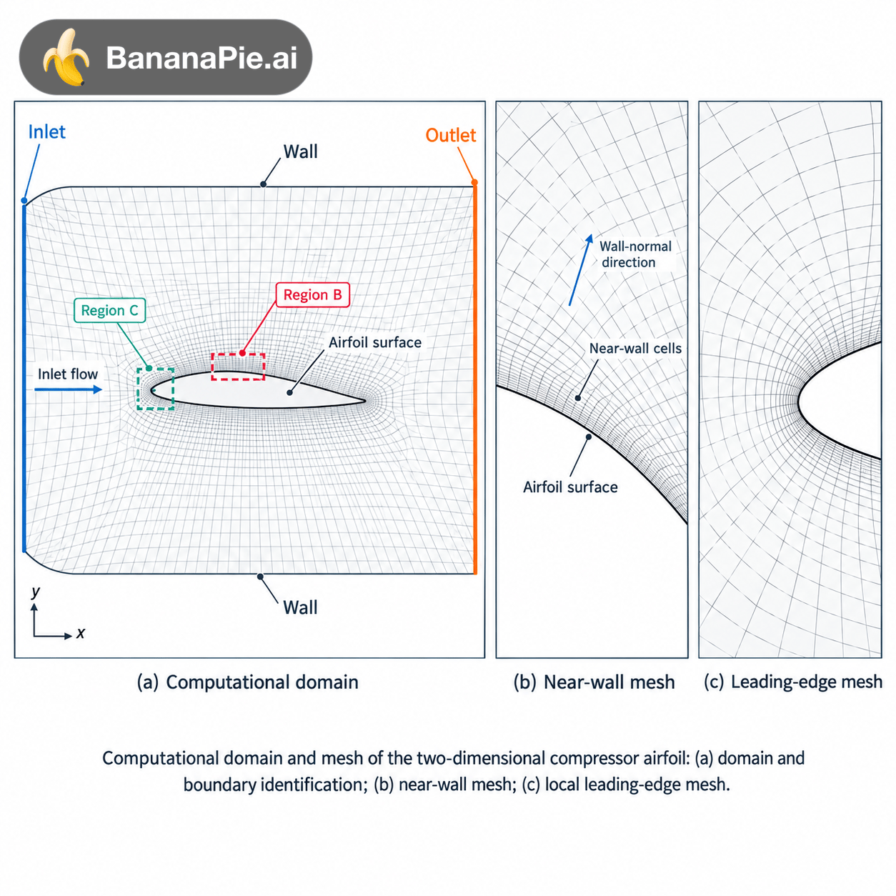 Create a publication-quality three-panel scientific figure illustrating the computational domain, boundary identification, and local mesh resolution for a two-dimensional compressor airfoil CFD model.

The figure must describe the supplied computational model faithfully. Use the actual airfoil coordinates, mesh files, or mesh screenshots as geometric references whenever provided. Preserve their topology and connectivity rather than replacing them with an invented mesh.

LAYOUT

Use a clean landscape composition with three panels arranged from left to right:

(a) Computational domain
(b) Near-wall mesh
(c) Local mesh detail

Give panel (a) approximately 50% of the available width and panels (b) and (c) approximately 25% each. Align panel boundaries and place modest, consistently sized subfigure captions below the panels.

Use a white background, restrained colours, crisp technical lines, and balanced whitespace. Do not place a large title above the figure.

PANEL (a): COMPUTATIONAL DOMAIN

Show the complete two-dimensional computational domain containing the compressor airfoil.

Clearly identify:
• Inlet
• Outlet
• Airfoil surface
• Other boundaries actually present in the supplied model

If the model uses periodic passage boundaries, label the corresponding pair “Periodic boundary” and visually indicate their correspondence. Do not introduce periodic boundaries unless they are part of the actual model.

Show a small coordinate system with x and y axes and one unobtrusive inlet-flow direction arrow.

Display the actual mesh sufficiently lightly that the airfoil and domain boundaries remain visually dominant. Preserve the supplied structured, unstructured, or hybrid topology.

If verified domain dimensions are supplied, annotate them using the given values or chord-normalized distances. Otherwise omit dimension values.

Mark two regions of interest:
• Region B: a near-wall section of the airfoil
• Region C: the leading-edge or trailing-edge region shown in panel (c)

Use fine outlines and unobtrusive connectors to associate these regions with their enlarged views.

PANEL (b): NEAR-WALL MESH

Show a genuine enlarged view of Region B from the same mesh.

Make the airfoil surface, first near-wall cells, and outward mesh spacing clearly visible. Show the progression from fine near-wall resolution to the surrounding mesh without exaggerating or altering the original spacing.

Use only a few short labels where necessary:
• Airfoil surface
• Near-wall cells
• Wall-normal direction

If the actual mesh does not contain identifiable layered cells, preserve its true topology and use “Near-wall refinement” instead of inventing boundary-layer layers.

Do not add numerical first-cell heights, layer counts, growth ratios, or y⁺ values unless they are supplied and verified.

PANEL (c): LOCAL MESH DETAIL

Show a genuine enlarged view of Region C, using either the leading edge or trailing edge according to the supplied data.

For a leading-edge view:
Show how the actual cells resolve the nose curvature and connect to the surrounding mesh.

For a trailing-edge view:
Show how the actual cells resolve the trailing-edge geometry and connect to the downstream region. Include wake refinement only if it exists in the supplied mesh.

Do not sharpen, round, thicken, or otherwise modify the airfoil geometry to make the mesh look cleaner.

Caption the panel accordingly:
“(c) Leading-edge mesh”
or
“(c) Trailing-edge mesh”

SCIENTIFIC CONSISTENCY

All enlarged views must come from the same computational mesh shown in panel (a).

Keep the same orientation throughout the figure. Do not mirror the airfoil or reverse the inlet and outlet between panels.

Do not display crossed cell edges, disconnected cells, or invented improvements. If the source mesh contains a visible problem, retain it for review rather than silently correcting it.

Do not add CFD contours, shock waves, streamlines, pressure distributions, or performance values. This figure explains the domain and mesh, not the computed flow solution.

Do not include a mesh-independence curve unless actual mesh sizes and corresponding computed results are provided. Any such curve must be plotted separately from verified data.

VISUAL STYLE

Use:
• Black or dark charcoal for the airfoil boundary
• Thin neutral-grey lines for the mesh
• Muted blue for inlet identification
• Muted orange for outlet identification
• A restrained teal accent for confirmed periodic boundaries
• Dark-grey text and fine annotation leaders

Mesh lines must remain distinguishable at final publication size without overwhelming the geometry. Use consistent line weights and avoid unnecessarily dense labels.

Use Arial or another clean journal-compatible sans-serif font. Keep annotation text readable at approximately 8–10 pt at the final figure width of 180 mm. Subfigure captions should be only slightly larger.

Avoid oversized headings, coloured background cards, gradients, shadows, three-dimensional effects, decorative icons, and watermarks.

DATA AND OUTPUT REQUIREMENTS

Do not invent the solver, turbulence model, operating conditions, grid size, or convergence criteria. These should be documented in a separate simulation-settings table.

If actual mesh data or screenshots are unavailable, produce only a conceptual layout and visibly label it:
“Conceptual schematic — not the computational mesh.”

Prefer editable SVG or vector PDF output when genuinely supported. If only raster output is available, provide a high-resolution reference image without claiming it contains editable vector geometry.

Suggested caption:
“Computational domain and mesh of the two-dimensional compressor airfoil: (a) domain and boundary identification; (b) near-wall mesh; (c) local leading-edge or trailing-edge mesh.”