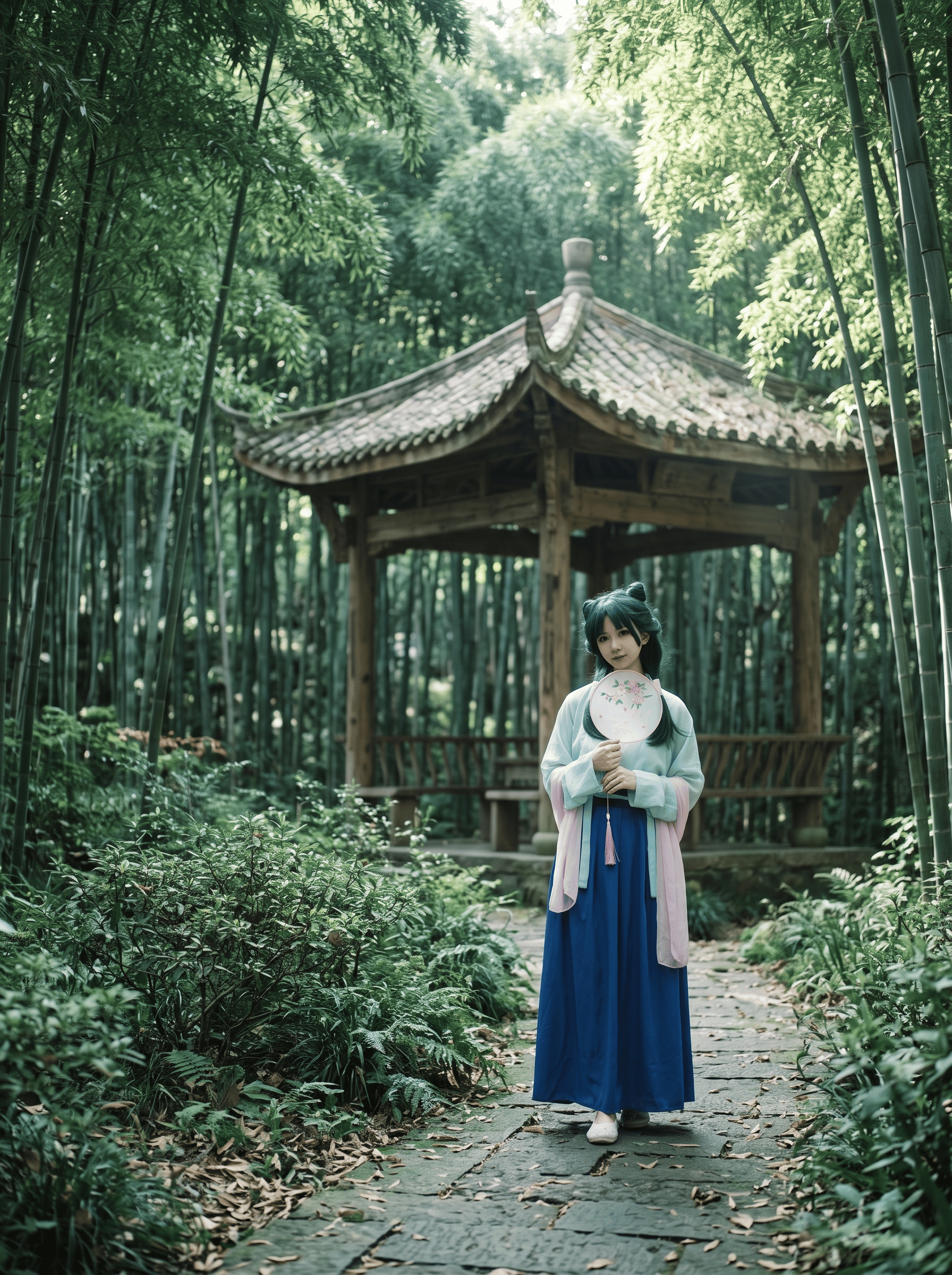 ### 正向提示词(适配图二深度图背景融合,贴合原图光照逻辑)
写实摄影,中式古风竹林园林,茂密青翠的原生竹林,林间坐落一座古朴木质四角凉亭,青石板小径蜿蜒穿行,前景排布低矮翠绿灌木丛,白日柔和漫射光,竹叶缝隙漏下斑驳树影,轻微丁达尔效应,光线从画面右上方自然洒落,环境漫反射柔和,明暗过渡自然,35mm 电影定焦镜头,浅景深,背景自然虚化,焦外散景柔和,柯达金 200 胶片质感,细微胶片颗粒,低饱和青绿色调,清冷雅致氛围,空间纵深感强,植物纹理真实细腻,电影级自然光影
### 负面提示词(针对性去除 AI 油腻感)
AI 生成痕迹,油腻质感,过度锐化,高饱和失真,塑料感植物,卡通插画,手绘二次元,人物变形,面部崩坏,虚假硬阴影,过曝死黑,拼接违和,边缘生硬,过度磨皮,虚假纹理,现代建筑,现代人群,杂乱杂物