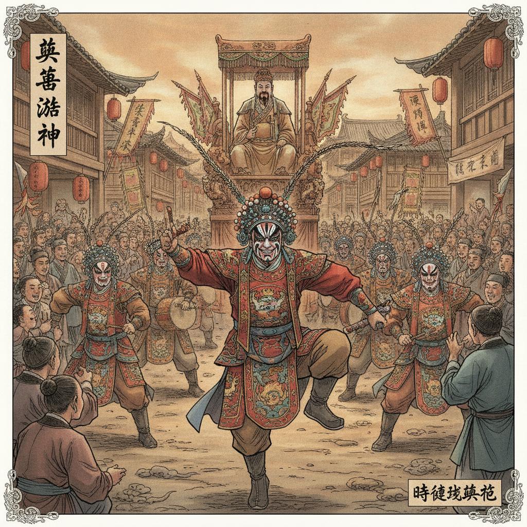 生成一張中國古風漫畫，以英歌舞為主題，場景古樸、熱鬧，體現遊神的隆重，以“時遷”為畫面主要人物。