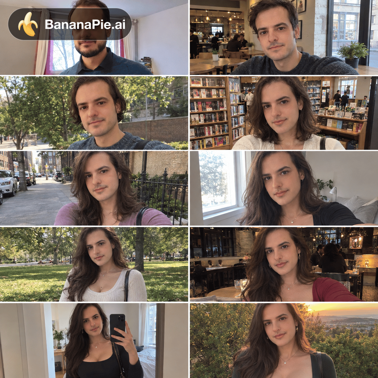 Génère un pannel de 10 photos prises à 6 mois d'intervalle montrant l'évolution de cette personne durant sa transition d'homme à femme. Il est très important que la transition et les images soient les plus réalistes possible, qu'on ne puisse déterminer qu'elles ont été générées par IA. La transition est progressive, on doit reconnaître la même personne sur toutes les images. L'image de fin doit montrer une personne indiscutablement féminine, même pour un observateur attentif. Chaque photo doit montrer la personne dans une situation de la vie courante différente à chaque fois, toujours prises en mode selfie. Le cadrage des photos est plus large de façon à montrer l'évolution du corps de cette personne, en particulier montrer ses formes de plus en plus féminines. L'évolution doit être progressive sur la pousse des cheveux et la taille de la poitrine. La personne adopte le style caractéristiques des jeunes filles de 16 à 24 ans sur Instagram en ce qui concerne la coiffure, le maquillage, les faux cils, les bijoux, les tenues moulantes mettant la poitrine en valeur, les poses).