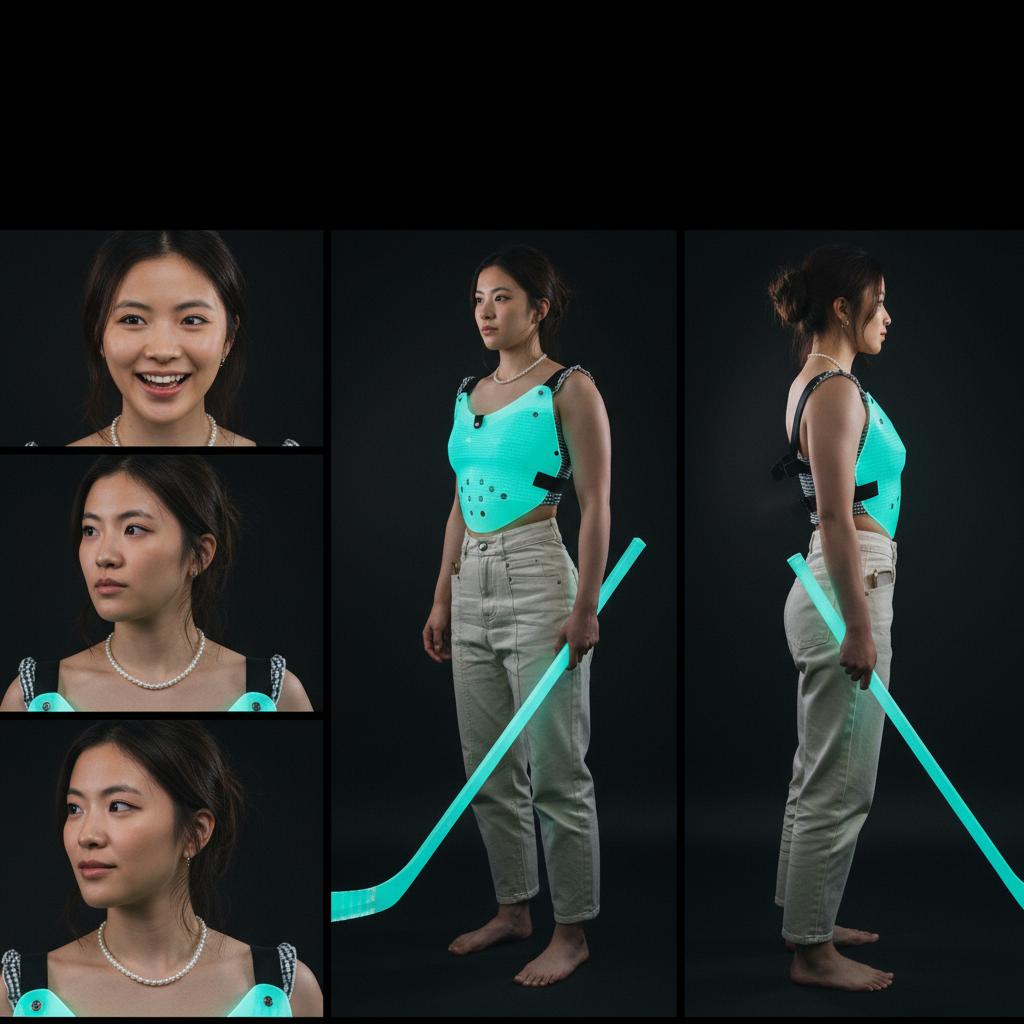 Generate a raw, ultra-sharp photographic reference sheet based on the provided reference image. The generated model must accurately replicate the facial features, facial structures, identity, hair color, hairstyle, and EXACT muscular body physique, chest volume, and muscle mass of the person in the reference image. If the input reference image is an illustration, anime, or 2D artwork, forcefully convert and translate the character into a 100% realistic, high-detail real-human photographic subject while preserving their core identity and features. Concept: "Engineered Transcendent Beauty" fused with "Rare Genetic Hyper-Volumetric Growth." Captured with specified digital camera era aesthetic: absolute pitch-black ambiance illuminated solely by phosphorescent material glow, zero studio lights, zero key light, zero camera flash, zero bokeh, era-specific sensor clarity. Background: Unified solid seamless pitch-black environment. NO GRID LINES, NO BORDERS.

### 1. ABSOLUTE COORDINATE POSITIONING & FRAMING (NO TEXT, NO LABELS)
- ALL full-body views MUST be fully visible from head to toe within the frame without any cropping at the feet or toes. Adequate floor space must be visible beneath the feet.
- [Far-Left Upper]: Head-to-neck close-up, Front view. THE VERY TOP EDGE AND SHOULDER STRAPS OF THE GIANT TORSO MASK ARE PARTIALLY VISIBLE AT THE VERY BOTTOM OF THE FRAME (見切れ).
- [Far-Left Lower]: Head-to-neck close-up, Side Profile view. THE VERY TOP EDGE AND SHOULDER STRAPS OF THE GIANT TORSO MASK ARE PARTIALLY VISIBLE AT THE VERY BOTTOM OF THE FRAME (見切れ).
- [Center-Left]: Full-body, Three-Quarter Front View (Turned 45 degrees to the left). STRICTLY NEUTRAL STRAIGHT-STANDING A-POSE, NO ACTION POSING, NO DYNAMIC POSES. (Wearing an oversized, custom one-piece leotard-style phosphorescent Jason hockey mask plate covering the entire chest, abdomen, and pelvic torso; face, head, arms, and legs are completely unmasked bare skin. Holding a glowing phosphorescent ice hockey stick downwards in hand).
- [Center-Right]: Full-body, Three-Quarter Back View (Turned 45 degrees away to the right). STRICTLY NEUTRAL STRAIGHT-STANDING A-POSE, NO ACTION POSING, NO DYNAMIC POSES. (Showing the back profile of the giant glowing phosphorescent torso hockey mask casing with black fastening straps across the back, bare legs and arms, holding a glowing phosphorescent ice hockey stick).
- [Far-Right]: Full-body Side Profile View. STRICTLY NEUTRAL STRAIGHT-STANDING A-POSE, NO ACTION POSING, NO DYNAMIC POSES. (Showing the lateral side profile of the contoured phosphorescent torso hockey mask armor piece with side straps, holding a glowing phosphorescent ice hockey stick, unmasked face and bare limbs exposed).

### 2. IDENTITY, BODY MODIFICATION & ACCESSORY REPLICATION
- Accurately preserve and match the core structural facial features, identity, eyes, nose, lips, jawline, hair color, and haircut from the input reference image across all panels.
- **MANDATORY ELEMENT REPLICATION:** The AI must detect and accurately replicate all non-clothing elements and specific outer items present in the reference image across all applicable views. This includes, but is not limited to: tattoos, body paint, scars, birthmarks, jewelry/accessories, headwear (hats, crowns, tiaras), eye patches, bags, backpacks, held or equipped items (along with the required phosphorescent ice hockey stick), animal ears (cat ears, dog ears, fox ears, etc.), and any accompanying animals.
- **ANIMAL EAR ANATOMICAL OVERRIDE:** IF animal ears (cat, dog, fox ears, etc.) are present, the subject MUST NOT have normal human ears. Human ears must be completely non-existent on the head. Instead, the root and anatomical base of the animal ears must begin precisely where human ears would normally be located, seamlessly extending and connecting all the way up to the animal ears structure across all views.
- **ABSOLUTE CLOTHING REMOVAL:** ALL fabric clothing, jackets, shirts, pants, underwear, or overgarments MUST BE COMPLETELY REMOVED. The subject wears NO fabric clothes under or over the torso mask armor piece.
- **MANDATORY POSITIONING:** To ensure the core physique and torso mask outfit remain 100% visible, held items (ice hockey stick) must be held naturally at the side facing downwards so they **DO NOT obscure or cover the chest, torso, and pelvic regions**.
- **FOOTWEAR REPLICATION (CONDITIONAL):** The subject must be strictly BAREFOOT by default. However, **ONLY IF** socks, tights, or shoes are explicitly present in the reference image, they must be accurately replicated across all full-body views.
- **EXPRESSION RULE (PANEL-SPECIFIC):** 
  - For close-up panels ([Far-Left Upper], [Far-Left Lower]): Strictly preserve and reproduce the exact facial expression present in the reference image.
  - For all full-body views: Neutralize the facial expression completely to a strictly neutral, calm, expressionless, flat resting face (真顔) with naturally closed lips and relaxed muscles.

### 3. TECHNICAL BODY & PHYSIQUE DETERMINATION (STRICT COMPLIANCE)
- **PHYSIQUE REPLICATION (MANDATORY):** The subject's exact chest size, pectoral volume, muscle mass, muscle striations, body fat percentage, shoulder width, and overall muscular balance shown in the reference image MUST BE 100% FAITHFULLY PRESERVED AND REPLICATED. Do NOT reduce chest/pectoral volume, do NOT slim down muscles, do NOT alter the original body frame.

### 4. ATTIRE & ACCESSORY RULES: OVERSIZED PHOSPHORESCENT TORSO HOCKEY MASK & HOCKEY STICK
- **OVERSIZED LEOTARD-STYLE TORSO HOCKEY MASK (SELF-LUMINOUS PHOSPHORESCENT LIME-GREEN):**
  - **Coverage & Form:** An oversized, custom-molded Friday the 13th style Jason Voorhees hockey mask constructed into a rigid one-piece torso armor/leotard shell that encases **ONLY the main chest, abdomen, and pelvic/groin area**. It features black harness straps over the shoulders and around the sides to secure the armor plate.
  - **Unmasked Head & Bare Limbs:** The subject's **FACE, HEAD, NECK, SHOULDERS, FULL ARMS, and FULL LEGS** are completely unmasked, exposed natural bare skin. NO mask on the face.
  - **Material & Glow:** Smooth molded resin/hard plastic coated with high-intensity phosphorescent glow-in-the-dark material. The mask radiates an eerie neon lime-green ambient luminescence that acts as the primary illumination source in the dark, softly casting a vivid green glow onto the subject's face, chin, bare arms, and legs.
  - **Significantly Enlarged Cutouts & Holes:** Features **significantly enlarged, oversized eye cutouts (大きく拡張された目の孔)** and **enlarged, distinctly prominent circular ventilation holes (一回り大きく強調された通気口)** arranged across the chest and stomach areas, along with iconic black/red triangle emblems and weathered surface texture.
- **HELD ITEM (GLOWING PHOSPHORESCENT ICE HOCKEY STICK):**
  - The subject securely holds a full-length **ice hockey stick** coated in the same phosphorescent glow-in-the-dark material, emitting a matching neon-green ambient glow in the darkness.
- **STRICTLY PROHIBITED CLOTHING:** FABRIC SHIRTS, PANTS, JACKETS, COATS, LEOTARDS, LINGERIE, UNDERWEAR FABRIC, LACE, PATTERNS, OR ANY SEPARATE FABRIC CLOTHING LAYER.

### 5. LIGHTING: ABSOLUTE ZERO STUDIO LIGHTS (PHOSPHORESCENT GLOW ONLY)
- **Camera Era (Select ONE randomly):** [Year 2000 Digicam, Year 2010 DSLR, Year 2020 Mirrorless, Year 2021 Pro-DSLR, Year 2024 State-of-the-art Digital Camera].
- **Lighting Dynamics:** COMPLETE ABSENCE OF ALL EXTERNAL LIGHTING AND FLASH. NO studio lights, NO spotlights, NO key lights. The pitch-dark scene is illuminated EXCLUSIVELY by the self-luminous neon green-yellow phosphorescent glow emanating directly from the torso hockey mask and the ice hockey stick, softly revealing skin contours and anatomical silhouettes in the pitch darkness.
- **Stance & Framing:** **STRICTLY BAREFOOT with highly detailed soles and toes**. Full body must be 100% visible from head to soles without any edge cropping across all three full-body panels.

### 6. ABSOLUTE OUTPUT CONSTRAINT
- **STRICT PROHIBITION:** NO TEXT. NO labels. NO UI. NO watermarks. NO wavy moire patterns. NO digital interference fringes or contour-like fabric lines. NO 2D artwork, anime shading, or illustration styles. 100% graphic photographic output only.