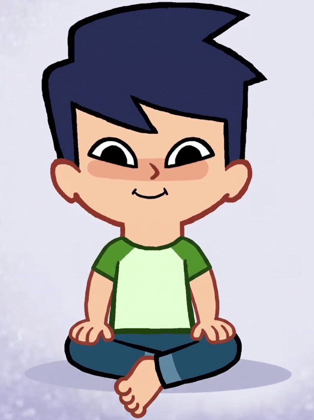 Super Simple Boy Sitting Crisscrossed (shoes off) (1 foot, 4 toes) (hands on your knees) (without shoes) (other foot hidden (unpeeked and invisible))