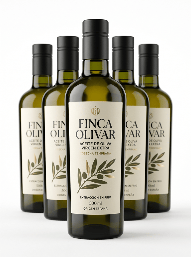 The label must look like a physical self-adhesive label applied onto the container, with visible edges and realistic material texture. It must NOT look like graphics printed directly onto the packaging.

Ultra-premium commercial packaging photography created for a premium self-adhesive label manufacturer, featuring an elegant dark green glass bottle of extra virgin olive oil.

The main bottle is perfectly centered in the foreground and dominates the composition. Three identical bottles are positioned directly behind it in a clean aligned formation, slightly out of focus to create depth.

THE SELF-ADHESIVE LABEL MUST BE THE ABSOLUTE VISUAL PROTAGONIST OF THE IMAGE.

The purpose of the photograph is to showcase the exceptional visual result of a professionally printed premium self-adhesive label applied to a glass container.

The front label must be large, perfectly centered, completely visible and razor-sharp.

Contemporary premium Mediterranean label design, sophisticated and current, avoiding traditional or rustic olive oil aesthetics.

Elegant combination of warm ivory, deep olive green, black and carefully selected metallic gold details.

Modern refined typography, strong visual hierarchy, generous negative space and a sophisticated contemporary illustration of olive leaves integrated into the graphic design.

Selective metallic details enhance the logo and small graphic elements without overwhelming the design.

All visible label text must be written in correct Spanish.

Use realistic wording such as:

FINCA OLIVAR

ACEITE DE OLIVA
VIRGEN EXTRA

COSECHA TEMPRANA

EXTRACCIÓN EN FRÍO

500 ml

ORIGEN ESPAÑA

The label must look like a real professionally printed self-adhesive label, physically applied to the curved glass surface.

Clearly visible label edges, realistic paper texture and perfect adhesion to the bottle.

The label must NOT look digitally printed directly onto the glass.

The dark green glass must remain clearly visible around the label so the viewer immediately understands that the adhesive label is applied onto a glass container.

Premium dark green glass bottle with elegant proportions and black aluminum screw cap.

Subtle golden-green olive oil visible through the glass.

Professional studio product photography.

PURE WHITE seamless background (#FFFFFF).

The background must be genuinely white, not beige, cream or light gray.

Front view.

Centered composition.

Generous clean white space surrounding the products.

Soft natural contact shadows only.

Controlled high-key studio lighting revealing the shape, transparency and reflections of the glass while keeping the label perfectly readable.

Ultra-sharp label details.

Hyper-realistic glass.

Realistic commercial packaging.

Premium contemporary European packaging design.

8K ultra-high definition.

Designed by a Pentawards-winning packaging designer.

NO rustic scenery.
NO wooden table.
NO olive grove.
NO olives beside the bottle.
NO bread.
NO kitchen.
NO Mediterranean landscape.
NO excessive gold.
NO vintage typography.
NO ornamental borders.
NO arabesque patterns.
NO direct printing on the glass.
NO label hidden by reflections.
NO gray background.
NO beige background.
NO decorative props.
NO clutter.
