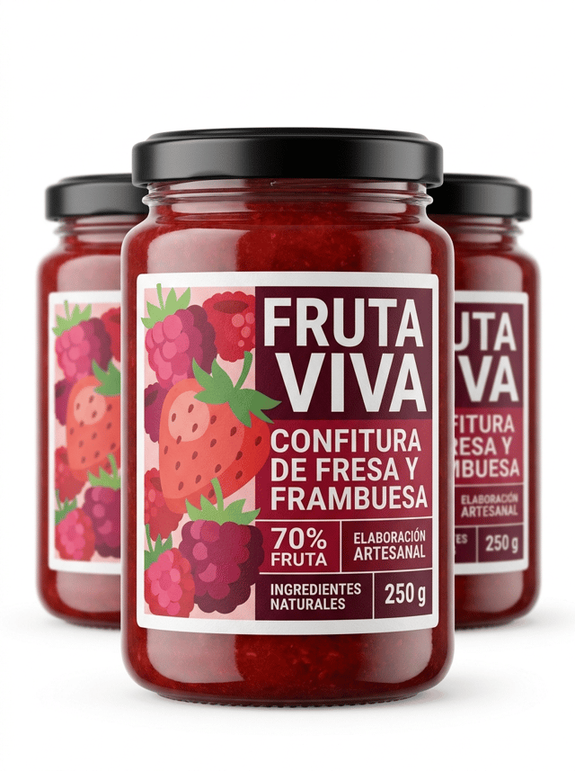 The label must look like a physical self-adhesive label applied onto the container, with visible edges and realistic material texture. It must NOT look like graphics printed directly onto the packaging.


Ultra-premium commercial packaging photography created for a premium self-adhesive label manufacturer, featuring a contemporary gourmet strawberry and raspberry preserve in an elegant transparent glass jar.

The main glass jar is perfectly centered in the foreground and dominates the composition. Three identical glass jars are positioned directly behind it in a clean aligned formation, slightly out of focus to create elegant depth.

THE SELF-ADHESIVE LABEL MUST BE THE ABSOLUTE VISUAL PROTAGONIST OF THE IMAGE.

The purpose of the photograph is to showcase the exceptional visual result of a professionally printed premium self-adhesive label applied to a transparent glass food jar.

The front label must be large, perfectly centered, completely visible and razor-sharp.

Create a bold, contemporary and premium gourmet food label with a fresh visual identity.

The design should be colorful, modern and highly attractive, avoiding traditional rustic jam packaging.

Use a sophisticated combination of strawberry red, raspberry pink, deep burgundy and small accents of fresh green combined with clean cream or white areas.

Integrate a large high-quality contemporary illustration of strawberries and raspberries into the label design.

The fruit illustration should be visually powerful and occupy an important part of the label, creating immediate product recognition.

Use modern oversized typography, strong visual hierarchy and carefully balanced graphic elements.

The design must feel like an award-winning contemporary European gourmet food brand sold in premium supermarkets and delicatessen stores.

All visible label text must be written in correct Spanish.

Use realistic wording such as:

FRUTA VIVA

CONFITURA DE
FRESA Y FRAMBUESA

70% FRUTA

ELABORACIÓN ARTESANAL

INGREDIENTES NATURALES

250 g

The self-adhesive label must look like a REAL PHYSICAL LABEL applied onto the glass jar.

The edges of the label must be clearly visible.

Realistic premium paper label texture.

Perfect adhesion following the curved surface of the jar.

The printed graphics must NOT look printed directly onto the glass.

Leave visible transparent glass around the label so the viewer immediately understands that the adhesive label is applied onto a glass container.

The rich red color and natural texture of the fruit preserve must be clearly visible through the transparent glass.

Use an elegant modern glass jar with realistic thickness and premium proportions.

Matte black or deep burgundy metal screw lid.

Professional studio product photography.

PURE WHITE seamless background (#FFFFFF).

The background must be genuinely pure white, not beige, cream, warm gray or light gray.

Front view.

Centered composition.

The main jar occupies approximately 65–70% of the visual height.

Three identical jars aligned behind the main product, slightly separated and softly out of focus.

Generous clean white space surrounding the products.

Soft natural contact shadows only.

Controlled high-key studio lighting designed to emphasize the transparency, thickness and reflections of the glass while keeping the label perfectly readable.

The foreground label must be tack-sharp.

Hyper-realistic transparent glass.

Ultra-sharp label printing.

Realistic commercial packaging.

Premium contemporary European food branding.

8K ultra-high definition.

Designed by a Pentawards-winning packaging designer.

NO rustic aesthetic.
NO gingham fabric.
NO wooden lid.
NO kraft label.
NO handwritten vintage typography.
NO countryside imagery.
NO wooden table.
NO fruit placed around the jar.
NO spoon.
NO breakfast scene.
NO kitchen.
NO decorative props.
NO beige background.
NO gray background.
NO vintage packaging.
NO ornamental borders.
NO arabesque patterns.
NO graphics printed directly onto the glass.
NO label hidden by reflections.
NO clutter.