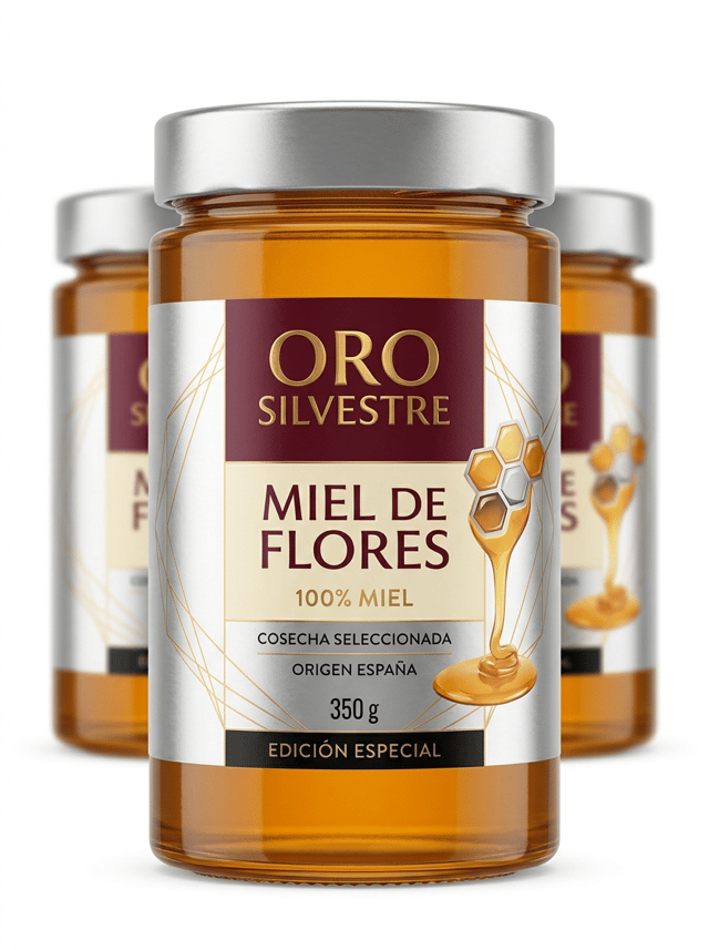The label must look like a physical self-adhesive label applied onto the container, with visible edges and realistic material texture. It must NOT look like graphics printed directly onto the packaging.
Ultra-premium commercial packaging photography created for a premium self-adhesive label manufacturer, featuring a sophisticated gourmet honey product in an elegant transparent glass jar.
The main glass jar is perfectly centered in the foreground and dominates the composition. Three identical jars are positioned directly behind it in a clean aligned formation, slightly out of focus to create elegant depth.
THE METALLIC SELF-ADHESIVE LABEL MUST BE THE ABSOLUTE VISUAL PROTAGONIST OF THE IMAGE.
The purpose of the photograph is to showcase the exceptional visual result of a professionally printed metallic self-adhesive label applied to a premium glass container.
The label is produced using premium metallic silver self-adhesive material.
IMPORTANT: the entire label must NOT appear metallic.
Large areas of the metallic material are intentionally covered with opaque inks, while carefully selected areas remain exposed to reveal the original metallic surface.
The exposed metallic effect must appear ONLY in strategic graphic elements such as:
• the brand logo
• selected typography
• fine geometric lines
• parts of the honey illustration
• small premium graphic details
Some exposed metallic areas have a sophisticated warm golden appearance created through transparent yellow and amber inks printed over the silver metallic substrate.
The result creates realistic selective gold and silver metallic reflections produced by the actual label material, NOT by fake digital gradients.
Create a bold, sophisticated and highly contemporary gourmet label.
The design combines deep burgundy, warm ivory, rich amber and black with selective metallic gold and silver details.
Include a large contemporary graphic illustration inspired by honeycomb geometry and flowing honey.
The illustration must feel modern, artistic and editorial, NOT rustic or traditional.
Use strong contemporary typography, excellent hierarchy and carefully controlled negative space.
The label should immediately communicate premium quality and sophisticated commercial packaging.
All visible label text must be written in correct Spanish.
Use realistic wording such as:
ORO SILVESTRE
MIEL DE FLORES
100% MIEL
COSECHA SELECCIONADA
ORIGEN ESPAÑA
350 g
EDICIÓN ESPECIAL
The metallic self-adhesive label must look like a REAL PHYSICAL LABEL applied onto the glass jar.
Clearly visible label edges.
Realistic metallic film texture.
Perfect adhesion following the curved surface of the glass.
The label must NOT look printed directly onto the glass.
The metallic reflections must physically follow the lighting conditions of the studio.
The exposed metallic areas must show subtle realistic changes in reflection depending on the curvature and angle of the jar.
The transparent glass must remain clearly visible around the label.
The honey inside the jar has a rich natural golden amber color and realistic viscosity, visible through the transparent glass.
Use an elegant contemporary cylindrical glass jar with premium proportions and a matte black metal screw lid.
Professional studio product photography.
PURE WHITE seamless background (#FFFFFF).
The background must be genuinely pure white, not beige, cream, warm gray or light gray.
Front view.
Centered composition.
The main jar occupies approximately 65–70% of the visual height.
Three identical jars aligned behind the main product, slightly separated and softly out of focus.
Generous clean white space surrounding the products.
Soft natural contact shadows only.
Controlled high-key studio lighting specifically designed to reveal the metallic reflections of the self-adhesive label while maintaining perfect readability.
The foreground label must be razor-sharp.
Hyper-realistic transparent glass.
Hyper-realistic metallic self-adhesive material.
Ultra-sharp commercial printing.
Realistic selective metallic reflections.
Premium contemporary European packaging.
8K ultra-high definition.
Designed by a Pentawards-winning packaging designer.
NO fully metallic label.
NO entire gold label.
NO fake gold gradient.
NO fake digital metallic effects.
NO gold foil stamping effect.
NO rustic honey branding.
NO kraft paper.
NO handwritten typography.
NO bees flying around the product.
NO honey dipper.
NO flowers.
NO honeycomb props.
NO wooden table.
NO countryside scenery.
NO vintage design.
NO ornamental borders.
NO arabesque patterns.
NO graphics printed directly onto the glass.
NO label hidden by reflections.
NO beige background.
NO gray background.
NO decorative props.
NO clutter.