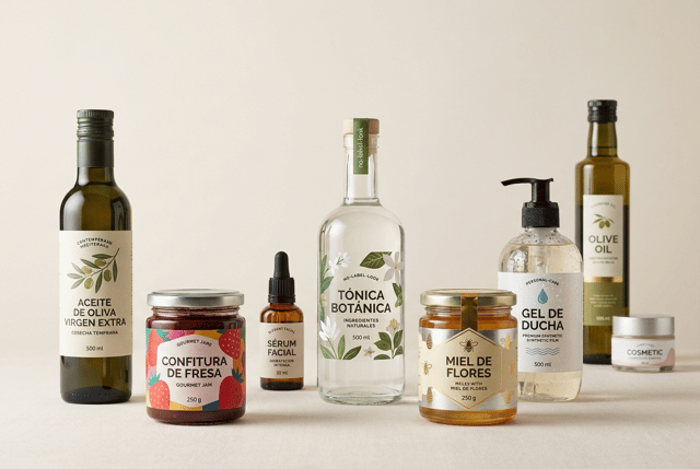 The label must look like a physical self-adhesive label applied onto the container, with visible edges and realistic material texture. It must NOT look like graphics printed directly onto the packaging.
Ultra-premium editorial packaging campaign created for a premium self-adhesive label manufacturer, featuring a sophisticated mixed collection of glass bottles and jars with different professional self-adhesive label solutions.
The image must immediately communicate:
PREMIUM SELF-ADHESIVE LABELS FOR GLASS BOTTLES AND JARS.
Create an elegant wide-format editorial composition featuring different types, shapes, sizes and colors of glass packaging.
The collection includes:
• an elegant dark green glass bottle of extra virgin olive oil
• a transparent gourmet jam jar
• an amber glass cosmetic serum bottle with dropper
• a transparent premium botanical beverage bottle
• a transparent gourmet honey jar
• an elegant transparent glass personal-care bottle with pump dispenser
Arrange approximately 7–9 glass containers in a sophisticated composition with different heights and shapes.
Some products are positioned in the foreground and others slightly behind them, creating natural depth and visual rhythm.
Do NOT arrange all containers in a perfectly straight line.
The composition must feel like a premium international packaging campaign rather than a simple product catalogue.
THE SELF-ADHESIVE LABELS ARE THE ABSOLUTE VISUAL PROTAGONISTS OF THE IMAGE.
Show clearly different self-adhesive label technologies and finishes across the glass containers:
PREMIUM PAPER LABEL
A sophisticated textured paper label on the olive oil bottle with contemporary Mediterranean graphic design.
COLORFUL PREMIUM PAPER LABEL
A vibrant contemporary label on the gourmet jam jar featuring modern fruit illustrations and bold typography.
PREMIUM COSMETIC LABEL
An elegant contemporary label on the amber serum bottle with sophisticated editorial graphics.
TRANSPARENT NO-LABEL-LOOK LABEL
A crystal-clear self-adhesive film label applied to the transparent beverage bottle. Large areas remain transparent while selected graphics use opaque white ink and color.
The subtle physical edges of the transparent adhesive film must remain visible.
METALLIC SELF-ADHESIVE LABEL
A premium metallic label applied to the honey jar. Most of the metallic substrate is covered with opaque inks while carefully selected areas remain exposed, creating realistic selective gold and silver metallic reflections.
WATER-RESISTANT LABEL
A premium synthetic self-adhesive film label applied to the transparent personal-care bottle. Realistic condensation and small water droplets are visible directly on the label and glass while the label remains perfectly adhered, flat and readable.
Every label must look like a REAL PHYSICAL SELF-ADHESIVE LABEL applied onto the glass.
Clearly visible label edges where appropriate.
Realistic paper, film, transparent and metallic material textures.
Perfect adhesion following the curved surfaces of the different glass containers.
THE GRAPHICS MUST NOT LOOK PRINTED DIRECTLY ONTO THE GLASS.
The viewer must immediately understand that different adhesive label materials have been applied to different glass containers.
Create different but visually compatible contemporary brand identities for the products.
The collection should demonstrate the versatility of professional self-adhesive labels rather than appearing to belong to one single product brand.
Use sophisticated contemporary packaging design.
Modern typography.
Large graphic elements.
Premium illustrations.
Excellent visual hierarchy.
Carefully controlled use of color.
No old-fashioned packaging.
All visible label text must be written in correct Spanish.
Use realistic wording distributed naturally across the different products, such as:
ACEITE DE OLIVA VIRGEN EXTRA
COSECHA TEMPRANA
CONFITURA DE FRESA
SÉRUM FACIAL
HIDRATACIÓN INTENSA
TÓNICA BOTÁNICA
MIEL DE FLORES
GEL DE DUCHA
INGREDIENTES NATURALES
500 ml
250 g
30 ml
The different glass materials must be immediately recognizable:
transparent glass,
amber glass,
dark green glass,
thick premium glass,
small glass jars,
tall glass bottles.
Show realistic transparency, thickness, refraction and subtle reflections in every glass container.
Professional premium editorial product photography.
Wide horizontal composition suitable for a website hero banner.
Generous negative space around the collection so website text can be placed over the image if necessary.
Background in very soft warm neutral tones.
Elegant warm ivory / very pale stone background, significantly lighter than the products.
Subtle premium studio surface with almost imperceptible natural texture.
The background must remain minimal and must NEVER compete visually with the labels.
Soft architectural daylight combined with controlled professional studio lighting.
Natural elegant shadows.
No dramatic contrast.
The foreground labels must be razor-sharp.
Products further behind may have a very subtle depth of field, but all packaging must remain recognizable.
Hyper-realistic transparent, amber and green glass.
Hyper-realistic self-adhesive materials.
Exceptional commercial label printing.
Premium contemporary European packaging.
Sophisticated editorial art direction.
Clean, modern and timeless aesthetic.
8K ultra-high definition.
Designed by a Pentawards-winning packaging designer.
NO rustic scenery.
NO kitchen.
NO bathroom.
NO wooden table.
NO olive branches outside the packaging.
NO loose fruit.
NO flowers.
NO towels.
NO decorative props.
NO excessive water.
NO CGI splashes.
NO fully metallic packaging.
NO direct printing onto the glass.
NO shrink sleeves.
NO labels floating away from containers.
NO vintage typography.
NO ornamental borders.
NO arabesque patterns.
NO clutter.
NO dark background.
NO strong colored background.