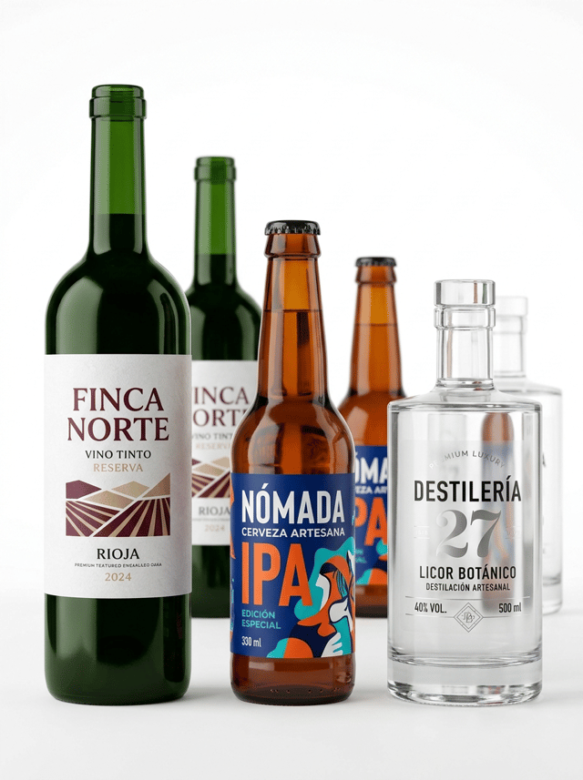 The label must look like a physical self-adhesive label applied onto the container, with visible edges and realistic material texture. It must NOT look like graphics printed directly onto the packaging.


Ultra-premium commercial packaging photography created for a premium self-adhesive label manufacturer, featuring a sophisticated collection of glass bottles for wine, craft beer and premium spirits.

The purpose of the image is to showcase the versatility, design possibilities and exceptional printing quality of professional self-adhesive labels applied to different types of glass bottles.

THE SELF-ADHESIVE LABELS MUST BE THE ABSOLUTE VISUAL PROTAGONISTS OF THE IMAGE.

Create an elegant composition featuring:

• one premium wine bottle in dark green glass
• one contemporary craft beer bottle in amber glass
• one premium spirits bottle in thick transparent glass

The three main bottles are positioned in the foreground at slightly different heights, creating a sophisticated editorial composition.

Behind them, three additional bottles from the same product families are positioned slightly out of focus, creating depth and reinforcing the idea of a complete collection.

The bottles must have clearly different shapes so the viewer immediately understands the versatility of self-adhesive labels for different bottle formats.

Each bottle uses a DIFFERENT PROFESSIONAL SELF-ADHESIVE LABEL SOLUTION.

WINE BOTTLE:

Use a premium textured white paper self-adhesive label.

Contemporary Spanish wine branding with sophisticated editorial design.

Deep burgundy, warm ivory and subtle black details.

Large modern typography combined with an elegant contemporary illustration of a vineyard landscape reduced to abstract geometric shapes.

The paper texture must be clearly visible in the foreground.

The label must look refined, modern and premium, NOT traditional or rustic.

Visible text in Spanish:

FINCA NORTE

VINO TINTO

RESERVA

RIOJA

2024


CRAFT BEER BOTTLE:

Use a bold contemporary self-adhesive label with a modern colorful graphic identity.

Deep cobalt blue, vivid orange, turquoise and white.

Large expressive typography combined with a striking contemporary illustration.

The design should feel youthful, current and sophisticated, similar to premium independent European craft beer brands.

Visible text in Spanish:

NÓMADA

CERVEZA ARTESANA

IPA

EDICIÓN ESPECIAL

330 ml


PREMIUM SPIRITS BOTTLE:

Use a transparent premium self-adhesive film label creating an elegant NO-LABEL-LOOK effect.

Large areas of the label remain transparent, allowing the thick premium glass and the liquid inside to remain visible.

Selected typography and graphic elements are printed using opaque white ink combined with subtle metallic silver details.

The physical transparent label edges must remain subtly visible so the viewer understands that it is a REAL SELF-ADHESIVE LABEL and NOT direct printing onto the glass.

Contemporary luxury spirits branding.

Visible text in Spanish:

DESTILERÍA 27

LICOR BOTÁNICO

DESTILACIÓN ARTESANAL

40% VOL.

500 ml


IMPORTANT:

Every label must look like a REAL PHYSICAL SELF-ADHESIVE LABEL applied onto the bottle.

Clearly visible label edges where appropriate.

Realistic paper, film and adhesive material textures.

Perfect adhesion following the curved surfaces of the bottles.

The graphics must NOT look printed directly onto the glass.

The labels must occupy a significant visual area of each bottle and remain completely visible from the camera angle.

The labels must demonstrate exceptional commercial printing quality.

Ultra-sharp typography.

Perfect registration.

Premium materials.

Realistic finishing.

The viewer must immediately understand that the image is showcasing DIFFERENT LABEL SOLUTIONS FOR DIFFERENT TYPES OF GLASS BOTTLES.

Professional editorial product photography.

PURE WHITE seamless background (#FFFFFF).

The background must be genuinely pure white, not beige, cream or gray.

Clean studio surface.

Front three-quarter view, almost frontal, allowing the shape of each bottle to be appreciated while keeping every label clearly visible.

Generous clean white space surrounding the composition.

Soft natural contact shadows only.

Controlled high-key studio lighting carefully designed to reveal:

• the texture of the wine paper label
• the vivid printing of the beer label
• the transparency of the spirits label
• the different colors and thicknesses of the glass
• exceptional print definition

The foreground labels must be razor-sharp.

The background bottles may have a subtle natural depth of field but must remain recognizable.

Hyper-realistic dark green glass.

Hyper-realistic amber glass.

Hyper-realistic transparent premium glass.

Exceptional self-adhesive label printing.

Contemporary European packaging design.

Premium commercial photography.

8K ultra-high definition.

Designed by a Pentawards-winning packaging designer.

NO wine glasses.
NO beer glasses.
NO cocktail glasses.
NO grapes.
NO hops outside the label.
NO barrels.
NO wooden table.
NO bar.
NO winery scenery.
NO rustic aesthetic.
NO vintage overload.
NO traditional wine château illustration.
NO ornamental borders.
NO arabesque patterns.
NO decorative props.
NO direct printing onto the glass.
NO shrink sleeves.
NO label hidden by reflections.
NO gray background.
NO beige background.
NO clutter.