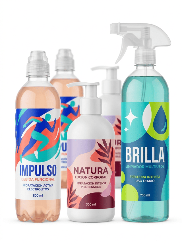 The label must look like a physical self-adhesive label applied onto the container, with visible edges and realistic material texture. It must NOT look like graphics printed directly onto the packaging.


Ultra-premium commercial packaging photography created for a premium self-adhesive label manufacturer, featuring a contemporary collection of plastic and PET bottles from different consumer sectors.

The purpose of the image is to showcase the versatility, exceptional printing quality and perfect adhesion of professional self-adhesive labels applied to different plastic bottle shapes and curved surfaces.

THE SELF-ADHESIVE LABELS MUST BE THE ABSOLUTE VISUAL PROTAGONISTS OF THE IMAGE.

Create an elegant contemporary composition featuring three clearly different types of plastic bottles:

• one transparent PET functional beverage bottle
• one premium white plastic cosmetic bottle
• one transparent PET household cleaning spray bottle

The three main bottles are positioned in the foreground at slightly different heights.

Behind them, three additional bottles from the same product families are positioned slightly out of focus, creating natural depth.

The bottles must have clearly different shapes, curves and proportions so the viewer immediately understands the adaptability of self-adhesive labels to different plastic packaging formats.

IMPORTANT:

The labels must adapt perfectly to the CURVED SURFACES of the plastic bottles.

No lifting edges.

No bubbles.

No wrinkles.

No deformation.

Perfect adhesion.


FUNCTIONAL BEVERAGE:

Use a modern transparent PET sports and functional beverage bottle with contemporary ergonomic curves.

The bottle contains a lightly colored translucent beverage.

Apply a premium white synthetic self-adhesive film label with a bold, energetic and contemporary design.

Use electric blue, vivid coral, turquoise and clean white.

Integrate a large dynamic abstract illustration inspired by movement, hydration and energy.

Strong oversized typography.

Modern geometric elements.

The design should feel youthful, athletic and premium without looking like an extreme energy drink.

Visible text must be written in Spanish:

IMPULSO

BEBIDA FUNCIONAL

HIDRATACIÓN ACTIVA

ELECTROLITOS

500 ml


COSMETIC BOTTLE:

Use an elegant matte white plastic bottle with modern curved shoulders and premium pump dispenser.

Apply a sophisticated self-adhesive label with contemporary personal-care branding.

Use soft lilac, coral, warm pink and deep burgundy combined with clean white areas.

Include a large modern abstract botanical illustration integrated into the label.

The design must feel contemporary, colorful and premium rather than generic minimalist cosmetics.

Visible text must be written in Spanish:

NATURA

LOCION CORPORAL

HIDRATACIÓN INTENSA

PIEL SENSIBLE

300 ml


HOUSEHOLD CLEANING BOTTLE:

Use a modern transparent PET spray bottle with an ergonomic trigger.

The liquid inside has a subtle aqua tone.

Apply a premium synthetic self-adhesive label suitable for household cleaning applications.

Create a fresh, powerful and contemporary design using turquoise, deep blue, vivid lime and white.

Integrate large abstract graphics inspired by freshness, cleanliness and movement.

Avoid traditional supermarket cleaning-product aesthetics.

Visible text must be written in Spanish:

BRILLA

LIMPIADOR MULTIUSOS

FRESCURA INTENSA

USO DIARIO

750 ml


ALL THREE LABELS:

Every label must look like a REAL PHYSICAL SELF-ADHESIVE LABEL applied onto the plastic container.

Clearly visible label edges.

Realistic synthetic film or premium paper texture depending on the application.

The graphics must NOT look printed directly onto the bottle.

The bottles must remain visible around the labels so the viewer can clearly distinguish the packaging material from the self-adhesive label.

The labels must occupy a significant visual area of each bottle.

The labels must remain completely visible from the camera angle.

Exceptional commercial printing quality.

Ultra-sharp typography.

Perfect color registration.

Perfect die-cut edges.

Perfect adhesion.

The image must clearly demonstrate that professional self-adhesive labels can adapt perfectly to different plastic materials, bottle shapes and curved surfaces.

Professional editorial product photography.

PURE WHITE seamless background (#FFFFFF).

The background must be genuinely pure white, not gray, beige or cream.

Front three-quarter view, almost frontal.

Centered balanced composition.

Generous clean white space surrounding the bottles.

Soft natural contact shadows only.

Controlled high-key studio lighting designed to reveal:

• the transparency of PET
• the matte surface of the white plastic bottle
• the different curved bottle geometries
• the physical edges of the labels
• perfect label adhesion
• exceptional print definition

The three foreground labels must be razor-sharp.

The bottles positioned behind may have a subtle natural depth of field.

Hyper-realistic PET.

Hyper-realistic HDPE plastic.

Hyper-realistic trigger and pump components.

Exceptional self-adhesive label printing.

Contemporary European packaging design.

Premium commercial photography.

8K ultra-high definition.

Designed by a Pentawards-winning packaging designer.

NO glass bottles.
NO cans.
NO shrink sleeves.
NO wraparound shrink film.
NO graphics printed directly onto the plastic.
NO labels floating away from bottles.
NO peeling labels.
NO wrinkles.
NO bubbles.
NO deformed labels.
NO generic supermarket packaging.
NO vintage design.
NO excessive text.
NO decorative props.
NO fruit outside the packaging.
NO plants.
NO gym equipment.
NO bathroom setting.
NO cleaning accessories.
NO colored background.
NO gray background.
NO beige background.
NO clutter.