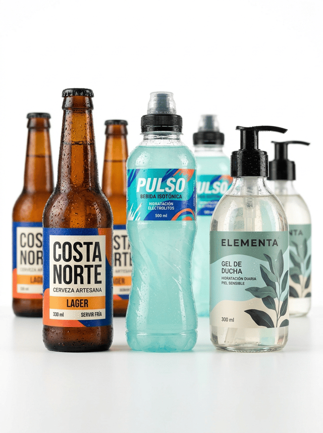 The label must look like a physical self-adhesive label applied onto the container, with visible edges and realistic material texture. It must NOT look like graphics printed directly onto the packaging.
Ultra-premium commercial packaging photography created for a premium self-adhesive label manufacturer, featuring a contemporary collection of different bottles exposed to water, condensation and high-humidity conditions.
The purpose of the image is to visually demonstrate the exceptional resistance, durability and adhesion of professional self-adhesive labels applied to different bottle materials.
THE SELF-ADHESIVE LABELS MUST BE THE ABSOLUTE VISUAL PROTAGONISTS OF THE IMAGE.
Create a sophisticated composition featuring three clearly different bottles:
• one cold amber glass craft beer bottle
• one transparent PET sports hydration bottle
• one transparent personal-care bottle with pump dispenser
The three main bottles are positioned in the foreground at slightly different heights.
Behind them, three additional bottles from the same product families are positioned slightly out of focus, creating natural depth.
All bottles are covered with REALISTIC SMALL WATER DROPLETS AND LIGHT CONDENSATION.
IMPORTANT:
Water droplets must be clearly visible directly ON THE SURFACE OF THE SELF-ADHESIVE LABELS, not only on the bottles.
Despite exposure to water and humidity, every label remains:
• perfectly adhered
• completely flat
• razor-sharp
• fully readable
• structurally intact
• with perfectly sealed edges
• without wrinkles
• without bubbles
• without lifting corners
• without ink deterioration
The image must immediately communicate:
HIGH-PERFORMANCE SELF-ADHESIVE LABELS FOR WET AND HUMID ENVIRONMENTS.
COLD BEER BOTTLE:
Use an elegant amber glass craft beer bottle with visible cold condensation.
Apply a premium wet-strength self-adhesive label designed for bottles exposed to refrigeration and moisture.
Contemporary craft beer design using deep cobalt blue, vivid orange, warm white and black.
Bold modern typography and a large contemporary graphic illustration.
Visible text must be written in Spanish:
COSTA NORTE
CERVEZA ARTESANA
LAGER
330 ml
SERVIR FRÍA
SPORTS DRINK:
Use a contemporary transparent PET sports bottle with ergonomic curved shape.
The beverage inside has a subtle translucent turquoise tone.
Apply a premium synthetic self-adhesive film label resistant to water and condensation.
Bold contemporary design using turquoise, electric blue, coral and white.
Dynamic abstract graphics inspired by hydration and movement.
Visible text must be written in Spanish:
PULSO
BEBIDA ISOTÓNICA
HIDRATACIÓN
ELECTROLITOS
500 ml
PERSONAL-CARE BOTTLE:
Use an elegant transparent glass or PET pump bottle containing a very subtle translucent personal-care product.
Apply a premium matte synthetic self-adhesive film label designed for bathrooms and high-humidity environments.
Sophisticated contemporary design using eucalyptus green, soft aqua, warm ivory and deep charcoal.
Large modern botanical illustration integrated into the graphic design.
Visible text must be written in Spanish:
ELEMENTA
GEL DE DUCHA
HIDRATACIÓN DIARIA
PIEL SENSIBLE
300 ml
EVERY LABEL MUST LOOK LIKE A REAL PHYSICAL SELF-ADHESIVE LABEL APPLIED ONTO THE BOTTLE.
Clearly visible physical label edges.
Realistic synthetic film and wet-strength label material textures.
Perfect adhesion following the curved surfaces of the bottles.
The graphics must NOT look printed directly onto the packaging.
The labels must occupy a significant visual area of each bottle and remain completely visible from the camera angle.
The presence of water must emphasize the PERFORMANCE OF THE LABEL, not create a decorative splash effect.
Water droplets should naturally sit on both the bottle surface and the label surface.
The droplets must be small enough that the label design remains completely readable.
Professional editorial product photography.
PURE WHITE seamless background (#FFFFFF).
The background must be genuinely pure white, not blue, gray, beige or cream.
Clean white studio surface.
Front three-quarter view, almost frontal.
Balanced centered composition.
Generous clean white space surrounding the products.
Soft natural contact shadows.
Controlled high-key studio lighting specifically designed to reveal:
• realistic condensation
• individual water droplets
• water droplets sitting directly on the labels
• physical label edges
• perfect adhesion
• synthetic label texture
• glass and PET transparency
• exceptional printing definition
The three foreground labels must be razor-sharp.
Background bottles may have a subtle natural depth of field.
Hyper-realistic water droplets.
Hyper-realistic condensation.
Hyper-realistic glass and PET.
Hyper-realistic self-adhesive label materials.
Exceptional commercial printing quality.
Contemporary European packaging design.
Premium commercial product photography.
8K ultra-high definition.
Designed by a Pentawards-winning packaging designer.
NO dramatic water splashes.
NO bottles submerged in water.
NO ice cubes hiding the labels.
NO wet damaged paper.
NO peeling labels.
NO curled corners.
NO wrinkled labels.
NO bubbles under the labels.
NO ink bleeding.
NO dissolved printing.
NO graphics printed directly onto bottles.
NO shrink sleeves.
NO bathroom scenery.
NO bar scenery.
NO gym scenery.
NO decorative props.
NO colored background.
NO gray background.
NO beige background.
NO clutter.