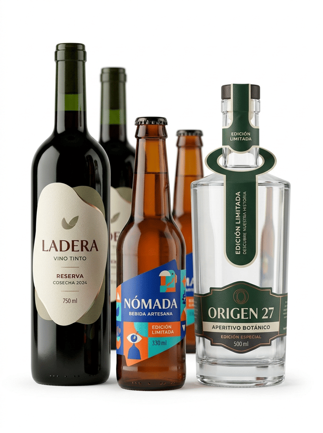 The label must look like a physical self-adhesive label applied onto the container, with visible edges and realistic material texture. It must NOT look like graphics printed directly onto the packaging.
Ultra-premium commercial packaging photography created for a premium self-adhesive label manufacturer, featuring a sophisticated collection of premium bottles showcasing custom die-cut self-adhesive labels and special neck-label applications.
The purpose of the image is to demonstrate that professional bottle labels can be manufactured in CUSTOM SHAPES, SPECIAL DIE-CUT FORMATS and CREATIVE NECK APPLICATIONS rather than conventional rectangular formats.
THE LABELS MUST BE THE ABSOLUTE VISUAL PROTAGONISTS OF THE IMAGE.
Create an elegant contemporary composition featuring THREE clearly different premium bottles:
• a dark green glass wine bottle with a large custom die-cut self-adhesive label
• an amber glass craft beverage bottle with an asymmetric shaped self-adhesive label
• a thick transparent glass premium beverage bottle with a sophisticated neck-hanging label combined with a front self-adhesive label
The three main bottles are positioned in the foreground at slightly different heights.
Three additional bottles may appear aligned behind them, softly out of focus, creating depth while keeping the front labels completely dominant.
The different bottle silhouettes and label shapes must be immediately recognizable.
1. WINE BOTTLE — ORGANIC DIE-CUT LABEL
Use an elegant dark green glass wine bottle.
Apply a premium textured paper self-adhesive label with a sophisticated CUSTOM ORGANIC DIE-CUT SHAPE.
The label must NOT be rectangular, square or oval.
Create an elegant irregular silhouette inspired by the geometry of a vineyard landscape: subtle curved edges combined with clean architectural angles.
The custom contour must be clearly visible against the dark green glass.
The die-cut shape should look sophisticated and commercially manufacturable, not whimsical or decorative.
Contemporary premium Spanish wine branding.
Warm ivory textured paper.
Deep burgundy typography.
Muted olive details.
Small selective metallic accent.
Visible text in Spanish:
LADERA
VINO TINTO
RESERVA
COSECHA 2024
750 ml
2. AMBER BOTTLE — ASYMMETRIC DIE-CUT LABEL
Use a contemporary amber glass bottle with a modern crown cap.
Apply a bold self-adhesive label with an asymmetric geometric die-cut shape.
The label contour incorporates diagonal cuts, subtle curves and a distinctive modern silhouette.
The shape itself becomes part of the graphic identity.
Use a contemporary color palette combining cobalt blue, vivid orange, turquoise and warm white.
Integrate a large modern illustration that follows and interacts with the custom die-cut contour.
The design must feel current, bold and premium.
Visible text in Spanish:
NÓMADA
BEBIDA ARTESANA
EDICIÓN LIMITADA
330 ml
3. PREMIUM TRANSPARENT BOTTLE — NECK HANGER + FRONT LABEL
Use an elegant thick transparent glass bottle with sophisticated architectural proportions.
Apply a premium front self-adhesive label combined with an elegant printed NECK-HANGING LABEL placed around the bottle neck.
The neck hanger must be clearly visible and physically separate from the front adhesive label.
The hanging label should have a sophisticated custom die-cut shape with a circular opening around the bottle neck and an elongated printed section hanging naturally down the front.
The neck hanger must look like a REAL PRINTED AND DIE-CUT PIECE OF MATERIAL, not part of the bottle.
Use a refined contemporary graphic identity combining deep forest green, warm ivory, charcoal and selective metallic details.
Visible front-label text in Spanish:
ORIGEN 27
APERITIVO BOTÁNICO
EDICIÓN ESPECIAL
500 ml
Visible neck-hanger text:
EDICIÓN LIMITADA
DESCUBRE NUESTRA HISTORIA
IMPORTANT FOR ALL THREE PRODUCTS:
The custom label shapes must be CLEARLY VISIBLE.
Do not hide the die-cut contours with dark graphics or reflections.
Leave visible bottle surface surrounding every label so the viewer can clearly appreciate the shape of the adhesive material.
Every self-adhesive label must look like a REAL PHYSICAL LABEL applied onto the bottle.
Clearly visible physical edges.
Realistic paper or film thickness.
Perfect die-cut contours.
Perfect adhesion following the curved bottle surfaces.
The neck hanger must behave naturally according to gravity and must remain visibly separate from the self-adhesive front label.
The graphics must NOT look printed directly onto the glass.
The image must immediately communicate:
CUSTOM LABEL SHAPES
SPECIAL DIE-CUTTING
CREATIVE BOTTLE LABEL SOLUTIONS
PREMIUM NECK LABELS
Exceptional commercial printing quality.
Ultra-sharp typography.
Perfect registration.
Extremely precise die-cut edges.
Professional editorial product photography.
PURE WHITE seamless background (#FFFFFF).
The background must be genuinely pure white, not beige, cream or gray.
Clean white studio surface.
Front three-quarter view, almost frontal.
The camera angle must clearly reveal the custom contours of every label.
Balanced horizontal composition.
Generous clean white space surrounding the bottles.
Soft natural contact shadows only.
Controlled high-key studio lighting designed to reveal:
• the physical contour of each die-cut label
• the texture and thickness of the label materials
• the separation between label and bottle
• the construction of the neck hanger
• the different glass colors
• exceptional print definition
The three foreground labels must be razor-sharp.
Hyper-realistic glass.
Hyper-realistic paper and self-adhesive materials.
Exceptional commercial printing.
Contemporary European packaging design.
Premium editorial photography.
8K ultra-high definition.
Designed by a Pentawards-winning packaging designer.
NO conventional rectangular labels on all bottles.
NO simple oval labels.
NO excessive ornamental shapes.
NO baroque contours.
NO arabesque patterns.
NO heart-shaped labels.
NO star-shaped labels.
NO childish die-cut shapes.
NO oversized neck hanger hiding the bottle.
NO ribbon tied around the neck.
NO string tags.
NO fabric tags.
NO direct printing onto glass.
NO shrink sleeves.
NO floating labels.
NO peeling edges.
NO decorative props.
NO glasses.
NO fruit.
NO flowers.
NO wooden surfaces.
NO colored background.
NO beige background.
NO gray background.
NO clutter.