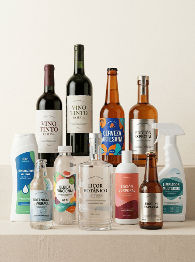 The label must look like a physical self-adhesive label applied onto the container, with visible edges and realistic material texture. It must NOT look like graphics printed directly onto the packaging.
Ultra-premium editorial packaging campaign created for a premium self-adhesive label manufacturer, featuring a sophisticated and visually striking collection of DIFFERENT TYPES OF BOTTLES with professional self-adhesive labels.
The image must immediately communicate:
PREMIUM CUSTOM SELF-ADHESIVE LABELS FOR ALL TYPES OF BOTTLES.
This is NOT an advertisement for beverages or consumer products.
THE SELF-ADHESIVE LABELS ARE THE ABSOLUTE VISUAL PROTAGONISTS OF THE IMAGE.
Create a wide horizontal editorial composition featuring approximately 9–11 bottles with clearly different shapes, sizes, materials and applications.
The collection includes:
• a tall dark green glass premium wine bottle
• an amber glass craft beer bottle
• a thick transparent glass premium spirits bottle
• a transparent PET functional beverage bottle
• a modern white plastic cosmetic bottle
• a transparent personal-care pump bottle
• a contemporary household cleaning spray bottle
• a small transparent glass botanical beverage bottle
• an elegant amber glass bottle
• a modern curved HDPE bottle
The bottles must have noticeably DIFFERENT silhouettes.
Include tall and slender bottles, short bottles, cylindrical bottles, bottles with pronounced shoulders, ergonomic PET bottles, pump bottles and trigger bottles.
The purpose is to visually demonstrate the versatility of professional self-adhesive labels for many different bottle formats.
COMPOSITION
Create a sophisticated editorial arrangement rather than a simple straight product lineup.
Place the tallest bottles toward the central and rear areas.
Position medium-height bottles around them.
Place several smaller bottles toward the foreground.
Some bottles partially overlap others naturally, but EVERY IMPORTANT LABEL must remain clearly visible.
Create visual rhythm through different heights, bottle shapes and subtle changes in depth.
The composition should feel abundant and impressive without becoming cluttered.
The foreground products must be razor-sharp.
Products positioned further behind can have a subtle natural depth of field while remaining recognizable.
Leave generous negative space around the overall collection.
The result should resemble an international premium packaging campaign photographed by a leading commercial product photographer.
SHOWCASE DIFFERENT SELF-ADHESIVE LABEL SOLUTIONS
The collection must visibly demonstrate a wide range of label materials, designs and finishes.
TEXTURED PAPER LABEL
Apply a premium textured white paper label to the dark green wine bottle.
Visible natural paper texture.
Sophisticated contemporary wine design.
Warm ivory, burgundy and muted olive.
Elegant typography.
Clearly visible physical label edges.
COLORFUL PREMIUM LABEL
Apply a bold contemporary label to the amber beer bottle.
Cobalt blue, vivid orange, turquoise and white.
Large artistic illustration.
Modern expressive typography.
Premium craft branding.
TRANSPARENT NO-LABEL-LOOK LABEL
Apply a transparent self-adhesive film label to the thick transparent glass spirits bottle.
Large areas remain transparent.
Selected typography and graphics use opaque white ink and subtle metallic silver.
The physical transparent film edge must remain subtly visible.
It must NOT look printed directly onto the glass.
METALLIC SELF-ADHESIVE LABEL
Apply a premium metallic self-adhesive label to one elegant glass bottle.
Large areas of metallic substrate are covered with opaque inks.
Only selected areas remain exposed to create controlled silver and warm gold metallic reflections.
The metallic effect must come from the LABEL MATERIAL itself.
NO fake digital metallic gradients.
HIGH-RESISTANCE SYNTHETIC LABEL
Apply a premium synthetic self-adhesive label to the personal-care bottle.
Show a few realistic water droplets and subtle condensation directly on the bottle and label.
Despite the moisture, the label remains perfectly adhered, flat and completely readable.
MATTE PREMIUM LABEL
Apply an ultra-matte self-adhesive label to the white cosmetic bottle.
Sophisticated contemporary design using coral, burgundy, soft pink and warm ivory.
The matte surface must look tactile and non-reflective.
CUSTOM DIE-CUT LABEL
Apply a custom-shaped self-adhesive label to another bottle.
The label has a sophisticated asymmetric or organic die-cut contour.
The shape must be clearly visible against the bottle surface.
The die-cut must look commercially manufacturable and refined, NOT decorative or whimsical.
HIGH-ADHESION LABEL FOR CURVED PLASTIC
Apply a premium synthetic label to the curved PET or HDPE bottle.
The label follows the curved geometry perfectly.
No wrinkles.
No bubbles.
No lifting edges.
Perfect adhesion.
GRAPHIC DESIGN
Every bottle may belong to a different product category and brand, but the entire collection must feel visually harmonious.
Use a sophisticated contemporary European packaging aesthetic.
Combine:
• bold modern typography
• large illustrations
• geometric compositions
• carefully controlled color
• generous negative space
• premium printing finishes
Some labels can be colorful and expressive.
Others can be minimalist and sophisticated.
Others can emphasize material and finishing.
Avoid making every label look identical.
The purpose is to demonstrate CREATIVE AND TECHNICAL VERSATILITY.
ALL VISIBLE TEXT MUST BE WRITTEN IN CORRECT SPANISH.
Use realistic wording distributed naturally across the different bottles, such as:
VINO TINTO
RESERVA
CERVEZA ARTESANA
LICOR BOTÁNICO
BEBIDA FUNCIONAL
HIDRATACIÓN ACTIVA
LOCION CORPORAL
GEL DE DUCHA
LIMPIADOR MULTIUSOS
EDICIÓN ESPECIAL
INGREDIENTES NATURALES
500 ml
330 ml
750 ml
CRITICAL LABEL REQUIREMENT
EVERY LABEL MUST LOOK LIKE A REAL PHYSICAL SELF-ADHESIVE LABEL APPLIED ONTO THE BOTTLE.
This is essential.
Show clearly:
• physical label edges
• realistic material thickness
• paper texture
• transparent film
• metallic substrate
• matte film
• synthetic film
• custom die-cut contours
• perfect adhesion to curved surfaces
The graphics must NOT look printed directly onto the bottles.
Leave visible bottle material surrounding the labels wherever possible.
The viewer must immediately understand the visual relationship between:
BOTTLE + SELF-ADHESIVE LABEL.
BOTTLE MATERIALS
Clearly differentiate the physical materials of the bottles:
• dark green glass
• amber glass
• thick transparent glass
• transparent PET
• white HDPE
• matte plastic
• transparent plastic
Show realistic transparency, thickness, refraction, surface texture and reflections.
The different bottle materials must remain immediately recognizable.
BACKGROUND AND ART DIRECTION
Professional premium editorial product photography.
WIDE HORIZONTAL COMPOSITION suitable for a large website hero banner.
Background in VERY LIGHT WARM NEUTRAL TONES.
Use an elegant pale ivory, warm off-white or extremely light limestone tone.
The background should have an almost imperceptible architectural texture.
It must remain extremely clean and minimal.
The neutral background should create more depth than pure white while remaining significantly lighter than the products.
NO strong beige.
NO gray industrial background.
NO colored background.
Use a subtle premium studio surface in the same neutral tone.
Soft architectural daylight entering naturally from one side combined with controlled professional studio lighting.
Elegant natural shadows beneath and behind the bottles.
No dramatic shadows.
No excessive reflections.
The lighting must reveal the physical differences between the label materials:
directional light reveals textured paper,
controlled highlights reveal metallic material,
soft reflections reveal transparent film,
diffuse light reveals matte surfaces,
small water droplets reveal high-resistance synthetic labels.
PHOTOGRAPHIC QUALITY
The foreground labels must be extremely sharp.
Ultra-sharp typography.
Exceptional print definition.
Perfect registration.
Perfect die-cutting.
Hyper-realistic glass.
Hyper-realistic PET and HDPE.
Hyper-realistic self-adhesive materials.
Premium contemporary European packaging.
Sophisticated editorial art direction.
High-end commercial photography.
Clean, modern and timeless aesthetic.
8K ultra-high definition.
Designed by a Pentawards-winning packaging designer.
NO simple straight lineup of bottles.
NO identical bottle shapes.
NO identical label designs.
NO shrink sleeves.
NO graphics printed directly onto bottles.
NO labels floating away from bottles.
NO peeling labels.
NO wrinkled labels.
NO bubbles.
NO excessive condensation.
NO dramatic water splashes.
NO fake metallic gradients.
NO rustic aesthetic.
NO vintage overload.
NO ornamental borders.
NO arabesque patterns.
NO wine glasses.
NO beer glasses.
NO cocktail glasses.
NO loose fruit.
NO flowers.
NO plants.
NO ice.
NO wooden table.
NO bar.
NO kitchen.
NO bathroom.
NO cleaning accessories.
NO decorative props.
NO clutter.
NO dark background.
NO strong colored background.