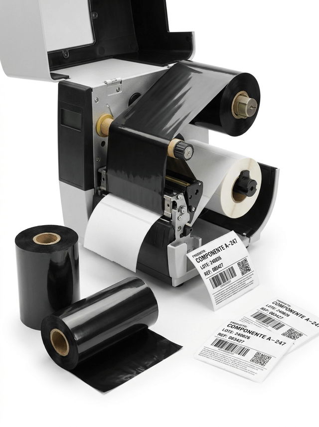 Professional premium commercial product photography for a European industrial labeling company, featuring a THERMAL TRANSFER RIBBON and a modern desktop thermal transfer label printer.
The purpose of the image is to immediately communicate:
THERMAL TRANSFER RIBBON FOR PROFESSIONAL LABEL PRINTING.
THE THERMAL TRANSFER RIBBON MUST BE THE MAIN PRODUCT AND THE ABSOLUTE VISUAL PROTAGONIST OF THE IMAGE.
This is NOT primarily an advertisement for the printer.
The ribbon must be clearly visible and immediately recognizable.
MAIN COMPOSITION
Place one professional desktop THERMAL TRANSFER label printer in the center-right of the composition.
The printer has a modern compact industrial design similar to professional Zebra, TSC or Honeywell desktop thermal transfer printers, but WITHOUT any visible real brand logo.
The printer is shown partially open so the internal thermal transfer printing mechanism can be seen.
Inside the printer, clearly show:
• one roll of black thermal transfer ribbon
• the ribbon supply roll
• the ribbon take-up roll
• the ribbon correctly threaded through the printing mechanism
• one roll of white self-adhesive labels
The black ribbon film must be physically visible travelling between the ribbon rolls and the printhead.
It must be technically believable as a REAL THERMAL TRANSFER PRINTING SYSTEM.
IMPORTANT:
DO NOT show an inkjet printer.
DO NOT show a laser printer.
DO NOT show a thermal-direct printer without ribbon.
THE BLACK RIBBON MUST BE CLEARLY VISIBLE.
RIBBON PRODUCT DISPLAY
In the foreground, positioned prominently next to the printer, place THREE professional thermal transfer ribbon rolls.
The ribbon rolls must occupy an important part of the image.
Show:
• one complete new ribbon roll
• one partially unwound ribbon roll revealing the thin glossy black ribbon film
• one additional ribbon roll positioned at a different angle so the cardboard core is visible
The rolls should have realistic proportions used for professional label printers.
Show realistic:
• black thermal transfer film
• cardboard or plastic cores
• tightly wound ribbon layers
• subtle satin reflections on the black film
• precise industrial manufacturing
PRINTED LABEL
A freshly printed white self-adhesive label emerges from the front of the printer.
The printed label must be EXTREMELY SHARP.
Show professional variable-data printing including:
PRODUCTO: COMPONENTE A-247
LOTE: 240826
REF: 083427
a realistic barcode
a QR code
small technical identification text
The barcode must appear perfectly black, crisp and high contrast.
The image must visually demonstrate the exceptional printing definition achieved using thermal transfer ribbon.
ADDITIONAL LABEL SAMPLES
Place two or three loose professionally printed labels on the clean white studio surface near the ribbon rolls.
Show different examples:
• barcode identification label
• logistics label
• small product identification label
All printing is BLACK thermal-transfer printing.
Extremely sharp.
No blurred barcodes.
No broken lines.
No faded printing.
VISUAL STYLE
Clean professional industrial aesthetic.
Modern European B2B product photography.
Technical but visually sophisticated.
The image should communicate:
precision,
reliability,
professional printing,
traceability,
industrial quality.
Avoid an old-fashioned warehouse aesthetic.
Avoid excessive machinery.
The scene should feel clean, modern and technically advanced.
BACKGROUND
PURE WHITE seamless studio background (#FFFFFF).
The background must be genuinely white.
NO gray background.
NO blue industrial background.
NO warehouse.
NO office environment.
Clean white studio surface.
Generous white space around the products.
COMPOSITION
Horizontal composition suitable for a website image carousel.
The thermal transfer ribbon rolls must be clearly visible in the foreground.
The printer occupies the central or rear-middle portion of the composition.
The printed label emerges naturally toward the foreground.
Create subtle depth without hiding any important element.
The ribbon rolls and printed label must be RAZOR-SHARP.
The printer may have a very subtle natural depth of field while remaining clearly recognizable.
LIGHTING
Professional high-key studio lighting.
Controlled reflections on the black ribbon film so its material can be clearly understood.
Soft natural contact shadows.
The lighting must reveal:
• thin black ribbon film
• tightly wound ribbon layers
• ribbon core
• internal printer mechanism
• white label material
• extremely sharp thermal-transfer printing
The black ribbon must contrast strongly against the white environment.
PHOTOGRAPHIC QUALITY
Hyper-realistic thermal transfer ribbon.
Hyper-realistic desktop thermal transfer printer.
Technically credible ribbon installation.
Realistic label roll.
Ultra-sharp barcode printing.
Professional industrial product photography.
Clean premium B2B aesthetic.
8K ultra-high definition.
NO ink cartridges.
NO toner cartridges.
NO inkjet printer.
NO laser printer.
NO receipt printer.
NO direct thermal printer without ribbon.
NO colorful ink ribbons.
NO CMYK printing.
NO fake digital screen graphics.
NO oversized printer.
NO huge industrial machinery.
NO hands.
NO people.
NO warehouse shelves.
NO cardboard boxes dominating the scene.
NO decorative props.
NO colored background.
NO gray background.
NO clutter.
NO futuristic CGI aesthetic.