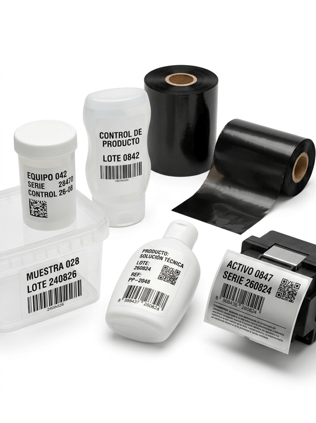 Premium professional commercial photography for a European industrial labeling company, showcasing THERMAL TRANSFER PRINTING ON DIFFERENT SYNTHETIC SELF-ADHESIVE LABEL MATERIALS.
The purpose of the image is to immediately communicate:
THERMAL TRANSFER RIBBON FOR SYNTHETIC LABEL MATERIALS:
PP
PE
POLYESTER
THE DIFFERENT SYNTHETIC LABEL MATERIALS AND THEIR EXCEPTIONALLY SHARP THERMAL TRANSFER PRINTING ARE THE MAIN VISUAL PROTAGONISTS.
The thermal transfer ribbon must also be clearly visible so the printing technology is immediately understandable.
This is NOT a generic collection of white labels.
The viewer must clearly perceive different synthetic materials, surfaces, transparencies and finishes.
MAIN COMPOSITION
Create a sophisticated horizontal studio composition featuring several REAL SELF-ADHESIVE SYNTHETIC LABEL SAMPLES arranged prominently in the foreground.
Include:
• white polypropylene PP label
• transparent polypropylene PP label
• flexible polyethylene PE label
• matte white polyester PET label
• silver polyester PET label
Place TWO professional black thermal transfer ribbon rolls behind and beside the label samples.
One ribbon roll is complete.
The second ribbon roll is partially unwound, revealing a short controlled section of thin glossy black thermal-transfer film.
The ribbon remains clearly recognizable but does NOT dominate the composition.
IMPORTANT:
THE SYNTHETIC LABELS MUST NOT LOOK LIKE PAPER.
Use lighting and macro-level material definition to reveal their different physical characteristics.
APPLICATION SAMPLES
Do not present only loose rectangular labels.
Show several labels REALISTICALLY APPLIED TO DIFFERENT OBJECTS AND CONTAINERS so their industrial applications are immediately understandable.
WHITE PP LABEL
Apply a premium white polypropylene self-adhesive label to a small curved white or transparent plastic bottle.
The label follows the curved surface perfectly.
Show extremely sharp black thermal-transfer printing.
Visible Spanish text:
PRODUCTO: SOLUCIÓN TÉCNICA
LOTE: 260824
REF: PP-2048
Include a barcode and QR code.
TRANSPARENT PP LABEL
Apply a crystal-clear transparent polypropylene label to a transparent plastic container.
Large areas of the label remain transparent.
Only the black thermal-transfer information is visible.
The physical transparent label edge must remain subtly visible.
It must NOT look printed directly onto the container.
Show:
MUESTRA 028
LOTE 240826
and a crisp barcode.
PE LABEL
Apply a flexible polyethylene self-adhesive label to a slightly squeezable plastic container.
The container should have a subtle curved or flexible geometry.
The PE label must conform perfectly to the surface.
No wrinkles.
No lifting edges.
No bubbles.
Show:
CONTROL DE PRODUCTO
LOTE 0842
and a sharp barcode.
WHITE POLYESTER LABEL
Apply a durable matte white polyester identification label to a small industrial component, laboratory container or equipment surface.
The label must look robust, technical and permanent.
Show:
EQUIPO 042
SERIE 28470
CONTROL 26-08
Include a DataMatrix code.
SILVER POLYESTER LABEL
Create one visually striking macro sample using a SILVER POLYESTER self-adhesive label.
Apply it to a clean dark technical component or metallic equipment surface.
The silver label must have a realistic brushed or satin metallic appearance.
Print extremely sharp black thermal-transfer information:
ACTIVO 0847
SERIE 260824
Include:
• barcode
• DataMatrix
• small technical typography
The silver polyester must clearly look like a physical self-adhesive label and NOT like the underlying metal surface.
MATERIAL DIFFERENTIATION
This is one of the most important requirements of the image.
The viewer must immediately perceive different materials.
WHITE PP:
Smooth clean white synthetic surface.
Subtle satin finish.
TRANSPARENT PP:
Crystal-clear film.
Visible physical label edge.
Underlying container remains visible.
PE:
Slightly softer and more flexible synthetic appearance.
Perfect conformity to curved plastic.
WHITE POLYESTER:
Dense, smooth, durable technical surface.
Premium matte appearance.
SILVER POLYESTER:
Metallic silver synthetic surface.
Controlled satin reflection.
Highly technical industrial appearance.
PRINTING QUALITY
All black thermal-transfer printing must be exceptionally sharp.
Show:
• dense solid black
• perfect fine typography
• extremely crisp barcode lines
• readable QR structures
• precise DataMatrix structures
• clean variable data
NO bleeding.
NO fading.
NO broken barcode lines.
NO blurry text.
RIBBON
Include two realistic professional RESIN or HIGH-RESISTANCE thermal transfer ribbon rolls.
The ribbon must be BLACK.
Show:
• tightly wound black film
• realistic cardboard or plastic core
• thin thermal-transfer film
• subtle satin reflections
• precise manufacturing
The rolls must look like genuine consumables for professional thermal-transfer printers.
Do NOT make them look like rolls of black adhesive labels.
COMPOSITION
Horizontal composition suitable for a professional website image carousel.
Create an elegant technical product arrangement.
Place the most visually interesting synthetic materials in the foreground:
transparent PP,
silver polyester,
white PP.
Use the PE and white polyester samples to create additional depth.
Position the black ribbon rolls slightly behind the labels.
The overall composition must remain clean and easy to understand.
Do NOT arrange everything in a rigid straight line.
Use slight differences in height and angle.
Leave generous white negative space around the composition.
BACKGROUND
PURE WHITE seamless studio background (#FFFFFF).
The background must be genuinely white.
Clean white studio surface.
NO gray background.
NO blue background.
NO warehouse.
NO factory.
NO laboratory environment.
NO office.
LIGHTING
Professional high-key commercial studio lighting specifically designed to reveal differences between synthetic label materials.
Use controlled highlights to show:
• PP satin surface
• transparent PP film
• flexible PE
• matte polyester
• silver polyester
• black thermal-transfer ribbon
The materials must remain realistic.
NO artificial glow.
NO fake CGI reflections.
Soft natural contact shadows only.
PHOTOGRAPHIC STYLE
Modern European industrial product photography.
Technical but visually sophisticated.
Clean.
Precise.
Premium.
Professional.
The image should immediately communicate:
DURABLE LABELS
SYNTHETIC MATERIALS
HIGH-RESISTANCE THERMAL TRANSFER PRINTING
PROFESSIONAL TRACEABILITY
PHOTOGRAPHIC QUALITY
Hyper-realistic synthetic self-adhesive labels.
Hyper-realistic polypropylene.
Hyper-realistic polyethylene.
Hyper-realistic polyester.
Realistic transparent film.
Realistic silver polyester.
Hyper-realistic black thermal transfer ribbon.
Macro-level material detail.
Exceptional barcode definition.
Premium commercial photography.
8K ultra-high definition.
CRITICAL REQUIREMENT:
THE IMAGE MUST CLEARLY SHOW THAT THE INFORMATION IS PRINTED ON PHYSICAL SELF-ADHESIVE LABELS.
Show visible label edges wherever possible.
The graphics must NOT appear printed directly onto bottles, components or equipment.
NO paper labels dominating the image.
NO five identical white labels.
NO printer dominating the image.
NO inkjet printer.
NO laser printer.
NO toner.
NO ink cartridges.
NO CMYK printing.
NO colorful printing.
NO colored ribbon.
NO black adhesive label rolls.
NO giant packaging film rolls.
NO fake metallic gradients.
NO shrink sleeves.
NO labels printed directly onto containers.
NO floating labels.
NO peeling labels.
NO wrinkled labels.
NO hands.
NO people.
NO giant text.
NO infographic.
NO diagrams.
NO arrows.
NO decorative props.
NO warehouse.
NO factory background.
NO colored background.
NO gray background.
NO clutter.