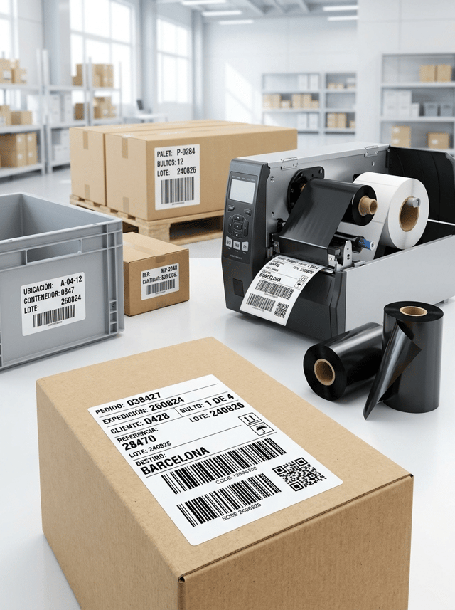 Premium professional commercial photography for a European industrial labeling company, showcasing THERMAL TRANSFER RIBBON used for LOGISTICS, WAREHOUSE IDENTIFICATION AND INDUSTRIAL TRACEABILITY.
The image must immediately communicate:
THERMAL TRANSFER RIBBON FOR LOGISTICS AND INDUSTRIAL TRACEABILITY.
The visual story must clearly connect:
THERMAL TRANSFER RIBBON
+
PROFESSIONAL LABEL PRINTING
+
BARCODES AND VARIABLE DATA
+
LOGISTICS AND TRACEABILITY.
This is a realistic modern industrial application scene, NOT a generic warehouse photograph.
MAIN VISUAL CONCEPT
Create a sophisticated, bright and extremely clean modern logistics workstation.
In the central foreground, show a medium-size kraft cardboard shipping box with a large professionally printed WHITE SELF-ADHESIVE LOGISTICS LABEL applied to its front surface.
THE LOGISTICS LABEL IS ONE OF THE MAIN VISUAL PROTAGONISTS.
The label must be razor-sharp and clearly visible.
Behind and slightly to one side of the box, show a professional INDUSTRIAL THERMAL TRANSFER LABEL PRINTER.
The printer is actively producing another logistics label.
Next to the printer, place TWO professional black thermal transfer ribbon rolls.
One complete ribbon roll.
One partially unwound ribbon roll showing the thin black thermal-transfer film.
The ribbon must be immediately recognizable as a professional printing consumable.
LOGISTICS LABEL
The large white self-adhesive label applied to the foreground cardboard box must show realistic Spanish logistics information.
Use a clean professional variable-data layout.
Include:
PEDIDO: 038427
EXPEDICIÓN: 260824
CLIENTE: 0428
BULTO: 1 DE 4
REFERENCIA: 28470
LOTE: 240826
DESTINO: BARCELONA
Include:
• one large Code 128 barcode
• one secondary barcode
• QR code
• clearly structured variable data
• small logistics symbols
The black thermal-transfer printing must be EXTREMELY SHARP.
Perfect barcode lines.
High optical density.
No bleeding.
No broken lines.
No blurred typography.
IMPORTANT:
The label must clearly look like a PHYSICAL SELF-ADHESIVE LABEL applied onto the kraft cardboard box.
Show subtle physical label edges.
The printing must NOT look printed directly onto the cardboard.
SECONDARY TRACEABILITY APPLICATIONS
Create several additional examples of thermal-transfer identification naturally integrated into the scene.
PLASTIC LOGISTICS CONTAINER
Include one reusable industrial plastic tote or logistics bin.
Use a clean neutral gray or muted blue container.
Apply a durable white synthetic self-adhesive identification label.
Show:
UBICACIÓN: A-04-12
CONTENEDOR: 0847
LOTE: 260824
Include a barcode.
SMALL PRODUCT BOX
Include one smaller cardboard box behind or beside the main package.
Apply a narrower barcode identification label.
Show:
REF: MP-2048
CANTIDAD: 500 UDS.
and a barcode.
PALLET TRACEABILITY
In the middle background, subtly show the corner of a professionally prepared pallet with several clean cardboard boxes.
Apply one clearly visible pallet identification label.
Use:
PALET: P-0284
BULTOS: 12
LOTE: 240826
Include a large barcode.
The pallet must remain SECONDARY and slightly out of focus.
Do NOT allow the pallet to dominate the composition.
INDUSTRIAL THERMAL TRANSFER PRINTER
Show a realistic professional industrial thermal transfer printer used in logistics environments.
The machine should resemble the general proportions of professional Zebra, TSC, Honeywell or Sato industrial printers, but WITHOUT visible real brand logos.
The printer should look modern, robust and technically credible.
A freshly printed white logistics label emerges naturally from the printer.
If the internal mechanism is visible, clearly show:
• black thermal transfer ribbon
• ribbon supply roll
• ribbon take-up roll
• white self-adhesive label media
The black ribbon and white label roll must be clearly distinguishable.
RIBBON PRODUCT
Place TWO thermal transfer ribbon rolls prominently near the printer.
The ribbon must remain an important commercial product within the scene.
Show realistic:
• tightly wound black thermal-transfer film
• professional dimensions
• cardboard or plastic core
• clean precise edges
• subtle satin reflections
• thin flexible black film
One roll may have a short section naturally unwound.
DO NOT create excessive loose ribbon.
DO NOT make the rolls look like black adhesive labels.
TRACEABILITY VISUAL LANGUAGE
The image should visually communicate a professional traceability system through:
• barcodes
• QR codes
• variable data
• batch numbers
• references
• locations
• shipment identification
• pallet identification
However, keep the composition visually clean.
DO NOT fill every surface with codes.
Use approximately 4–5 clearly visible labels throughout the complete scene.
ENVIRONMENT
The background represents a MODERN PREMIUM LOGISTICS CENTER.
Very clean.
Bright.
Organized.
Contemporary.
Use predominantly:
white,
very light gray,
natural kraft,
small restrained industrial accents.
In the distant background, subtly suggest:
• modern warehouse shelving
• organized packages
• logistics containers
• clean industrial architecture
Everything in the background must remain softly out of focus.
The environment provides context only.
THE LABELS AND RIBBON MUST REMAIN THE VISUAL FOCUS.
COMPOSITION
Wide horizontal composition suitable for a website image carousel.
Foreground:
main kraft shipping box with large logistics label.
Near foreground:
black thermal transfer ribbon rolls.
Middle ground:
industrial thermal transfer printer producing a label.
Secondary middle ground:
plastic logistics tote and smaller package.
Background:
subtle pallet and modern logistics environment.
Create natural perspective and sophisticated depth of field.
The foreground label and ribbon rolls must be RAZOR-SHARP.
The printer remains clearly recognizable.
The logistics environment becomes progressively softer toward the background.
LIGHTING
Bright professional industrial photography.
Use soft natural architectural daylight combined with controlled commercial lighting.
The overall scene must feel extremely clean and luminous.
The lighting must reveal:
• white label material
• kraft cardboard texture
• synthetic logistics labels
• black thermal-transfer film
• barcode definition
• printer materials
Use realistic soft contact shadows.
NO dramatic lighting.
NO dark industrial mood.
PHOTOGRAPHIC STYLE
Premium contemporary European industrial photography.
Professional.
Clean.
Precise.
Technical.
Modern.
Efficient.
Highly organized.
The visual language should communicate:
TRACEABILITY
LOGISTICS
IDENTIFICATION
RELIABILITY
PRECISION
PROFESSIONAL THERMAL TRANSFER PRINTING.
PHOTOGRAPHIC QUALITY
Hyper-realistic thermal transfer ribbon.
Hyper-realistic industrial thermal transfer printer.
Realistic logistics labels.
Realistic kraft cardboard.
Ultra-sharp barcode printing.
Perfect variable-data definition.
Realistic synthetic labels.
Natural professional depth of field.
High-end B2B commercial photography.
8K ultra-high definition.
CRITICAL REQUIREMENT:
DO NOT MAKE THIS A GENERIC WAREHOUSE IMAGE.
THE LABELS, THEIR PRINT QUALITY AND THE THERMAL TRANSFER RIBBON MUST IMMEDIATELY ATTRACT THE VIEWER'S ATTENTION.
The viewer must instantly understand that the image is about PROFESSIONAL LABEL IDENTIFICATION AND TRACEABILITY, not about selling cardboard boxes or warehouse services.
NO dark warehouse.
NO dirty warehouse.
NO old factory.
NO forklifts dominating the image.
NO workers dominating the image.
NO people in foreground.
NO delivery trucks.
NO giant stacks of boxes.
NO chaotic pallets.
NO supermarket aesthetic.
NO inkjet printer.
NO laser printer.
NO direct thermal printer without ribbon.
NO ink cartridges.
NO toner cartridges.
NO CMYK printing.
NO colored ribbon.
NO blurry barcodes.
NO fake floating QR codes.
NO digital interface overlays.
NO holographic screens.
NO futuristic warehouse.
NO CGI aesthetic.
NO excessive machinery.
NO clutter.