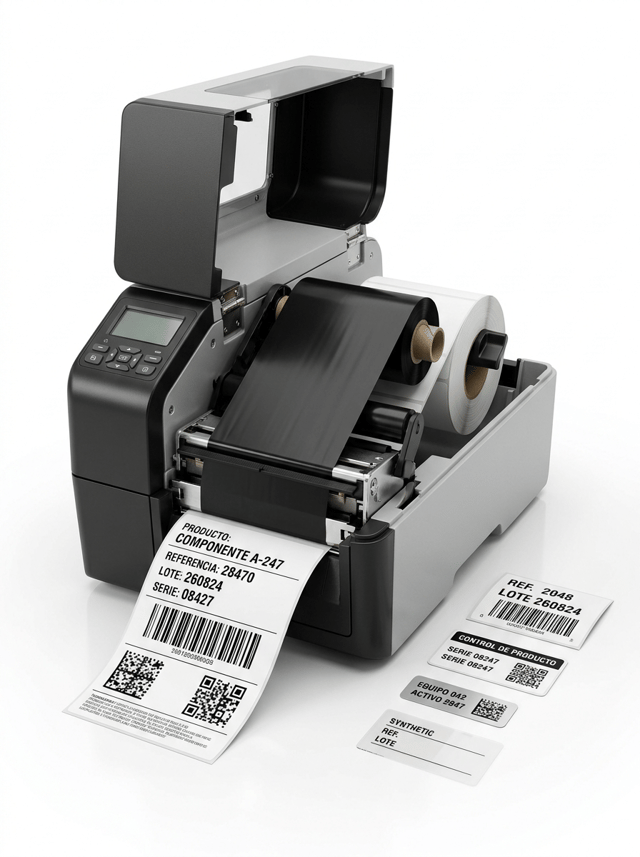 Premium professional commercial product photography for a European labeling and printing solutions company, featuring a MODERN PROFESSIONAL DESKTOP / MID-RANGE THERMAL TRANSFER LABEL PRINTER.
The purpose of the image is to immediately communicate:
PROFESSIONAL THERMAL TRANSFER LABEL PRINTER
FOR HIGH-QUALITY DURABLE LABEL PRINTING.
THE LABEL PRINTER IS THE ABSOLUTE VISUAL PROTAGONIST OF THE IMAGE.
This image belongs to a website category for PROFESSIONAL THERMAL AND THERMAL TRANSFER LABEL PRINTERS.
IMPORTANT VISUAL POSITIONING:
This must look like a professional desktop or compact mid-range thermal transfer printer.
NOT a tiny receipt printer.
NOT a large heavy-duty industrial printer.
NOT a giant metal production machine.
The printer should visually sit between small office equipment and heavy industrial machinery.
MAIN PRINTER
Place ONE modern professional thermal transfer label printer prominently in the center foreground.
The printer must occupy approximately 50–60% of the visual attention.
Use a sophisticated professional design inspired by high-quality desktop and mid-range thermal transfer printers from leading professional manufacturers, but WITHOUT any visible real brand logo.
The machine should feature:
• compact but robust construction
• professional black, graphite and light gray housing
• clean contemporary geometry
• realistic label output slot
• professional control panel
• small integrated display
• realistic buttons
• substantial but compact proportions
• high-quality professional materials
The machine must look suitable for:
offices,
laboratories,
retail,
small warehouses,
healthcare,
product identification,
medium-volume professional printing.
THERMAL TRANSFER TECHNOLOGY
Show the printer with its upper cover partially open or with a realistic transparent/open side area revealing the internal thermal transfer mechanism.
Inside the printer clearly show:
• one black thermal transfer ribbon supply roll
• one ribbon take-up roll
• thin black ribbon film correctly threaded through the print mechanism
• one roll of white self-adhesive labels
• realistic printhead area
The ribbon must be technically credible.
The black ribbon and the white label material must be clearly distinguishable.
IMPORTANT:
The ribbon is visible to explain the printing technology, but THE PRINTER remains the main product.
This is a printer advertisement, NOT a ribbon advertisement.
PRINTED LABEL
A freshly printed professional self-adhesive label emerges from the front of the printer.
The label should extend naturally toward the foreground so the exceptional print definition can be clearly appreciated.
Use a premium white synthetic or coated self-adhesive label.
Visible Spanish variable data:
PRODUCTO: COMPONENTE A-247
REFERENCIA: 28470
LOTE: 260824
SERIE: 08427
Include:
• one perfectly defined Code 128 barcode
• QR code
• small DataMatrix
• fine technical typography
The black thermal-transfer printing must be RAZOR-SHARP.
Exceptional optical density.
Perfect edges.
No bleeding.
No fading.
HIGH-RESOLUTION PRINTING
The image must visually communicate HIGH PRINT RESOLUTION.
Show extremely fine details on the printed label:
• very small but crisp typography
• narrow barcode lines
• high-density DataMatrix
• precise QR structure
• variable numbering
The printing must look suitable for professional traceability and identification.
SECONDARY LABEL SAMPLES
Place three or four small professionally printed label samples elegantly on the white surface beside the printer.
Show different professional applications:
1. WHITE PAPER BARCODE LABEL
2. MATTE WHITE PP IDENTIFICATION LABEL
3. SMALL SILVER POLYESTER ASSET LABEL
4. TRANSPARENT SYNTHETIC IDENTIFICATION LABEL
These samples demonstrate that the printer can work with different professional label materials.
The labels must look physically different from one another.
WHITE PAPER SAMPLE
Show:
REF. 2048
LOTE 260824
barcode.
WHITE PP SAMPLE
Show:
CONTROL DE PRODUCTO
SERIE 08247
QR code.
SILVER POLYESTER SAMPLE
Show:
EQUIPO 042
ACTIVO 2847
DataMatrix.
TRANSPARENT LABEL SAMPLE
Use minimal black identification printing.
The physical transparent film edge must remain subtly visible.
PRINTER SCALE
This requirement is extremely important.
The printer must look:
PROFESSIONAL,
COMPACT,
DESKTOP-SIZED,
ROBUST,
HIGH QUALITY.
It must NOT look like the large industrial printers used in manufacturing plants.
Do not create:
• giant external label rolls
• huge metal chassis
• floor-standing equipment
• massive industrial mechanisms
• oversized control screens
The printer should comfortably fit on a professional desk or workstation.
BACKGROUND
PURE WHITE seamless studio background (#FFFFFF).
The background must be genuinely white.
Use a clean white professional studio surface.
Generous negative space.
NO warehouse.
NO factory.
NO industrial production line.
NO dark technical environment.
NO office clutter.
COMPOSITION
Horizontal composition suitable for a website image carousel.
Place the printer prominently in the center or slightly off-center.
The printer is viewed from a subtle three-quarter frontal angle so both the label output and part of the internal mechanism can be understood.
The printed label extends naturally toward the foreground.
Secondary label samples are arranged cleanly beside it.
Do NOT place a large collection of ribbon rolls around the machine.
Maximum one small additional ribbon roll may appear discreetly beside the printer if necessary.
LIGHTING
Premium high-key professional studio lighting.
Soft controlled reflections on the printer housing.
Lighting must reveal:
• professional printer construction
• internal thermal-transfer mechanism
• black ribbon film
• white label roll
• synthetic label surfaces
• exceptional print definition
Use subtle realistic contact shadows.
No dramatic contrast.
No artificial glow.
AESTHETIC
Contemporary European professional technology photography.
Clean.
Precise.
Modern.
Technical.
Premium.
Reliable.
Professional.
The machine should look like serious professional equipment without appearing excessively industrial.
The overall visual language should communicate:
PRECISION
HIGH RESOLUTION
PROFESSIONAL LABEL PRINTING
DURABILITY
TRACEABILITY
VERSATILITY
PHOTOGRAPHIC QUALITY
Hyper-realistic professional thermal transfer label printer.
Technically credible internal mechanism.
Hyper-realistic thermal transfer ribbon.
Realistic self-adhesive label roll.
Exceptional barcode definition.
Realistic paper, PP, transparent film and polyester label materials.
Premium commercial product photography.
8K ultra-high definition.
CRITICAL DIFFERENTIATION FROM INDUSTRIAL PRINTERS:
THIS IS A PROFESSIONAL COMPACT / MID-RANGE PRINTER.
It must NOT visually resemble a large industrial printer designed for continuous 24/7 manufacturing.
Avoid heavy steel construction.
Avoid giant media rolls.
Avoid factory environments.
Avoid massive machinery.
The future industrial printer category must remain visually more robust, larger and more demanding than this image.
NO large industrial printer.
NO giant metal chassis.
NO factory production line.
NO giant external media roll.
NO warehouse background.
NO floor-standing printer.
NO receipt printer.
NO point-of-sale receipt machine.
NO inkjet printer.
NO laser printer.
NO office A4 printer.
NO ink cartridges.
NO toner cartridges.
NO CMYK printing.
NO colorful printing.
NO touchscreen dominating the machine.
NO futuristic CGI design.
NO holographic interface.
NO real brand logos.
NO people.
NO hands.
NO decorative props.
NO gray background.
NO blue background.
NO dark background.
NO clutter.
