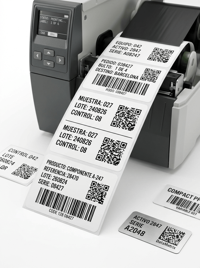 Premium professional macro commercial photography for a European labeling and printing solutions company, featuring a PROFESSIONAL COMPACT THERMAL TRANSFER LABEL PRINTER producing extremely high-resolution identification labels.
The purpose of the image is to immediately communicate:
HIGH-RESOLUTION THERMAL TRANSFER PRINTING
BARCODES
QR CODES
DATAMATRIX
VARIABLE DATA
PROFESSIONAL TRACEABILITY.
THE PRINT QUALITY OF THE SELF-ADHESIVE LABEL IS THE MAIN VISUAL PROTAGONIST.
The professional thermal transfer printer provides context but does NOT need to be shown completely.
This image belongs to a website category for PROFESSIONAL THERMAL AND THERMAL TRANSFER LABEL PRINTERS.
MAIN VISUAL CONCEPT
Create a sophisticated CLOSE-UP three-quarter perspective of a modern professional compact thermal transfer label printer actively printing a continuous series of self-adhesive identification labels.
The camera is positioned close to the LABEL OUTPUT AREA.
The freshly printed labels emerge toward the viewer.
The front printed label occupies an important area of the image and is RAZOR-SHARP.
The printer body continues naturally into the middle ground.
Use a subtle depth of field so the viewer's eye immediately focuses on the exceptional printing quality.
IMPORTANT PRINTER TYPE
Use a professional desktop / compact mid-range thermal transfer label printer.
The printer should look suitable for:
• professional offices
• laboratories
• healthcare
• retail
• product identification
• small warehouses
• technical departments
• medium-volume label production
The printer must look robust and professional but relatively compact.
NO giant industrial machine.
NO massive steel chassis.
NO floor-standing equipment.
NO large industrial production environment.
PRINTER DESIGN
Use a realistic contemporary professional thermal transfer printer with:
• graphite, black and light gray professional housing
• compact rectangular proportions
• realistic label output mechanism
• small professional control display
• discreet physical buttons
• high-quality technical construction
No visible real brand logo.
The design may be inspired by professional desktop and mid-range printers from leading thermal printer manufacturers without copying any specific model.
PRINTED LABEL SERIES
Show a strip or continuous series of approximately 4–6 WHITE SELF-ADHESIVE LABELS emerging from the printer.
The labels must contain different professional identification layouts.
The nearest label must be completely visible and exceptionally sharp.
Other labels naturally continue back toward the printer.
LABEL 1 — PRODUCT TRACEABILITY
Use:
PRODUCTO: COMPONENTE A-247
REFERENCIA: 28470
LOTE: 260824
SERIE: 08427
Include:
• Code 128 barcode
• QR code
• small technical typography
LABEL 2 — HIGH-DENSITY DATAMATRIX
Use:
MUESTRA: 027
LOTE: 240826
CONTROL: 08
Include:
• large DataMatrix
• very small secondary barcode
• fine variable data
LABEL 3 — LOGISTICS
Use:
PEDIDO: 038427
BULTO: 1 DE 4
DESTINO: BARCELONA
Include:
• large linear barcode
• smaller QR code
LABEL 4 — ASSET IDENTIFICATION
Use:
EQUIPO: 042
ACTIVO: 2847
SERIE: A08247
Include:
• compact DataMatrix
• small barcode
HIGH-RESOLUTION REQUIREMENT
THIS IS THE MOST IMPORTANT PART OF THE IMAGE.
The thermal-transfer printing must look EXCEPTIONALLY PRECISE.
Show:
• perfectly defined barcode lines
• extremely narrow black bars
• very small readable typography
• sharp QR modules
• precise DataMatrix cells
• dense solid blacks
• perfectly aligned variable data
• clean straight edges
NO ink bleeding.
NO fuzzy barcode edges.
NO pixelated typography.
NO faded areas.
NO broken barcode lines.
NO misregistration.
The photograph must visually communicate professional HIGH-DPI label printing.
MACRO DETAIL
Create enough photographic detail that the viewer can appreciate the actual print quality.
The closest label should show subtle physical characteristics of the label material:
• smooth premium white surface
• precise die-cut edges
• subtle paper or synthetic texture
• realistic material thickness
• clean adhesive label separation
The label must clearly look like a PHYSICAL SELF-ADHESIVE LABEL.
It must NOT look like a digital graphic floating in front of the printer.
SECONDARY SYNTHETIC LABELS
Place three additional small label samples on the clean studio surface near the printer.
Show different materials:
• white matte PP
• transparent PP
• silver polyester
Each sample contains high-resolution black thermal-transfer printing.
WHITE PP
Show:
CONTROL 042
LOTE 260824
small QR code.
TRANSPARENT PP
Show a compact barcode and variable number.
The physical transparent film edge must be visible.
SILVER POLYESTER
Show:
ACTIVO 2847
SERIE A2048
small DataMatrix.
The silver polyester has a controlled satin metallic appearance.
RIBBON DETAIL
Because this is a THERMAL TRANSFER printer, subtly show the technology.
The upper cover of the printer may be slightly open or a small visible section may reveal:
• black thermal transfer ribbon
• ribbon take-up mechanism
• white label media
However:
DO NOT make the ribbon the main subject.
DO NOT surround the printer with ribbon rolls.
The ribbon is only present to technically identify the printing technology.
COMPOSITION
Horizontal composition suitable for a professional website image carousel.
Use a close three-quarter camera angle.
The label output is positioned prominently in the foreground.
The printer occupies the middle ground.
The nearest printed label is the sharpest element in the entire photograph.
Use natural perspective:
FOREGROUND:
high-resolution printed labels.
MIDDLE GROUND:
professional compact thermal transfer printer.
BACKGROUND:
pure clean studio environment.
Create sophisticated visual depth without losing technical clarity.
BACKGROUND
PURE WHITE seamless studio background (#FFFFFF).
Clean white professional surface.
Very subtle soft shadows.
NO gray industrial environment.
NO warehouse.
NO factory.
NO office clutter.
NO shelves.
NO colored background.
LIGHTING
Premium high-key commercial studio lighting.
Use controlled softbox illumination.
The lighting must reveal:
• black printing density
• extremely precise barcode edges
• white label material
• transparent PP
• silver polyester
• printer construction
The white labels must remain clearly separated from the white background through subtle natural shadows and material definition.
No dramatic lighting.
No artificial glow.
DEPTH OF FIELD
Use a sophisticated shallow-to-medium depth of field.
The nearest printed label must be RAZOR-SHARP.
The printer output area must also remain clearly defined.
The rear section of the printer may become subtly softer.
Do NOT blur the machine excessively.
The viewer must immediately understand that the labels are physically emerging from a professional thermal transfer printer.
VISUAL STYLE
Contemporary European professional technology photography.
Technical.
Precise.
Premium.
Clean.
Modern.
Professional.
The image should communicate:
HIGH RESOLUTION
PRECISION
BARCODE READABILITY
TRACEABILITY
VARIABLE DATA
PROFESSIONAL PRINTING.
PHOTOGRAPHIC QUALITY
Hyper-realistic professional thermal transfer printer.
Macro-level print definition.
Hyper-realistic self-adhesive labels.
Extremely sharp Code 128 barcodes.
Extremely sharp QR codes.
Extremely sharp DataMatrix codes.
Realistic variable-data printing.
Realistic PP and polyester materials.
Premium commercial product photography.
8K ultra-high definition.
CRITICAL DIFFERENTIATION:
THIS IMAGE IS ABOUT A COMPACT PROFESSIONAL THERMAL TRANSFER PRINTER AND ITS HIGH-RESOLUTION PRINTING CAPABILITY.
It must NOT resemble a heavy-duty industrial printing installation.
Keep the equipment compact and suitable for a professional workstation.
NO giant industrial printer.
NO large steel chassis.
NO giant external label rolls.
NO factory.
NO production line.
NO warehouse dominating the image.
NO receipt printer.
NO supermarket receipt.
NO shipping label as the only application.
NO inkjet printer.
NO laser printer.
NO A4 office printer.
NO ink cartridges.
NO toner.
NO CMYK printing.
NO colorful printing.
NO fake floating QR codes.
NO digital overlays.
NO holographic interface.
NO magnifying glass.
NO infographic.
NO arrows.
NO hands.
NO people.
NO real brand logos.
NO colored background.
NO gray background.
NO clutter.
