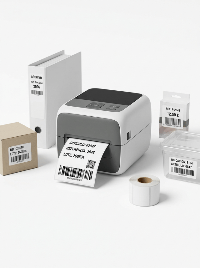 Premium professional commercial product photography for a European labeling and printing solutions company, featuring a MODERN COMPACT DIRECT THERMAL LABEL PRINTER designed for PROFESSIONAL OFFICE, RETAIL AND GENERAL IDENTIFICATION APPLICATIONS.

The purpose of the image is to immediately communicate:

COMPACT PROFESSIONAL THERMAL LABEL PRINTING

OFFICE IDENTIFICATION

RETAIL

DOCUMENT MANAGEMENT

PRODUCT IDENTIFICATION

BARCODES

EVERYDAY PROFESSIONAL LABELING.

THE COMPACT DIRECT THERMAL PRINTER IS THE ABSOLUTE VISUAL PROTAGONIST OF THE IMAGE.

This image must feel clearly different from:

• logistics warehouse printing
• heavy industrial printing
• large-volume production

The visual language is:

COMPACT
CLEAN
ACCESSIBLE
PROFESSIONAL
PRECISE
MODERN.


MAIN PRINTER

Place ONE elegant compact professional DIRECT THERMAL LABEL PRINTER prominently in the center foreground.

The printer should have realistic desktop proportions.

It must look small enough to fit comfortably on a professional office or retail workstation.

Use a sophisticated contemporary design with:

• matte white, graphite and subtle black housing
• compact rounded rectangular geometry
• small discreet control panel
• realistic physical buttons
• professional label output slot
• clean modern construction

No visible real brand logo.

The printer should visually resemble professional compact desktop label printers used in offices, healthcare, retail and small businesses, but without copying any specific branded model.


IMPORTANT:

THIS IS A DIRECT THERMAL PRINTER.

NO THERMAL TRANSFER RIBBON.

NO BLACK RIBBON.

NO RIBBON TAKE-UP ROLL.

NO INK.

NO TONER.

The printer uses heat-sensitive direct thermal self-adhesive label material.


PRINTING ACTION

Show a freshly printed WHITE SELF-ADHESIVE LABEL emerging naturally from the front of the printer.

The label should be smaller than the large shipping label used in logistics applications.

Use a medium-size professional identification label.

Visible Spanish text:

ARTÍCULO: 02847

REFERENCIA: 2048

LOTE: 260824

Include:

• clean barcode
• small QR code
• variable numbering

The black direct thermal printing must be extremely sharp.


LABEL APPLICATION VARIETY

Around the printer, create a carefully selected collection of SMALL PROFESSIONAL APPLICATIONS.

Do NOT use large shipping boxes.

Show approximately FOUR different uses.


1. SMALL PRODUCT IDENTIFICATION

Place one small clean white cardboard product box near the printer.

Apply a compact white self-adhesive thermal label.

Visible text:

REF: 28470

LOTE: 260824

Include a barcode.

The label must clearly look physically applied to the box.


2. DOCUMENT / ARCHIVE IDENTIFICATION

Include one elegant white or very light gray document folder or slim archive box.

Apply a narrow direct thermal identification label to the spine or front.

Use:

ARCHIVO

REF: DOC-284

2026

Include a small barcode.

Keep the appearance modern and professional.

NO old-fashioned office filing cabinets.


3. RETAIL / PRODUCT LABEL

Include one small neutral retail product package or compact carton.

Apply a small direct thermal barcode label.

Use:

REF: P-2048

12,50 €

Include a crisp EAN-style barcode.

The product itself must remain neutral and secondary.

No recognizable brand.


4. SMALL INVENTORY IDENTIFICATION

Include one small transparent or light-gray plastic storage container.

Apply a professional direct thermal identification label.

Use:

UBICACIÓN: B-04

ARTÍCULO: 0847

Include a barcode or QR code.

This subtly communicates inventory and organization without creating a warehouse scene.


OPTIONAL FIFTH APPLICATION

Include one small roll of pre-cut direct thermal labels positioned beside the printer.

The roll must be WHITE.

Show realistic die-cut labels and cardboard core.

It should look like professional direct thermal label media.

NO black ribbon anywhere.


LABEL MATERIAL

All labels in this image use WHITE DIRECT THERMAL SELF-ADHESIVE MATERIAL.

Show realistic:

• smooth matte thermal surface
• physical label edges
• precise die-cutting
• subtle material thickness
• perfect adhesion

The labels must NOT look like ordinary office paper.

The viewer should understand they are professional self-adhesive labels.


PRINT QUALITY

All visible printing must be:

PURE BLACK

EXTREMELY SHARP

HIGH CONTRAST

PROFESSIONAL.

Show:

• crisp barcode lines
• precise small typography
• clean QR modules
• sharp variable data
• perfect numbering

NO faded thermal printing.

NO broken barcode lines.

NO blurry text.


COMPOSITION

Create a sophisticated horizontal composition suitable for a website image carousel.

The compact printer occupies the central foreground.

Arrange the small applications naturally around it.

Use different heights to create visual rhythm:

• printer as central hero
• small carton beside it
• document folder slightly behind
• small plastic container on the opposite side
• label roll discreetly near the foreground

Do NOT arrange everything in a rigid straight line.

Do NOT overcrowd the scene.

Leave generous white space around the composition.


VISUAL HIERARCHY

FIRST:

COMPACT PROFESSIONAL THERMAL PRINTER.

SECOND:

FRESHLY PRINTED LABEL.

THIRD:

DIFFERENT SMALL PROFESSIONAL APPLICATIONS.

The image must NOT look like a stationery advertisement.

It must remain clearly focused on PROFESSIONAL LABEL PRINTING.


BACKGROUND

PURE WHITE seamless studio background (#FFFFFF).

The background must be genuinely pure white.

Clean white studio surface.

High-key aesthetic.

NO office room.

NO desk clutter.

NO computer monitor.

NO keyboard.

NO coffee cup.

NO stationery scattered around.

The application objects themselves provide enough context.


LIGHTING

Premium professional high-key studio lighting.

Soft controlled illumination.

Lighting must reveal:

• compact printer construction
• matte printer surfaces
• white thermal label material
• physical label edges
• barcode definition
• subtle cardboard texture
• plastic storage container surface

Use elegant natural contact shadows.

No dramatic contrast.

No artificial glow.


DEPTH OF FIELD

The printer and freshly printed label must be RAZOR-SHARP.

The nearest application labels must also remain clearly readable.

Objects positioned slightly behind may have a subtle natural softness.

Do NOT create excessive background blur.


IMPORTANT CATEGORY DIFFERENTIATION

This image represents:

COMPACT PROFESSIONAL THERMAL PRINTING.

The printer must look clearly smaller and lighter than an industrial printer.

It should be visually suitable for:

• offices
• shops
• reception areas
• small businesses
• administration departments
• small stock rooms
• professional workstations

It must NOT look designed for continuous heavy industrial manufacturing.


AESTHETIC

Contemporary European professional technology photography.

Clean.

Minimal but not sterile.

Modern.

Precise.

Professional.

Approachable.

Premium.

The image should communicate:

SIMPLICITY

COMPACT SIZE

VERSATILITY

PRECISION

EVERYDAY PROFESSIONAL LABELING.


PHOTOGRAPHIC QUALITY

Hyper-realistic compact direct thermal label printer.

Realistic direct thermal label roll.

Hyper-realistic self-adhesive labels.

Exceptional barcode definition.

Exceptional small typography.

Realistic cardboard and plastic materials.

Premium commercial technology photography.

8K ultra-high definition.


CRITICAL REQUIREMENTS:

THE PRINTER MUST CLEARLY LOOK COMPACT.

THE PRINTER MUST BE THE MAIN PRODUCT.

THERE MUST BE NO RIBBON.

THE APPLICATIONS MUST BE SMALL-SCALE PROFESSIONAL APPLICATIONS.

THE IMAGE MUST NOT LOOK LIKE A WAREHOUSE.

THE IMAGE MUST NOT LOOK INDUSTRIAL.

THE LABELS MUST LOOK LIKE REAL PHYSICAL SELF-ADHESIVE LABELS.


NO thermal transfer ribbon.
NO black ribbon.
NO ribbon cartridge.
NO ink cartridges.
NO toner.
NO CMYK printing.
NO large shipping labels.
NO giant cardboard boxes.
NO pallets.
NO warehouse.
NO conveyor belt.
NO factory.
NO industrial machinery.
NO giant industrial printer.
NO steel printer chassis.
NO giant external media roll.
NO receipt printer aesthetic.
NO supermarket receipt.
NO cash register.
NO computer dominating the image.
NO laptop.
NO office clutter.
NO pens.
NO notebooks.
NO coffee cup.
NO people.
NO hands.
NO real brand logos.
NO floating labels.
NO digital overlays.
NO infographic.
NO arrows.
NO futuristic CGI.
NO colored background.
NO gray background.
NO clutter.