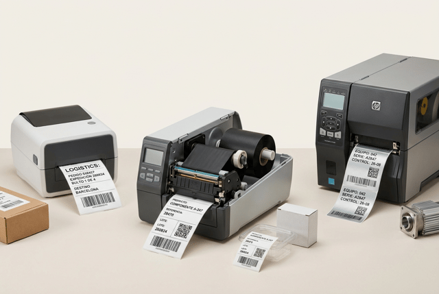 Ultra-premium editorial commercial photography for a professional European labeling and printing solutions company, featuring a COMPLETE RANGE OF PROFESSIONAL THERMAL LABEL PRINTERS.

This is a LARGE WEBSITE HERO IMAGE.

The image must immediately communicate:

PROFESSIONAL THERMAL LABEL PRINTERS

DIRECT THERMAL PRINTING

THERMAL TRANSFER PRINTING

DESKTOP AND MID-RANGE SOLUTIONS

BARCODES

QR CODES

TRACEABILITY

LOGISTICS

PRODUCT IDENTIFICATION.

THE PRINTERS ARE THE ABSOLUTE VISUAL PROTAGONISTS OF THE IMAGE.

IMPORTANT CATEGORY POSITIONING:

This image represents PROFESSIONAL DESKTOP AND MID-RANGE THERMAL PRINTERS.

It must NOT contain heavy-duty industrial printers.

The separate INDUSTRIAL PRINTERS website category will use substantially larger, heavier and more robust machines.

Keep this image visually:

COMPACT

PROFESSIONAL

CLEAN

ACCESSIBLE

TECHNICAL

MODERN.


MAIN COMPOSITION

Create a sophisticated wide horizontal editorial composition featuring THREE DIFFERENT PROFESSIONAL THERMAL LABEL PRINTERS.

The three machines must clearly differ in size and capability while belonging to the same general professional category.


PRINTER 1 — COMPACT DIRECT THERMAL

Position a small modern DIRECT THERMAL desktop label printer toward the front-left area.

Compact professional proportions.

Modern matte white, graphite and black construction.

Simple professional control panel.

Small label output slot.

A medium-size white self-adhesive identification label emerges from the printer.

IMPORTANT:

NO ribbon inside this printer.

It uses DIRECT THERMAL LABEL MATERIAL.

The machine should visually communicate:

OFFICE

RETAIL

SMALL BUSINESS

GENERAL IDENTIFICATION

E-COMMERCE.


PRINTER 2 — PROFESSIONAL THERMAL TRANSFER

Place the MAIN printer prominently in the central foreground.

This machine should be slightly larger and more substantial than Printer 1.

Use a modern professional THERMAL TRANSFER desktop / mid-range label printer.

Graphite, black and light gray professional housing.

Robust contemporary construction.

Small integrated display.

Professional physical controls.

Realistic wide label output.

Show the upper cover partially open or use a technically credible open-side perspective.

Inside clearly show:

• black thermal transfer ribbon supply roll
• ribbon take-up roll
• thin black ribbon film
• white self-adhesive label media
• realistic printhead area

A professionally printed label emerges toward the foreground.

This central printer must be the MOST IMPORTANT machine in the composition.


PRINTER 3 — HIGH-PERFORMANCE MID-RANGE

Position a third professional printer slightly behind and toward the right.

This machine is larger and higher-capacity than the other two but must STILL fit comfortably on a professional workstation.

Use a robust mid-range thermal transfer printer with:

• larger media capacity
• wider professional housing
• integrated display
• substantial desktop proportions
• professional label output

Show a continuous strip of several printed labels emerging naturally from the printer.

This printer visually communicates:

MEDIUM-HIGH VOLUME

LOGISTICS

TRACEABILITY

PROFESSIONAL PRODUCTION

without becoming an industrial heavy-duty machine.


SIZE PROGRESSION

The viewer must clearly perceive a logical progression:

SMALL COMPACT PRINTER

→

PROFESSIONAL DESKTOP PRINTER

→

HIGH-PERFORMANCE MID-RANGE PRINTER.

This progression is essential.

However, the largest printer must NOT resemble a giant industrial printer.

All three machines should realistically fit on professional desks or workstations.


PRINTED LABEL APPLICATIONS

Show several different professionally printed self-adhesive labels naturally integrated throughout the composition.

Include:


PRODUCT IDENTIFICATION LABEL

Visible Spanish text:

PRODUCTO: COMPONENTE A-247

REFERENCIA: 28470

LOTE: 260824

Include barcode and QR code.


LOGISTICS LABEL

Use a slightly larger format.

Visible text:

PEDIDO: 038427

EXPEDICIÓN: 260824

BULTO: 1 DE 4

DESTINO: BARCELONA

Include a large Code 128 barcode.


TECHNICAL IDENTIFICATION LABEL

Use:

EQUIPO: 042

SERIE: A2847

CONTROL: 26-08

Include a DataMatrix.


SMALL RETAIL / INVENTORY LABEL

Use:

REF: P-2048

LOTE: 240826

Include a compact barcode.


LABEL MATERIAL VARIETY

Show a sophisticated selection of professional self-adhesive label materials.

Include:

• white direct thermal label
• white coated paper label
• matte white polypropylene PP label
• transparent PP label
• silver polyester label

The materials must look physically different.

Do NOT create five identical white paper labels.


TRANSPARENT PP

Show subtle physical transparent film edges.

Black thermal-transfer printing.

The transparent label must clearly look like a physical self-adhesive film.


SILVER POLYESTER

Use a realistic satin silver synthetic surface.

Extremely sharp black technical printing.

This material should visually communicate durable professional identification.


PRINT QUALITY

ALL PRINTING MUST BE EXCEPTIONALLY SHARP.

Show:

• perfectly defined barcode lines
• dense solid blacks
• crisp QR codes
• precise DataMatrix structures
• fine small typography
• variable data
• serial numbering

No bleeding.

No fading.

No broken barcode lines.

No blurry typography.


APPLICATION OBJECTS

Integrate a FEW small application objects around the printers to provide context.

Use approximately 3–4 objects maximum.

Include:

• one small kraft e-commerce parcel with shipping label
• one small transparent or white plastic product container with identification label
• one compact neutral product carton
• one small metallic technical component with silver polyester label

IMPORTANT:

These objects are SECONDARY.

The printers must dominate the composition.

Do NOT create a warehouse scene.

Do NOT create a packaging product composition.

The image is selling PRINTERS.


THERMAL TECHNOLOGY DIFFERENTIATION

The image should visually show both technologies without using infographic graphics.

DIRECT THERMAL PRINTER:

white thermal label roll only.

NO ribbon.


THERMAL TRANSFER PRINTERS:

white label material combined with clearly visible black thermal transfer ribbon.

This difference must be technically credible.


COMPOSITION

Create a sophisticated WIDE HORIZONTAL composition suitable for a large website hero banner.

Do NOT arrange the three printers in a rigid straight line.

Use a staggered editorial arrangement.

Suggested positioning:

COMPACT PRINTER:
front-left.

MAIN THERMAL TRANSFER PRINTER:
central foreground.

HIGH-PERFORMANCE PRINTER:
slightly rear-right.

Use the different printer heights to create visual rhythm.

Printed labels naturally extend toward the foreground.

Small application objects occupy secondary spaces between and around the machines.

Leave generous negative space around the overall composition for website layout flexibility.


BACKGROUND

Use a VERY LIGHT WARM NEUTRAL BACKGROUND.

Elegant warm off-white.

Extremely pale ivory.

Very light limestone.

Almost white.

The background should provide slightly more depth than the pure white backgrounds used for the individual carousel images.

Use a subtle premium studio surface in the same tone.

NO strong beige.

NO medium gray.

NO dark technical background.

NO warehouse.

NO factory.

NO office environment.


LIGHTING

Premium professional commercial studio lighting.

Large softbox illumination combined with subtle directional highlights.

Lighting must reveal:

• different printer sizes
• matte and satin machine surfaces
• internal thermal transfer mechanism
• black ribbon film
• white thermal label material
• paper labels
• synthetic labels
• transparent PP
• silver polyester
• exceptional barcode definition

Use elegant soft contact shadows beneath the machines.

No dramatic contrast.

No artificial glow.


DEPTH OF FIELD

The central thermal transfer printer and its printed label must be RAZOR-SHARP.

The compact printer must also remain clearly defined.

The rear mid-range printer may have only a VERY SUBTLE natural softness.

All three machines must remain clearly recognizable.

Do NOT create strong cinematic blur.


DESIGN LANGUAGE

The three printers should look contemporary and professional but NOT identical.

Use subtle differences in:

• proportions
• control panels
• housing geometry
• label output
• size

However, maintain a coherent professional visual language.

No visible real brand logos.

Avoid futuristic concept-product design.

These must look like REAL commercially available professional thermal label printers.


VISUAL HIERARCHY

FIRST:

THE THREE PROFESSIONAL THERMAL PRINTERS.

SECOND:

THE LABELS BEING PRINTED.

THIRD:

THE DIFFERENT PROFESSIONAL APPLICATIONS.

The viewer must immediately understand that the company supplies PROFESSIONAL THERMAL LABEL PRINTERS.


AESTHETIC

Contemporary European professional technology photography.

Premium.

Clean.

Precise.

Technical.

Modern.

Reliable.

Professional.

Accessible.

The overall image should communicate:

VERSATILITY

PRINT QUALITY

TRACEABILITY

PRODUCTIVITY

PROFESSIONAL IDENTIFICATION

DIRECT THERMAL + THERMAL TRANSFER.


PHOTOGRAPHIC QUALITY

Hyper-realistic professional thermal printers.

Technically credible thermal transfer mechanisms.

Realistic direct thermal media.

Realistic thermal transfer ribbon.

Hyper-realistic self-adhesive labels.

Exceptional barcode definition.

Exceptional QR and DataMatrix definition.

Premium contemporary B2B technology photography.

8K ultra-high definition.


CRITICAL DIFFERENTIATION FROM THE NEXT INDUSTRIAL PRINTER PAGE:

NO printer in this image should look like heavy-duty industrial manufacturing equipment.

DO NOT use:

massive metal chassis,
huge external label rolls,
large floor-standing equipment,
factory production environments,
continuous manufacturing lines,
industrial conveyors,
heavy machinery.

The visual concept is:

COMPACT + PROFESSIONAL + MID-RANGE.

The NEXT PAGE will represent: