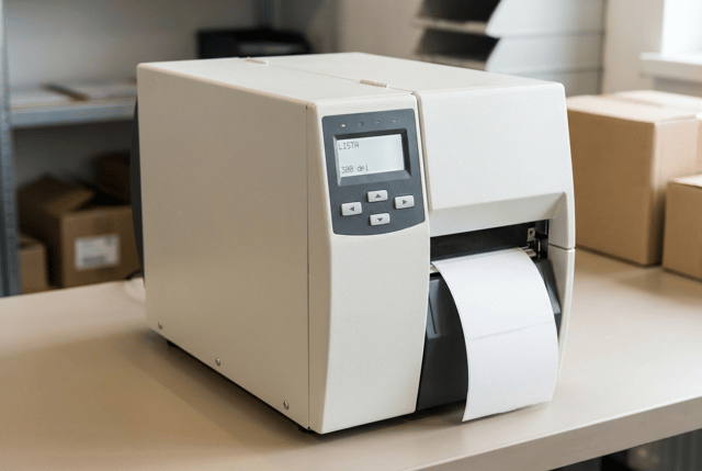 CRITICAL BRANDING REQUIREMENT:

ALL PRINTERS MUST BE COMPLETELY UNBRANDED.

DO NOT display ANY manufacturer name, company name, logo, symbol, badge, emblem or recognizable brand identity anywhere on the printers.

The printer housings must have completely clean surfaces with NO branding.

ABSOLUTELY NO HP OR HEWLETT-PACKARD LOGO.

HP DOES NOT MANUFACTURE THIS TYPE OF THERMAL LABEL PRINTER AND MUST NOT APPEAR ANYWHERE IN THE IMAGE.

Also DO NOT display logos or names from:

Zebra
TSC
Honeywell
SATO
Brother
Epson
Citizen
Toshiba
Bixolon
Godex
cab
Datamax
Intermec
Printronix
or ANY other real printer manufacturer.

The machines may use the GENERAL industrial design language and realistic proportions of professional thermal label printers, but they MUST NOT copy the identifiable design of a specific commercial model.

Create realistic GENERIC PROFESSIONAL THERMAL LABEL PRINTERS with:

• completely blank printer housings
• no logo areas
• no manufacturer badges
• no printed brand names
• no recognizable trademark symbols
• no fake invented logos
• no fake manufacturer names

IMPORTANT:

DO NOT replace a real brand with an invented fictional brand.

THE PRINTERS MUST HAVE NO BRANDING AT ALL.

Any small screen integrated into the printer may display ONLY neutral technical information such as:

LISTA

203 dpi

300 dpi

ETIQUETAS

PAUSA

It must NEVER display a manufacturer logo or company name.