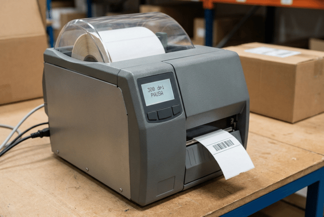 CRITICAL BRANDING REQUIREMENT:

ALL PRINTERS MUST BE COMPLETELY UNBRANDED.

DO NOT display ANY manufacturer name, company name, logo, symbol, badge, emblem or recognizable brand identity anywhere on the printers.

The printer housings must have completely clean surfaces with NO branding.

ABSOLUTELY NO HP OR HEWLETT-PACKARD LOGO.

HP DOES NOT MANUFACTURE THIS TYPE OF THERMAL LABEL PRINTER AND MUST NOT APPEAR ANYWHERE IN THE IMAGE.

Also DO NOT display logos or names from:

Zebra
TSC
Honeywell
SATO
Brother
Epson
Citizen
Toshiba
Bixolon
Godex
cab
Datamax
Intermec
Printronix
or ANY other real printer manufacturer.

The machines may use the GENERAL industrial design language and realistic proportions of professional thermal label printers, but they MUST NOT copy the identifiable design of a specific commercial model.

Create realistic GENERIC PROFESSIONAL THERMAL LABEL PRINTERS with:

• completely blank printer housings
• no logo areas
• no manufacturer badges
• no printed brand names
• no recognizable trademark symbols
• no fake invented logos
• no fake manufacturer names

IMPORTANT:

DO NOT replace a real brand with an invented fictional brand.

THE PRINTERS MUST HAVE NO BRANDING AT ALL.

Any small screen integrated into the printer may display ONLY neutral technical information such as:

LISTA

203 dpi

300 dpi

ETIQUETAS

PAUSA

It must NEVER display a manufacturer logo or company name.