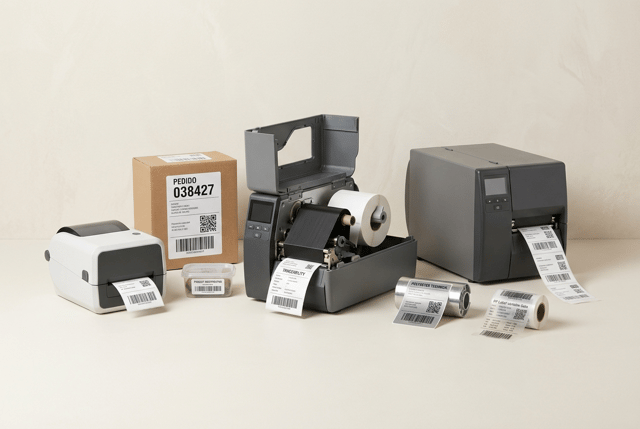 Ultra-premium WIDE PANORAMIC editorial commercial photography for the HERO HEADER of a professional European labeling and printing solutions website.

Create a sophisticated LARGE-SCALE VISUAL SCENE showing a COMPLETE FAMILY OF PROFESSIONAL THERMAL LABEL PRINTERS and their different applications.

THIS IS A WEBSITE HERO BANNER.

IT MUST NOT LOOK LIKE A SINGLE-PRODUCT CATALOG PHOTOGRAPH.

IT MUST NOT SHOW ONE LARGE PRINTER IN CLOSE-UP.

THE IMAGE MUST SHOW AN ENTIRE PROFESSIONAL THERMAL PRINTING ECOSYSTEM.

The viewer must immediately understand:

PROFESSIONAL THERMAL LABEL PRINTERS
DIRECT THERMAL PRINTING
THERMAL TRANSFER PRINTING
DIFFERENT PRINTER SIZES
DIFFERENT LABEL APPLICATIONS
BARCODES
QR CODES
TRACEABILITY
LOGISTICS
PRODUCT IDENTIFICATION.


CRITICAL CAMERA AND FRAMING REQUIREMENT

USE A WIDE CAMERA VIEW.

THE CAMERA MUST BE PULLED BACK.

SHOW THE COMPLETE PRODUCT COLLECTION WITH GENEROUS SPACE AROUND IT.

NO CLOSE-UP.

NO MACRO VIEW.

NO SINGLE PRINTER FILLING THE FRAME.

NO CROPPED PRINTER.

The complete composition must occupy approximately 65–70% of the horizontal image width, leaving generous clean negative space around the scene.

All main printers must be shown COMPLETELY from base to top.

The viewer must clearly see THREE DIFFERENT PRINTERS AT THE SAME TIME.


MAIN COMPOSITION

Create a wide horizontal composition featuring THREE DISTINCT PROFESSIONAL THERMAL LABEL PRINTERS.

They form a visually balanced but asymmetric family of machines.

The printers must have clearly different dimensions and configurations.

Arrange them at different depths rather than in a rigid straight line.


PRINTER 1 — COMPACT DIRECT THERMAL

Position toward the LEFT side.

Small professional desktop direct thermal label printer.

Compact contemporary construction.

Matte white, graphite and black materials.

Simple professional controls.

A small white self-adhesive identification label emerges from the machine.

This printer communicates:

OFFICE
RETAIL
SMALL BUSINESS
PRODUCT IDENTIFICATION
GENERAL PROFESSIONAL LABELING.

IMPORTANT:

NO ribbon inside this printer.

It is DIRECT THERMAL.


PRINTER 2 — PROFESSIONAL THERMAL TRANSFER

Position near the CENTER.

This is the principal machine, but it must NOT dominate the entire image.

It should be approximately 20–30% larger than Printer 1.

Professional desktop / mid-range thermal transfer printer.

Robust contemporary housing.

Graphite and dark technical materials.

Small integrated display.

Professional controls.

Show the upper section partially open so the technology is understandable.

Inside clearly show:

• white self-adhesive label roll
• black thermal transfer ribbon
• ribbon supply roll
• ribbon take-up roll
• realistic print mechanism

A professionally printed white self-adhesive label emerges from the front.

The machine must remain completely visible.


PRINTER 3 — HIGH-PERFORMANCE MID-RANGE

Position toward the RIGHT and slightly behind the central printer.

Larger professional thermal transfer printer designed for higher production volumes.

Substantial desktop proportions.

Larger media capacity.

Professional control panel.

Robust contemporary construction.

A continuous strip of several printed labels emerges from the printer.

This machine communicates:

HIGHER PRODUCTIVITY
LOGISTICS
TRACEABILITY
MEDIUM-HIGH VOLUME PRINTING.

IMPORTANT:

It is still a WORKSTATION-SIZED machine.

NOT a heavy industrial printer.


SIZE PROGRESSION

The three machines must clearly create a visual progression:

COMPACT
→
PROFESSIONAL
→
HIGH-PERFORMANCE.

However, none of them should look like heavy industrial manufacturing equipment.

The next website category will be dedicated specifically to INDUSTRIAL PRINTERS, so preserve a clear visual distinction.


LABELS AS AN IMPORTANT SECONDARY ELEMENT

Around and between the printers, show a carefully art-directed selection of professionally printed self-adhesive labels.

The labels must add visual richness to the hero image.

Include several different formats and materials.


LARGE LOGISTICS LABEL

White professional self-adhesive label.

Show:

PEDIDO 038427

EXPEDICIÓN 260824

BULTO 1 DE 4

DESTINO BARCELONA

Large Code 128 barcode.

QR code.


PRODUCT IDENTIFICATION LABEL

Show:

PRODUCTO A-247

REFERENCIA 28470

LOTE 260824

Barcode.


TECHNICAL IDENTIFICATION LABEL

Silver polyester.

Show:

EQUIPO 042

SERIE A2847

CONTROL 26-08

DataMatrix.


TRANSPARENT PP LABEL

Crystal-clear self-adhesive film.

Black thermal-transfer variable information.

Physical transparent label edges subtly visible.


SMALL PRODUCT LABEL

White synthetic material.

Barcode + QR + variable data.


APPLICATION OBJECTS

Add a SMALL SELECTION of professional applications to make the hero visually richer.

Do NOT fill the scene with packaging.

Use approximately FOUR secondary objects.


LEFT AREA:

one small elegant kraft e-commerce box with a professionally applied shipping label.


CENTER-FOREGROUND:

one small transparent or white plastic product container carrying a high-definition identification label.


RIGHT AREA:

one small neutral product carton with barcode label.


NEAR THE HIGH-PERFORMANCE PRINTER:

one compact metallic technical component carrying a silver polyester traceability label.


These objects must be clearly SECONDARY.

The three printers remain the main subject.


PRINTED LABEL OUTPUT

Use the labels emerging from the three machines to create visual movement across the composition.

Printer 1:

one compact identification label.

Printer 2:

one medium professional traceability label.

Printer 3:

a controlled continuous strip of approximately 4–6 labels.

The printed material should naturally guide the viewer's eye through the image.

NO chaotic piles of labels.


PRINT QUALITY

All printed labels must show exceptional professional definition.

Show:

• crisp black typography
• perfectly defined barcode lines
• QR codes
• DataMatrix codes
• serial numbers
• variable data
• fine technical information

The labels must clearly demonstrate professional thermal printing quality.


MATERIAL VARIETY

Show different physical self-adhesive label materials:

• direct thermal paper
• coated paper
• matte white PP
• transparent PP
• white polyester
• silver polyester

Use lighting to make these materials visibly different.

Do NOT create a collection of identical white labels.


CRITICAL BRANDING REQUIREMENT

ALL THREE PRINTERS MUST BE COMPLETELY UNBRANDED.

The printer housings must be completely clean.

NO manufacturer logos.

NO company names.

NO badges.

NO emblems.

NO trademark symbols.

NO invented fictional brands.

NO invented logos.

ABSOLUTELY NO HP OR HEWLETT-PACKARD BRANDING.

Do not display branding from ANY real printer manufacturer.

Do NOT write manufacturer names anywhere on the machines.

The printers must look like realistic GENERIC PROFESSIONAL THERMAL LABEL PRINTERS.

Small screens may contain ONLY neutral operational information such as:

LISTA

300 dpi

ETIQUETAS

PAUSA

No company name.


IMPORTANT:

DO NOT make branding removal result in excessively simplified machines.

The printers must still have:

• realistic technical construction
• detailed housings
• buttons
• displays
• hinges
• covers
• media output
• ventilation details
• realistic mechanisms

They must look like genuine professional equipment, simply without branding.


HERO IMAGE COMPOSITION

WIDE PANORAMIC WEBSITE HERO.

Use a cinematic editorial product arrangement.

The composition must feel significantly larger and richer than an individual carousel product photograph.

Use approximately:

LEFT THIRD:
compact printer + small application.

CENTER:
professional thermal transfer printer + labels.

RIGHT THIRD:
higher-performance printer + technical applications.

FOREGROUND:
selected label samples and application objects.

MIDDLE GROUND:
three printers.

BACKGROUND:
minimal architectural studio depth.


DO NOT CENTER ONE HUGE PRINTER.

DO NOT USE A PRODUCT CATALOG CLOSE-UP.

DO NOT FILL THE FRAME WITH HARDWARE.

THE COLLECTION AS A WHOLE IS THE HERO.


BACKGROUND

Use a VERY LIGHT WARM NEUTRAL PREMIUM BACKGROUND.

Almost white.

Extremely pale warm ivory or light limestone.

NOT gray.

NOT dark.

Create a sophisticated contemporary architectural studio environment rather than a completely flat white cutout background.

Use extremely subtle tonal variation.

A very soft vertical architectural panel or abstract wall transition may appear in the distant background.

Keep everything understated.

No decorative objects.

No scenery.


SURFACE

Use a very light matte premium studio surface.

Create soft realistic contact shadows underneath each printer and object.

The surface should visually anchor the machines without creating a visible table edge.


LIGHTING

Premium editorial commercial lighting.

Large softbox illumination.

Soft directional daylight effect.

Controlled highlights on printer housings.

Subtle shadows create depth between the three machines.

The lighting must clearly reveal:

• different machine sizes
• printer construction
• internal thermal-transfer ribbon
• white label material
• transparent labels
• silver polyester
• printed barcode definition

Avoid flat e-commerce lighting.

The image should feel like a professionally art-directed advertising campaign.


DEPTH OF FIELD

Use a MEDIUM TO DEEP DEPTH OF FIELD.

ALL THREE PRINTERS MUST REMAIN CLEARLY VISIBLE.

Do NOT heavily blur the rear printer.

Do NOT use extreme cinematic bokeh.

The central printer and labels can be slightly sharper, but the complete family of printers must remain understandable.


CAMERA

Professional full-frame commercial photography.

Approximately 50–70 mm equivalent lens.

Camera positioned far enough away to show the COMPLETE COLLECTION.

Eye-level or very slightly elevated perspective.

NO ultra-wide distortion.

NO macro lens.

NO close camera position.

NO dramatic low-angle hero shot of a single machine.


VISUAL STYLE

High-end contemporary E