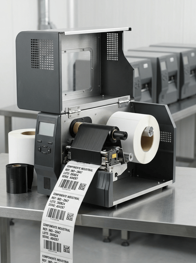 Premium professional commercial photography for a European industrial labeling company, featuring a LARGE HEAVY-DUTY INDUSTRIAL THERMAL TRANSFER LABEL PRINTER designed for continuous production and demanding environments.

The image must clearly look DIFFERENT from a compact desktop thermal printer.

MAIN SUBJECT:
One robust industrial thermal transfer printer centered in the foreground, completely visible from base to top. Behind it, THREE similar industrial printers arranged at different depths, slightly out of focus, creating a professional fleet effect.

The front printer is the absolute protagonist.

INDUSTRIAL DESIGN:
Large substantial workstation-sized machine, robust metal chassis, matte graphite and brushed stainless-steel surfaces, reinforced covers, professional ventilation details, solid hinges, industrial control panel and medium integrated display.

The construction must communicate durability, intensive use and high-volume production.

Do NOT make it floor-standing or enormous. It is a professional industrial label printer that can sit on an industrial workstation.

THERMAL TRANSFER TECHNOLOGY:
Show the front printer partially open so the printing technology is visible.

Inside clearly show:
• large white self-adhesive label roll
• black thermal transfer ribbon
• ribbon supply roll
• ribbon take-up roll
• realistic printhead mechanism

A continuous strip of 4–5 professionally printed labels emerges naturally from the machine.

LABEL:
Use a durable matte white synthetic industrial label with extremely sharp black thermal-transfer printing.

Visible Spanish text:

COMPONENTE INDUSTRIAL
REF: IND-2847
LOTE: 260824
SERIE: A04287

Include a crisp Code 128 barcode and small DataMatrix.

The label must communicate industrial identification and traceability.

PRINT QUALITY:
Extremely sharp 600 dpi appearance, precise small typography, perfect barcode lines, dense black printing and clearly defined DataMatrix.

COMPOSITION:
Wide horizontal website carousel composition.

The main printer occupies approximately 35–40% of the image, leaving generous space around it.

Three similar machines remain visible behind it but secondary.

Add one large professional roll of white synthetic labels and one black thermal transfer ribbon roll beside the main printer as subtle secondary elements.

ENVIRONMENT:
Very clean modern industrial technical workspace.

White and extremely light neutral background with subtle stainless-steel work surface.

The environment should suggest professional production without showing a complete factory.

No warehouse clutter.

LIGHTING:
Premium high-key industrial studio photography. Soft controlled lighting emphasizing the metal chassis, mechanical details, black ribbon and label material. Natural contact shadows.

The main printer and emerging label are razor-sharp. Background printers have subtle realistic depth of field.

BRANDING:
ALL PRINTERS COMPLETELY UNBRANDED.
No manufacturer names, logos, badges or invented brands anywhere.
Absolutely NO HP branding and no recognizable real printer manufacturer logos.

STYLE:
Contemporary European B2B industrial technology photography, robust, precise, technical, premium, reliable, hyper-realistic, 8K.

CRITICAL:
This must unmistakably look like an INDUSTRIAL THERMAL LABEL PRINTER, significantly larger and more robust than a desktop thermal printer, while remaining realistic professional equipment.

NO compact desktop printer.
NO office printer.
NO receipt printer.
NO inkjet printer.
NO laser printer.
NO printing press.
NO flexographic press.
NO giant production machine.
NO floor-standing machine.
NO conveyor belt.
NO people.
NO hands.
NO real logos.
NO HP logo.
NO fictional brands.
NO dark background.
NO dramatic CGI.
NO floating graphics.