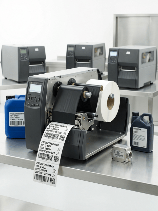 Premium professional commercial photography for a European industrial labeling company, featuring a HEAVY-DUTY INDUSTRIAL THERMAL TRANSFER LABEL PRINTER producing durable synthetic labels for demanding industrial environments.

MAIN SUBJECT:
One robust industrial thermal transfer printer centered in the foreground, completely visible. THREE similar industrial printers are positioned behind it at different depths, creating a professional production-fleet effect.

The front printer is the absolute protagonist.

PRINTER:
Large workstation-sized industrial machine with robust metal chassis, matte graphite and brushed stainless-steel surfaces, reinforced covers, ventilation details, solid hinges, professional control panel and integrated display.

It must look substantially larger, heavier and more durable than a desktop thermal printer.

THERMAL TRANSFER:
Show part of the front printer open enough to clearly reveal:
• black thermal transfer ribbon
• ribbon supply roll
• ribbon take-up roll
• large white synthetic label roll
• realistic thermal printhead mechanism

A strip of durable synthetic labels emerges naturally from the printer.

LABEL MATERIAL:
Use MATTE WHITE POLYESTER or industrial PP self-adhesive labels.

The synthetic material must be visually distinguishable from ordinary paper: smooth dense surface, precise die-cut edges and subtle satin finish.

Show extremely sharp black printing.

Visible Spanish text:

PRODUCTO QUÍMICO
REF: Q-4827
LOTE: 260824
CONTROL: 08/2026

Include:
• Code 128 barcode
• DataMatrix
• small technical identification symbols

APPLICATION:
Beside the printer place THREE different industrial objects demonstrating demanding applications:

• one blue chemical container with a durable white synthetic identification label
• one small metallic industrial component with a silver polyester traceability label
• one dark plastic lubricant or technical-fluid container with a resistant white label

Keep all objects secondary to the printer.

Labels must be physically applied to the objects and clearly visible.

The scene should visually communicate resistance to:

CHEMICALS
OILS
MOISTURE
ABRASION
INDUSTRIAL HANDLING

Do not add infographic icons or floating graphics to explain this.

COMPOSITION:
Wide horizontal website carousel image.

Main printer occupies approximately 35–40% of the composition.

Three background printers remain clearly recognizable but slightly softer.

Industrial application objects are arranged naturally around the foreground printer without overcrowding.

Leave generous negative space.

BACKGROUND:
Clean, bright, modern industrial technical environment.

Predominantly WHITE and extremely light neutral tones with a subtle stainless-steel work surface.

No dark factory environment.

No warehouse clutter.

LIGHTING:
Premium high-key industrial studio photography. Controlled soft lighting revealing metal chassis, black ribbon, synthetic label texture and extremely sharp printing.

Main printer, printed labels and nearest applications razor-sharp. Subtle natural depth of field behind.

BRANDING:
ALL PRINTERS AND PRODUCTS COMPLETELY UNBRANDED.

No manufacturer names, logos, badges or fictional brands.

Absolutely NO HP logo and NO recognizable printer manufacturer branding.

STYLE:
Contemporary European B2B industrial technology photography, clean, robust, technical, precise, premium, hyper-realistic, 8K.

NO compact desktop printer.
NO office printer.
NO receipt printer.
NO inkjet printer.
NO laser printer.
NO printing press.
NO flexographic machine.
NO floor-standing giant printer.
NO people.
NO hands.
NO real logos.
NO invented brands.
NO dark background.
NO CGI effects.
NO floating graphics.
NO excessive text.