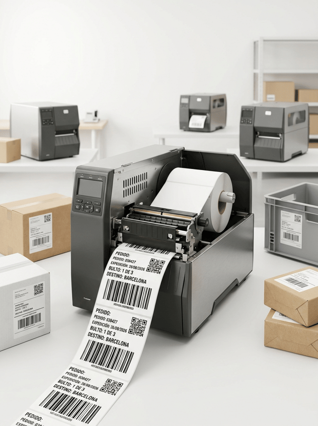 Premium professional commercial photography for a European industrial labeling company, featuring a HIGH-PERFORMANCE INDUSTRIAL DIRECT THERMAL LABEL PRINTER for logistics, distribution and e-commerce.

MAIN SUBJECT:
One robust industrial direct thermal printer centered in the foreground, completely visible. THREE similar industrial printers are positioned behind it at different depths, creating a professional high-volume printing environment.

The front printer is the absolute protagonist.

PRINTER:
Large workstation-sized industrial machine with robust metal chassis, matte graphite and brushed stainless-steel details, reinforced construction, ventilation areas, professional control panel and integrated display.

It must clearly look larger, stronger and more productive than a desktop thermal printer.

DIRECT THERMAL TECHNOLOGY:
THIS PRINTER DOES NOT USE RIBBON.

Inside the partially open printer show:
• large roll of white direct thermal self-adhesive labels
• realistic media path
• industrial printhead mechanism
• large internal media capacity

ABSOLUTELY NO BLACK RIBBON, NO RIBBON SUPPLY ROLL AND NO RIBBON TAKE-UP ROLL.

PRINTING:
A continuous strip of LARGE DIRECT THERMAL SHIPPING LABELS emerges naturally from the printer.

Show approximately 4–5 labels.

The printing must be pure black, extremely sharp and professional.

VISIBLE SPANISH TEXT:

PEDIDO: 038427
EXPEDICIÓN: 26/08/2026
BULTO: 1 DE 3
DESTINO: BARCELONA

Include:
• large Code 128 barcode
• QR code
• routing information
• variable numbering

APPLICATIONS:
Around the printer show a small selection of realistic logistics applications:

• medium kraft e-commerce parcel with large shipping label
• white shipping carton with logistics label
• reusable gray plastic logistics container with identification label
• small stack of two prepared parcels ready for dispatch

All labels must be physically applied and clearly visible.

Do NOT create a huge warehouse scene.

The image must communicate:

HIGH-SPEED PRINTING
LOGISTICS
E-COMMERCE
SHIPPING LABELS
VARIABLE DATA
BARCODES
HIGH-VOLUME DIRECT THERMAL PRINTING

COMPOSITION:
Wide horizontal website carousel image.

Main industrial printer occupies approximately 35–40% of the frame.

Three background printers remain visible but secondary.

Arrange parcels naturally around the machine without hiding it.

Leave generous negative space.

BACKGROUND:
Bright, clean, modern logistics workspace in predominantly WHITE and very light neutral tones.

Subtle industrial work surface and minimal shelving or logistics elements may appear softly in the distant background.

Keep the environment premium and uncluttered.

LIGHTING:
High-key professional industrial photography. Soft controlled lighting emphasizing the robust printer construction, white thermal material and exceptionally sharp black printing.

Main printer and emerging shipping labels razor-sharp. Background printers slightly defocused.

BRANDING:
ALL PRINTERS AND PARCELS COMPLETELY UNBRANDED.

No manufacturer names, logos, badges or fictional brands.

Absolutely NO HP branding and no recognizable real printer manufacturer logos.

STYLE:
Contemporary European B2B logistics technology photography, clean, robust, productive, precise, premium, hyper-realistic, 8K.

CRITICAL:
This is an INDUSTRIAL DIRECT THERMAL PRINTER.
NO RIBBON OF ANY KIND must appear anywhere in the image.

NO compact desktop printer.
NO black ribbon.
NO thermal transfer ribbon.
NO ribbon rolls.
NO ink.
NO toner.
NO office printer.
NO receipt printer.
NO inkjet printer.
NO laser printer.
NO printing press.
NO giant floor-standing machine.
NO conveyor dominating the image.
NO people.
NO hands.
NO real logos.
NO invented brands.
NO dark background.
NO CGI.
NO floating graphics.