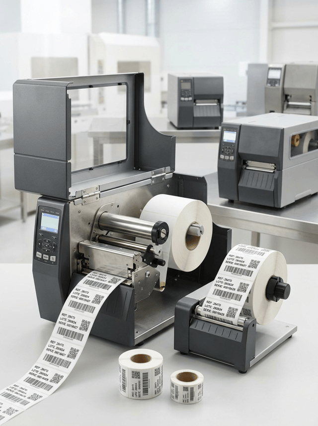 Premium professional commercial photography for a European industrial labeling company, featuring a HIGH-PERFORMANCE INDUSTRIAL DIRECT THERMAL LABEL PRINTER designed for continuous high-volume label production.

MAIN SUBJECT:
One robust industrial direct thermal printer prominently positioned in the foreground, completely visible. THREE similar industrial printers are arranged behind it at different depths, creating a professional high-capacity production environment.

The front printer is the absolute protagonist.

PRINTER:
Large workstation-sized industrial machine with robust metal chassis, matte graphite surfaces, brushed stainless-steel details, reinforced covers, ventilation details, professional control panel and integrated display.

It must look significantly larger, stronger and more productive than a desktop thermal printer.

DIRECT THERMAL TECHNOLOGY:
THIS MACHINE DOES NOT USE RIBBON.

Show the printer partially open, clearly revealing:
• large internal roll of white direct thermal self-adhesive labels
• realistic media path
• industrial thermal printhead mechanism
• high-capacity media system

ABSOLUTELY NO BLACK RIBBON OR RIBBON MECHANISM.

CONTINUOUS PRODUCTION:
A long continuous web of professionally printed labels emerges from the printer.

Show approximately 8–10 visible labels with different variable data.

The printed web feeds naturally into a COMPACT PROFESSIONAL LABEL REWINDER positioned beside the printer.

The rewinder collects the finished labels into a clean, tightly wound roll.

This must visually communicate:

CONTINUOUS PRINTING
HIGH PRODUCTIVITY
HIGH VOLUME
AUTOMATED REWINDING
VARIABLE DATA
PROFESSIONAL PRODUCTION

LABELS:
Use medium-size white direct thermal identification labels.

Visible Spanish information:

REF: 28470
LOTE: 260824
SERIE: 00018427

REF: 28470
LOTE: 260824
SERIE: 00018428

REF: 28470
LOTE: 260824
SERIE: 00018429

Each consecutive label must show a different serial number.

Include crisp Code 128 barcodes and selected QR codes.

PRINT QUALITY:
Extremely sharp pure-black direct thermal printing, precise barcode lines, clean small typography and perfectly readable variable data.

No faded areas or broken lines.

FINISHED OUTPUT:
Place TWO completed rolls of printed labels discreetly in the foreground.

One medium roll and one smaller roll, both showing realistic printed labels wound around cardboard cores.

Do not create huge industrial rolls.

COMPOSITION:
Wide horizontal website carousel image.

Main printer occupies approximately 35% of the frame.

Rewinder and continuous label web create movement across the foreground.

Three background printers remain recognizable but secondary.

Use different depths and heights to create a sophisticated industrial composition.

BACKGROUND:
Bright, modern and extremely clean industrial production workspace.

Predominantly white and very light neutral tones with subtle stainless-steel surfaces.

No warehouse clutter.

No dark factory.

LIGHTING:
Premium high-key industrial studio photography. Controlled highlights reveal the robust metal construction, white thermal material, continuous label web and sharp printing.

Main printer, label web and rewinder razor-sharp. Background machines subtly defocused.

BRANDING:
ALL EQUIPMENT COMPLETELY UNBRANDED.

No manufacturer names, logos, badges or fictional brands.

Absolutely NO HP branding and no recognizable real manufacturer logos.

STYLE:
Contemporary European B2B industrial technology photography, productive, robust, precise, clean, premium, hyper-realistic, 8K.

CRITICAL:
This is INDUSTRIAL DIRECT THERMAL PRINTING WITHOUT RIBBON.

High volume must be communicated through continuous label output, large internal media capacity, variable serialization and professional rewinding.

NO thermal transfer ribbon.
NO black ribbon.
NO ribbon supply roll.
NO ribbon take-up roll.
NO ink.
NO toner.
NO compact desktop printer.
NO office printer.
NO receipt printer.
NO inkjet printer.
NO laser printer.
NO printing press.
NO flexographic press.
NO giant floor-standing machine.
NO giant label rolls.
NO conveyor belt.
NO parcels dominating the image.
NO people.
NO hands.
NO logos.
NO invented brands.
NO dark background.
NO CGI.
NO floating graphics.