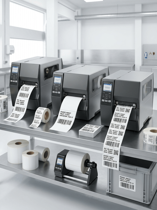 Premium professional commercial photography for a European industrial labeling company, showing a HIGH-PERFORMANCE INDUSTRIAL THERMAL PRINTING WORKSTATION designed for intensive continuous production.

The image must communicate:

24/7 RELIABILITY
HIGH PRODUCTIVITY
CONTINUOUS PRINTING
INDUSTRIAL ROBUSTNESS
TRACEABILITY
HIGH-VOLUME LABEL PRODUCTION.

MAIN SCENE:
Create a wide professional industrial workstation with THREE robust industrial thermal label printers operating simultaneously.

Unlike a product catalog image, all three machines have an important role in the composition.

Show:
• one industrial thermal transfer printer using black ribbon
• one industrial direct thermal printer without ribbon
• one additional high-performance industrial printer producing variable-data labels

All machines are workstation-sized, large and robust, with metal chassis, graphite surfaces, reinforced covers, ventilation details, professional control panels and integrated displays.

They must look substantially heavier and more capable than desktop thermal printers.

PRINTING ACTIVITY:
Each machine is actively producing labels.

Printer 1:
durable synthetic thermal-transfer labels, black ribbon mechanism subtly visible.

Printer 2:
large white direct thermal logistics labels, absolutely NO ribbon.

Printer 3:
continuous sequence of variable-data identification labels.

Show controlled label output from each machine without excessive loose material.

LABEL CONTENT:
Use realistic Spanish industrial data:

REF: IND-2847
LOTE: 260824
SERIE: A04287

PEDIDO: 038427
PALET: P-0284
UBICACIÓN: A-04-12

Include:
• Code 128 barcodes
• DataMatrix
• QR codes
• serial numbers
• variable data

All printing extremely sharp and professional.

INDUSTRIAL WORKFLOW:
Add a few secondary elements suggesting intensive production:

• several finished rolls of printed labels
• large white label media rolls
• one compact professional label rewinder
• small stack of prepared industrial identification labels
• one plastic logistics container carrying a barcode label

Keep these elements controlled and secondary.

Do NOT add cardboard boxes everywhere.

COMPOSITION:
WIDE HORIZONTAL website carousel composition.

Camera pulled back enough to show ALL THREE COMPLETE PRINTERS.

Arrange the machines at slightly different depths and angles, creating a sophisticated professional production cell.

No single printer should dominate the entire frame.

The scene should feel active and productive without becoming chaotic.

BACKGROUND:
Bright, modern industrial technical environment.

White and extremely light neutral architecture, subtle stainless-steel work surfaces and minimal industrial details.

Very clean and organized.

No dark factory and no warehouse clutter.

LIGHTING:
Premium bright industrial photography with soft architectural daylight and controlled studio lighting.

Metal chassis, label materials and printed information must be clearly defined.

Foreground machines and labels razor-sharp, subtle natural depth toward the rear.

BRANDING:
ALL MACHINES COMPLETELY UNBRANDED.

No manufacturer names, logos, badges, trademarks or fictional brands.

Absolutely NO HP branding and no recognizable real printer manufacturer logos.

STYLE:
Contemporary European B2B industrial technology campaign, robust, productive, clean, precise, technical, premium, hyper-realistic, 8K.

CRITICAL:
This must visually communicate an INDUSTRIAL PRINTING FLEET WORKING CONTINUOUSLY, not one isolated printer.

These machines must look significantly larger and more robust than the compact and mid-range thermal printers from the previous website category.

NO compact desktop printers.
NO office printers.
NO receipt printers.
NO inkjet printers.
NO laser printers.
NO printing press.
NO flexographic press.
NO giant floor-standing machines.
NO conveyor dominating the image.
NO dark factory.
NO chaotic warehouse.
NO people.
NO hands.
NO logos.
NO invented brands.
NO CGI.
NO floating graphics.
NO close-up of one printer.
