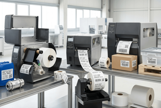 Ultra-premium WIDE PANORAMIC commercial photography for the HERO HEADER of a European industrial labeling and printing solutions website.

Create a sophisticated INDUSTRIAL THERMAL PRINTING ECOSYSTEM showing several heavy-duty industrial label printers, different printing technologies and real industrial label applications.

This is a WEBSITE HERO BANNER, NOT a single-product catalog photograph.

MAIN COMPOSITION:
Show THREE COMPLETE INDUSTRIAL THERMAL LABEL PRINTERS arranged at different depths across a wide panoramic scene.

Camera pulled back. All three machines fully visible.

The printers must look significantly larger, heavier and more robust than standard desktop thermal printers.

Use substantial workstation-sized machines with:
• reinforced metal chassis
• graphite and brushed stainless-steel surfaces
• professional ventilation
• robust covers and hinges
• integrated displays
• industrial control panels
• large internal media capacity

No single printer should occupy more than approximately 30% of the frame.

TECHNOLOGIES:

PRINTER 1 — THERMAL TRANSFER
Partially open, showing:
• large white synthetic label roll
• black thermal transfer ribbon
• ribbon supply and take-up rolls
• realistic print mechanism

Producing durable technical polyester labels.

PRINTER 2 — DIRECT THERMAL
Large industrial direct thermal printer WITHOUT RIBBON.

Producing large logistics and pallet identification labels.

PRINTER 3 — HIGH-PERFORMANCE THERMAL TRANSFER
Producing a continuous sequence of variable-data industrial traceability labels.

LABEL APPLICATIONS:
Create a rich but controlled selection of industrial applications around the machines:

• blue chemical container with durable synthetic label
• metallic technical component with silver polyester DataMatrix label
• black industrial component with white traceability label
• kraft logistics box with large shipping label
• reusable plastic logistics container with barcode label
• small pallet of clean boxes with pallet identification label

All labels must be REAL physical self-adhesive labels with clearly visible edges.

PRINTED INFORMATION:
Use realistic Spanish variable data such as:

COMPONENTE INDUSTRIAL
REF: IND-2847
LOTE: 260824
SERIE: A04287

PEDIDO: 038427
PALET: P-0284
UBICACIÓN: A-04-12

Include extremely sharp:
• Code 128 barcodes
• QR codes
• DataMatrix
• serial numbers
• lot numbers
• small technical typography

Show different label materials:
white polyester, matte white PP, silver polyester, direct thermal paper and transparent synthetic film.

INDUSTRIAL PRODUCTIVITY:
Add a few secondary production elements:
• professional label rewinder
• finished printed label rolls
• large white media roll
• one black thermal transfer ribbon roll

Keep them secondary and elegantly integrated.

COMPOSITION:
Wide cinematic panoramic website hero.

LEFT:
industrial thermal transfer printer + technical applications.

CENTER:
main robust industrial printer + labels emerging toward foreground.

RIGHT:
direct thermal / high-volume printer + logistics applications.

Use different heights and depths to create visual rhythm.

Generous negative space around the complete scene.

NO close-up.
NO cropped machines.
NO single giant printer dominating the image.

BACKGROUND:
Bright, sophisticated modern industrial environment.

Predominantly white, extremely light neutral architecture and subtle stainless-steel work surfaces.

A minimal clean production environment may be visible in the distance, softly integrated.

No dark factory. No warehouse clutter.

LIGHTING:
Premium high-end industrial advertising photography with bright architectural daylight and controlled softbox lighting.

Emphasize metal construction, black ribbon, synthetic label textures, silver polyester and exceptional print definition.

Medium-to-deep depth of field: all three printers clearly recognizable.

BRANDING:
ALL MACHINES COMPLETELY UNBRANDED.

No manufacturer names, logos, badges, trademarks or fictional brands.

ABSOLUTELY NO HP BRANDING and no recognizable real printer manufacturer logos.

STYLE:
Contemporary European B2B industrial technology campaign.

Robust, powerful, precise, clean, technical and premium.

Hyper-realistic professional equipment and materials, 8K commercial photography.

CRITICAL:
This image must immediately feel MORE INDUSTRIAL, MORE ROBUST and MORE HIGH-CAPACITY than the previous website page for standard thermal printers.

It must communicate:
INDUSTRIAL PRINTING
HIGH VOLUME
24/7 RELIABILITY
THERMAL TRANSFER
DIRECT THERMAL
TRACEABILITY
LOGISTICS
DURABLE IDENTIFICATION.

NO compact desktop printers.
NO office printers.
NO receipt printers.
NO inkjet printers.
NO laser printers.
NO printing press.
NO flexographic press.
NO giant floor-standing machinery.
NO people.
NO hands.
NO real logos.
NO invented brands.
NO dark factory.
NO CGI.
NO floating graphics.