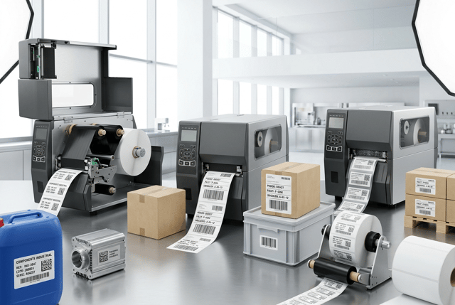 Ultra-premium WIDE PANORAMIC commercial photography for the HERO HEADER of a European industrial labeling and printing solutions website.

Create a sophisticated INDUSTRIAL THERMAL PRINTING ECOSYSTEM showing several heavy-duty industrial label printers, different printing technologies and real industrial label applications.

This is a WEBSITE HERO BANNER, NOT a single-product catalog photograph.

MAIN COMPOSITION:
Show THREE COMPLETE INDUSTRIAL THERMAL LABEL PRINTERS arranged at different depths across a wide panoramic scene.

Camera pulled back. All three machines fully visible.

The printers must look significantly larger, heavier and more robust than standard desktop thermal printers.

Use substantial workstation-sized machines with:
• reinforced metal chassis
• graphite and brushed stainless-steel surfaces
• professional ventilation
• robust covers and hinges
• integrated displays
• industrial control panels
• large internal media capacity

No single printer should occupy more than approximately 30% of the frame.

TECHNOLOGIES:

PRINTER 1 — THERMAL TRANSFER
Partially open, showing:
• large white synthetic label roll
• black thermal transfer ribbon
• ribbon supply and take-up rolls
• realistic print mechanism

Producing durable technical polyester labels.

PRINTER 2 — DIRECT THERMAL
Large industrial direct thermal printer WITHOUT RIBBON.

Producing large logistics and pallet identification labels.

PRINTER 3 — HIGH-PERFORMANCE THERMAL TRANSFER
Producing a continuous sequence of variable-data industrial traceability labels.

LABEL APPLICATIONS:
Create a rich but controlled selection of industrial applications around the machines:

• blue chemical container with durable synthetic label
• metallic technical component with silver polyester DataMatrix label
• black industrial component with white traceability label
• kraft logistics box with large shipping label
• reusable plastic logistics container with barcode label
• small pallet of clean boxes with pallet identification label

All labels must be REAL physical self-adhesive labels with clearly visible edges.

PRINTED INFORMATION:
Use realistic Spanish variable data such as:

COMPONENTE INDUSTRIAL
REF: IND-2847
LOTE: 260824
SERIE: A04287

PEDIDO: 038427
PALET: P-0284
UBICACIÓN: A-04-12

Include extremely sharp:
• Code 128 barcodes
• QR codes
• DataMatrix
• serial numbers
• lot numbers
• small technical typography

Show different label materials:
white polyester, matte white PP, silver polyester, direct thermal paper and transparent synthetic film.

INDUSTRIAL PRODUCTIVITY:
Add a few secondary production elements:
• professional label rewinder
• finished printed label rolls
• large white media roll
• one black thermal transfer ribbon roll

Keep them secondary and elegantly integrated.

COMPOSITION:
Wide cinematic panoramic website hero.

LEFT:
industrial thermal transfer printer + technical applications.

CENTER:
main robust industrial printer + labels emerging toward foreground.

RIGHT:
direct thermal / high-volume printer + logistics applications.

Use different heights and depths to create visual rhythm.

Generous negative space around the complete scene.

NO close-up.
NO cropped machines.
NO single giant printer dominating the image.

BACKGROUND:
Bright, sophisticated modern industrial environment.

Predominantly white, extremely light neutral architecture and subtle stainless-steel work surfaces.

A minimal clean production environment may be visible in the distance, softly integrated.

No dark factory. No warehouse clutter.

LIGHTING:
Premium high-end industrial advertising photography with bright architectural daylight and controlled softbox lighting.

Emphasize metal construction, black ribbon, synthetic label textures, silver polyester and exceptional print definition.

Medium-to-deep depth of field: all three printers clearly recognizable.

BRANDING:
ALL MACHINES COMPLETELY UNBRANDED.

No manufacturer names, logos, badges, trademarks or fictional brands.

ABSOLUTELY NO HP BRANDING and no recognizable real printer manufacturer logos.

STYLE:
Contemporary European B2B industrial technology campaign.

Robust, powerful, precise, clean, technical and premium.

Hyper-realistic professional equipment and materials, 8K commercial photography.

CRITICAL:
This image must immediately feel MORE INDUSTRIAL, MORE ROBUST and MORE HIGH-CAPACITY than the previous website page for standard thermal printers.

It must communicate:
INDUSTRIAL PRINTING
HIGH VOLUME
24/7 RELIABILITY
THERMAL TRANSFER
DIRECT THERMAL
TRACEABILITY
LOGISTICS
DURABLE IDENTIFICATION.

NO compact desktop printers.
NO office printers.
NO receipt printers.
NO inkjet printers.
NO laser printers.
NO printing press.
NO flexographic press.
NO giant floor-standing machinery.
NO people.
NO hands.
NO real logos.
NO invented brands.
NO dark factory.
NO CGI.
NO floating graphics.