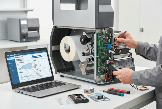Premium professional commercial photography for a European industrial labeling company, showing EXPERT DIAGNOSIS AND REPAIR of a professional industrial thermal label printer.
The image must communicate:
TECHNICAL DIAGNOSIS
PROFESSIONAL REPAIR
ELECTRONICS
PRECISION
EXPERT SUPPORT
INDUSTRIAL RELIABILITY.
MAIN SCENE:
One robust industrial thermal label printer positioned on a clean professional technical workbench.
The printer is partially open with one side or rear service panel removed, exposing a realistic internal electronic and mechanical area.
A qualified technician is diagnosing the machine.
Show mainly the technician’s hands and forearms in clean neutral professional workwear. No full portrait.
The PRINTER AND TECHNICAL INTERVENTION are the protagonists.
DIAGNOSTIC ACTION:
The technician is carefully checking internal components and connections.
Show realistic:
• electronic control board
• communication connectors
• internal wiring
• sensors
• print mechanism
• traction system
One hand uses a compact professional digital multimeter or precision diagnostic tool.
The other carefully checks a connector or sensor.
Place an open laptop beside the printer displaying a CLEAN GENERIC DIAGNOSTIC INTERFACE with technical graphs, printer status and calibration values.
NO recognizable operating system or software brand.
PRINTER:
Large professional thermal label printer with robust graphite and metallic construction, integrated display and realistic internal components.
A white self-adhesive label roll remains installed inside.
The machine must look repairable and professional, NOT destroyed or dismantled into pieces.
TECHNICAL TOOLS:
On the workbench place only a few neatly organized tools:
• precision screwdriver
• digital multimeter
• small set of connectors
• one replacement sensor
• compact electronic component
No excessive toolbox.
COMPOSITION:
Wide horizontal website image.
Printer occupies approximately 45–50% of the scene.
Technician’s hands enter naturally from one side.
Laptop positioned on the opposite side creates visual balance.
Show the complete printer and enough of the workstation to understand the technical-service environment.
Do NOT use extreme close-up.
BACKGROUND:
Bright, modern technical workshop in white and extremely light neutral tones.
A second printer or technical shelving may appear subtly blurred in the background.
Everything extremely clean, organized and professional.
LIGHTING:
Premium high-key technical photography.
Soft controlled lighting emphasizing internal electronics, printer construction and technician’s hands.
Main repair area razor-sharp with subtle natural depth of field.
BRANDING:
ALL EQUIPMENT COMPLETELY UNBRANDED.
No manufacturer logos, company names, badges or fictional brands.
Absolutely NO HP branding and no recognizable printer manufacturer logos.
Laptop also completely unbranded.
STYLE:
Contemporary European B2B technical-service photography, precise, technological, clean, trustworthy, premium, hyper-realistic, 8K.
CRITICAL:
This must look like PROFESSIONAL DIAGNOSIS OF AN INDUSTRIAL LABEL PRINTER, not general computer repair.
NO dirty workshop.
NO broken plastic.
NO destroyed printer.
NO sparks.
NO smoke.
NO dramatic electrical failure.
NO automotive tools.
NO soldering dominating the scene.
NO full technician portrait.
NO person looking at camera.
NO HP logo.
NO real logos.
NO invented brands.
NO dark workshop.
NO futuristic holographic screens.
NO CGI.
NO floating graphics.