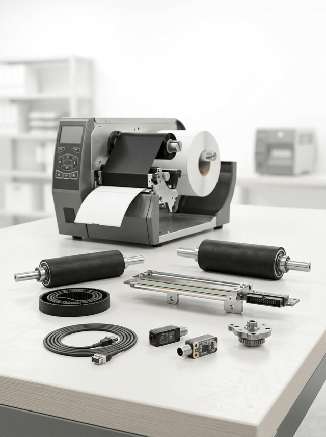 Premium professional commercial photography for a European industrial labeling company, showing REPLACEMENT PARTS AND CRITICAL COMPONENTS for professional thermal label printers.
The image must communicate:
SPARE PARTS
PRINTHEADS
TRACTION ROLLERS
SENSORS
BELTS
TECHNICAL SERVICE
FAST PROFESSIONAL REPAIR.
MAIN COMPOSITION:
Create a sophisticated technical product composition on a clean professional workbench.
Place ONE robust industrial thermal label printer in the middle background, completely visible but slightly out of focus.
In the foreground, arrange a carefully selected collection of REALISTIC THERMAL PRINTER SPARE PARTS.
The spare parts are the main visual protagonists.
SHOW:
• one professional thermal printhead assembly
• two black rubber platen / traction rollers
• one drive belt
• one compact optical label sensor
• one small media sensor
• one realistic printhead cable or connector
• one small mechanical drive component
IMPORTANT:
All components must look specifically designed for PROFESSIONAL THERMAL LABEL PRINTERS.
Do NOT create generic automotive or machinery spare parts.
PRINTHEAD:
The thermal printhead should be especially prominent.
Show a realistic slim precision printhead assembly with metallic structure, ceramic printing edge, electrical connector and technical mounting points.
It must look delicate, precise and high-value.
ROLLERS:
Show realistic cylindrical black rubber traction rollers with metal shafts and precision bearings.
BELT:
One compact black toothed drive belt neatly positioned beside the rollers.
SENSORS:
Small professional optical sensors with realistic connectors and electronic details.
PRINTER:
Industrial workstation-sized thermal label printer with robust graphite and brushed metallic housing, integrated display and professional construction.
The printer may be partially open to visually connect the spare parts with the machine.
A white label roll and black thermal transfer ribbon may be subtly visible inside.
COMPOSITION:
Wide horizontal website image.
Foreground spare parts occupy approximately 50% of the visual attention.
Arrange them in an elegant technical layout at different heights and angles, NOT in a rigid catalog grid.
The printer provides context behind them.
Leave generous white space.
No hands and no technician in this image.
BACKGROUND:
Bright modern technical workshop with PURE WHITE and extremely light neutral tones.
Clean professional workbench.
Very subtle shelving or another printer may appear heavily softened in the distant background.
LIGHTING:
Premium high-key product photography.
Controlled soft lighting must reveal:
• precision metal surfaces
• ceramic printhead
• rubber roller texture
• electronic sensors
• connectors
• printer construction
Foreground components razor-sharp.
Printer slightly softer but clearly recognizable.
BRANDING:
ALL COMPONENTS AND PRINTERS COMPLETELY UNBRANDED.
No manufacturer names, logos, product references, badges or fictional brands.
Absolutely NO HP branding and no recognizable real manufacturer logos.
STYLE:
Contemporary European B2B technical product photography, precise, organized, professional, premium, trustworthy, hyper-realistic, 8K.
CRITICAL:
The image must immediately look like PROFESSIONAL SPARE PARTS FOR THERMAL LABEL PRINTERS, not generic electronic components.
NO automotive parts.
NO gears dominating the image.
NO large motors.
NO dirty used components.
NO damaged parts.
NO random circuit boards.
NO computer components.
NO ink cartridges.
NO toner.
NO tools dominating the scene.
NO hands.
NO people.
NO real logos.
NO invented brands.
NO dark workshop.
NO CGI.
NO floating graphics.
