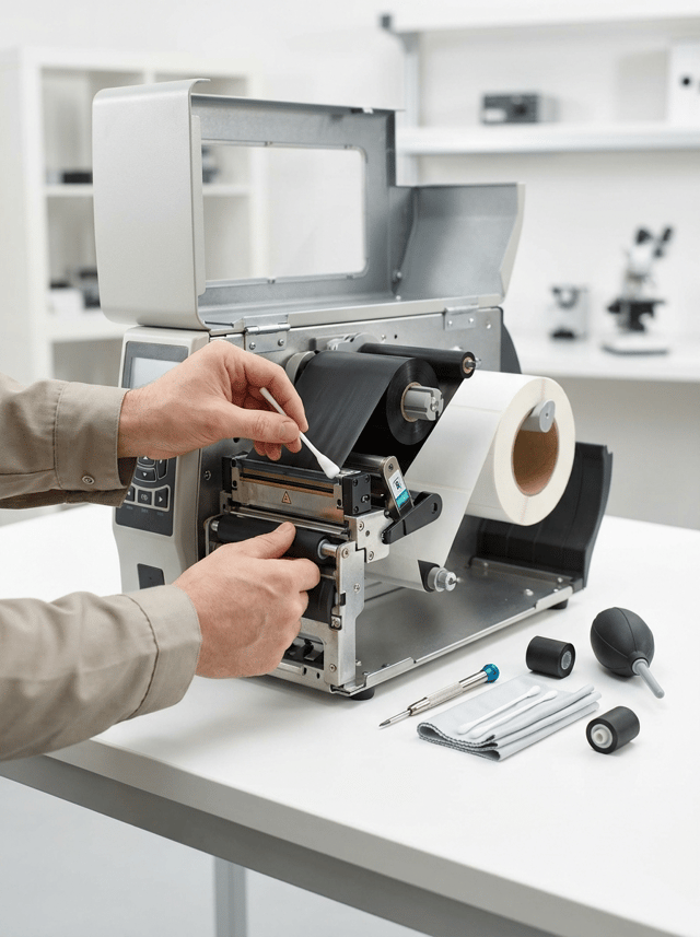 Premium professional commercial photography for a European industrial labeling company, showing PREVENTIVE MAINTENANCE of a professional thermal label printer.
The image must communicate:
TECHNICAL SERVICE
PREVENTIVE MAINTENANCE
PRECISION
CLEANING
PROFESSIONAL CARE
RELIABILITY.
MAIN SCENE:
One robust professional thermal transfer label printer positioned on a clean technical workbench.
The printer is partially open, clearly showing its internal printing mechanism.
A professional technician is performing maintenance.
Show ONLY the technician’s hands and part of the neutral professional workwear. The person must NOT dominate the image.
The PRINTER AND MAINTENANCE ACTION are the protagonists.
MAINTENANCE ACTION:
Show the technician carefully cleaning and inspecting:
• thermal printhead
• label sensor
• traction rollers
• media path
One hand uses a professional lint-free cleaning swab or technical cleaning cloth.
The other hand carefully stabilizes or inspects the mechanism.
The intervention must look technically credible and delicate, NOT like mechanical car repair.
PRINTER:
Professional workstation-sized thermal label printer with robust graphite and light metallic housing, integrated display, realistic internal mechanism and white self-adhesive label roll.
A black thermal transfer ribbon may be visible inside the printer.
The machine must be COMPLETELY UNBRANDED.
WORKBENCH:
Clean white or very light gray professional technical surface.
Place a SMALL selection of maintenance tools beside the machine:
• precision screwdriver
• lint-free cleaning cloth
• small cleaning swabs
• compact air blower
• one replacement roller
Everything neatly organized.
No excessive tools.
DETAIL:
The printhead and internal mechanism should be clearly visible and extremely sharp.
Show realistic material textures:
metal, rubber rollers, black ribbon film, white label media and technical plastic components.
COMPOSITION:
Wide horizontal website image.
Printer occupies approximately 50% of the composition.
Technician’s hands enter naturally from one side.
Leave generous negative space.
Camera close enough to understand the maintenance operation but NOT macro and NOT an extreme close-up.
BACKGROUND:
Bright, modern and extremely clean technical workshop.
Predominantly PURE WHITE and very light neutral tones.
Subtle blurred technical shelving or another printer may appear far in the background.
No dark workshop.
LIGHTING:
Premium high-key professional photography with soft controlled studio lighting.
Main printer mechanism, printhead and technician’s hands razor-sharp.
Natural subtle depth of field.
BRANDING:
NO manufacturer logos or names anywhere.
NO HP logo.
NO Zebra logo.
NO TSC logo.
NO Honeywell logo.
NO fictional brands.
Printer housing completely unbranded.
STYLE:
Contemporary European B2B technical service photography, clean, precise, trustworthy, professional, premium, hyper-realistic, 8K.
NO dirty workshop.
NO grease.
NO automotive tools.
NO sparks.
NO damaged destroyed printer.
NO soldering iron.
NO dramatic repair scene.
NO full technician portrait.
NO person looking at camera.
NO real logos.
NO invented logos.
NO dark background.
NO CGI.
NO floating graphics.