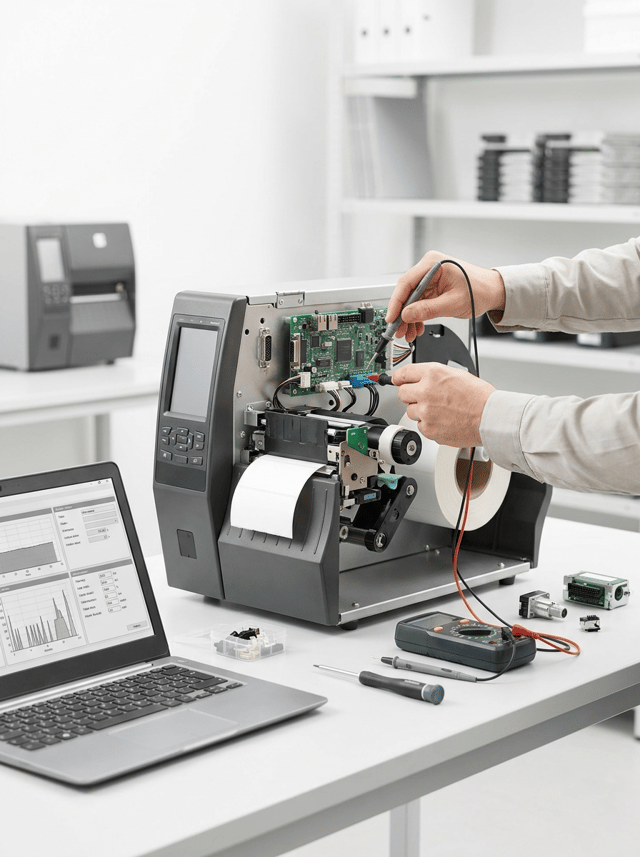 Premium professional commercial photography for a European industrial labeling company, showing EXPERT DIAGNOSIS AND REPAIR of a professional industrial thermal label printer.
The image must communicate:
TECHNICAL DIAGNOSIS
PROFESSIONAL REPAIR
ELECTRONICS
PRECISION
EXPERT SUPPORT
INDUSTRIAL RELIABILITY.
MAIN SCENE:
One robust industrial thermal label printer positioned on a clean professional technical workbench.
The printer is partially open with one side or rear service panel removed, exposing a realistic internal electronic and mechanical area.
A qualified technician is diagnosing the machine.
Show mainly the technician’s hands and forearms in clean neutral professional workwear. No full portrait.
The PRINTER AND TECHNICAL INTERVENTION are the protagonists.
DIAGNOSTIC ACTION:
The technician is carefully checking internal components and connections.
Show realistic:
• electronic control board
• communication connectors
• internal wiring
• sensors
• print mechanism
• traction system
One hand uses a compact professional digital multimeter or precision diagnostic tool.
The other carefully checks a connector or sensor.
Place an open laptop beside the printer displaying a CLEAN GENERIC DIAGNOSTIC INTERFACE with technical graphs, printer status and calibration values.
NO recognizable operating system or software brand.
PRINTER:
Large professional thermal label printer with robust graphite and metallic construction, integrated display and realistic internal components.
A white self-adhesive label roll remains installed inside.
The machine must look repairable and professional, NOT destroyed or dismantled into pieces.
TECHNICAL TOOLS:
On the workbench place only a few neatly organized tools:
• precision screwdriver
• digital multimeter
• small set of connectors
• one replacement sensor
• compact electronic component
No excessive toolbox.
COMPOSITION:
Wide horizontal website image.
Printer occupies approximately 45–50% of the scene.
Technician’s hands enter naturally from one side.
Laptop positioned on the opposite side creates visual balance.
Show the complete printer and enough of the workstation to understand the technical-service environment.
Do NOT use extreme close-up.
BACKGROUND:
Bright, modern technical workshop in white and extremely light neutral tones.
A second printer or technical shelving may appear subtly blurred in the background.
Everything extremely clean, organized and professional.
LIGHTING:
Premium high-key technical photography.
Soft controlled lighting emphasizing internal electronics, printer construction and technician’s hands.
Main repair area razor-sharp with subtle natural depth of field.
BRANDING:
ALL EQUIPMENT COMPLETELY UNBRANDED.
No manufacturer logos, company names, badges or fictional brands.
Absolutely NO HP branding and no recognizable printer manufacturer logos.
Laptop also completely unbranded.
STYLE:
Contemporary European B2B technical-service photography, precise, technological, clean, trustworthy, premium, hyper-realistic, 8K.
CRITICAL:
This must look like PROFESSIONAL DIAGNOSIS OF AN INDUSTRIAL LABEL PRINTER, not general computer repair.
NO dirty workshop.
NO broken plastic.
NO destroyed printer.
NO sparks.
NO smoke.
NO dramatic electrical failure.
NO automotive tools.
NO soldering dominating the scene.
NO full technician portrait.
NO person looking at camera.
NO HP logo.
NO real logos.
NO invented brands.
NO dark workshop.
NO futuristic holographic screens.
NO CGI.
NO floating graphics.