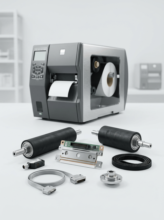 Premium professional commercial photography for a European industrial labeling company, showing REPLACEMENT PARTS AND CRITICAL COMPONENTS for professional thermal label printers.
The image must communicate:
SPARE PARTS
PRINTHEADS
TRACTION ROLLERS
SENSORS
BELTS
TECHNICAL SERVICE
FAST PROFESSIONAL REPAIR.
MAIN COMPOSITION:
Create a sophisticated technical product composition on a clean professional workbench.
Place ONE robust industrial thermal label printer in the middle background, completely visible but slightly out of focus.
In the foreground, arrange a carefully selected collection of REALISTIC THERMAL PRINTER SPARE PARTS.
The spare parts are the main visual protagonists.
SHOW:
• one professional thermal printhead assembly
• two black rubber platen / traction rollers
• one drive belt
• one compact optical label sensor
• one small media sensor
• one realistic printhead cable or connector
• one small mechanical drive component
IMPORTANT:
All components must look specifically designed for PROFESSIONAL THERMAL LABEL PRINTERS.
Do NOT create generic automotive or machinery spare parts.
PRINTHEAD:
The thermal printhead should be especially prominent.
Show a realistic slim precision printhead assembly with metallic structure, ceramic printing edge, electrical connector and technical mounting points.
It must look delicate, precise and high-value.
ROLLERS:
Show realistic cylindrical black rubber traction rollers with metal shafts and precision bearings.
BELT:
One compact black toothed drive belt neatly positioned beside the rollers.
SENSORS:
Small professional optical sensors with realistic connectors and electronic details.
PRINTER:
Industrial workstation-sized thermal label printer with robust graphite and brushed metallic housing, integrated display and professional construction.
The printer may be partially open to visually connect the spare parts with the machine.
A white label roll and black thermal transfer ribbon may be subtly visible inside.
COMPOSITION:
Wide horizontal website image.
Foreground spare parts occupy approximately 50% of the visual attention.
Arrange them in an elegant technical layout at different heights and angles, NOT in a rigid catalog grid.
The printer provides context behind them.
Leave generous white space.
No hands and no technician in this image.
BACKGROUND:
Bright modern technical workshop with PURE WHITE and extremely light neutral tones.
Clean professional workbench.
Very subtle shelving or another printer may appear heavily softened in the distant background.
LIGHTING:
Premium high-key product photography.
Controlled soft lighting must reveal:
• precision metal surfaces
• ceramic printhead
• rubber roller texture
• electronic sensors
• connectors
• printer construction
Foreground components razor-sharp.
Printer slightly softer but clearly recognizable.
BRANDING:
ALL COMPONENTS AND PRINTERS COMPLETELY UNBRANDED.
No manufacturer names, logos, product references, badges or fictional brands.
Absolutely NO HP branding and no recognizable real manufacturer logos.
STYLE:
Contemporary European B2B technical product photography, precise, organized, professional, premium, trustworthy, hyper-realistic, 8K.
CRITICAL:
The image must immediately look like PROFESSIONAL SPARE PARTS FOR THERMAL LABEL PRINTERS, not generic electronic components.
NO automotive parts.
NO gears dominating the image.
NO large motors.
NO dirty used components.
NO damaged parts.
NO random circuit boards.
NO computer components.
NO ink cartridges.
NO toner.
NO tools dominating the scene.
NO hands.
NO people.
NO real logos.
NO invented brands.
NO dark workshop.
NO CGI.
NO floating graphics.