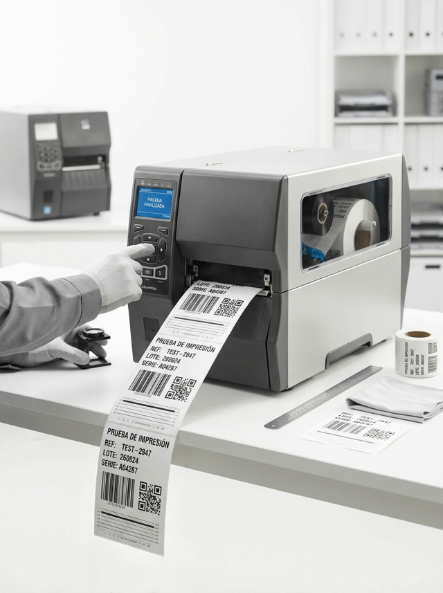 Premium professional commercial photography for a European industrial labeling company, showing FINAL CALIBRATION AND PRINT QUALITY TESTING of a professional thermal label printer after technical maintenance.
The image must communicate:
SUCCESSFUL REPAIR
FINAL CALIBRATION
PRINT QUALITY
PRECISION
RELIABILITY
PROFESSIONAL TECHNICAL SERVICE.
MAIN SCENE:
One robust professional thermal transfer label printer positioned on a clean technical workbench.
The printer is fully assembled, operational and printing.
A technician is performing the final calibration and quality-control test.
Show only the technician’s hands and forearms in clean neutral professional workwear.
The PRINTER AND THE PERFECTLY PRINTED LABELS are the protagonists.
PRINTING:
A continuous strip of 4–5 white self-adhesive labels emerges naturally from the printer toward the foreground.
The nearest printed labels must be clearly visible and extremely sharp.
Visible Spanish information:
PRUEBA DE IMPRESIÓN
REF: TEST-2847
LOTE: 260824
SERIE: A04287
Include:
• Code 128 barcode
• DataMatrix
• QR code
• fine horizontal calibration lines
• small variable numbers
PRINT QUALITY:
The purpose is to visually demonstrate PERFECT PRINTING.
Show:
• extremely crisp barcode lines
• precise DataMatrix modules
• sharp small typography
• solid black areas
• perfect alignment
• consistent print density
• clean label positioning
No faded areas, broken lines or misalignment.
CALIBRATION ACTION:
One technician hand adjusts the printer through its integrated control panel.
The other hand carefully inspects one freshly printed label.
The interaction must look technically credible and professional.
PRINTER:
Workstation-sized professional thermal transfer printer with robust graphite and light metallic construction, integrated display and realistic controls.
A white self-adhesive label roll and black thermal transfer ribbon may be visible through the partially open media area.
Keep the printer completely visible.
SECONDARY ELEMENTS:
Place only a few subtle technical elements on the workbench:
• one finished roll of test labels
• small precision ruler or measuring tool
• clean lint-free cloth
• one additional label sample
Keep everything organized and secondary.
COMPOSITION:
Wide horizontal website image.
Printer positioned centrally and occupying approximately 45% of the composition.
Printed label strip extends naturally toward the foreground.
Technician’s hands enter from one side without hiding the machine.
Leave generous clean negative space.
BACKGROUND:
Bright, modern technical-service workshop.
Predominantly PURE WHITE and extremely light neutral tones.
One additional printer may appear subtly blurred in the distant background.
LIGHTING:
Premium high-key technical photography.
Main printer, technician’s hands and printed labels razor-sharp.
Lighting must emphasize the exceptional definition of the barcode and DataMatrix printing.
Soft natural shadows and subtle depth of field.
BRANDING:
ALL EQUIPMENT COMPLETELY UNBRANDED.
No manufacturer names, logos, badges or fictional brands.
Absolutely NO HP branding and no recognizable real printer manufacturer logos.
STYLE:
Contemporary European B2B technical-service photography, clean, precise, professional, trustworthy, premium, hyper-realistic, 8K.
CRITICAL:
The printer must look FULLY REPAIRED AND OPERATIONAL.
The image must communicate successful technical intervention through PERFECT PRINT QUALITY.
NO broken printer.
NO damaged components.
NO error screen.
NO faded labels.
NO misaligned printing.
NO dirty workshop.
NO excessive tools.
NO office printer.
NO inkjet printer.
NO laser printer.
NO full technician portrait.
NO person looking at camera.
NO real logos.
NO invented brands.
NO dark background.
NO CGI.
NO floating graphics.