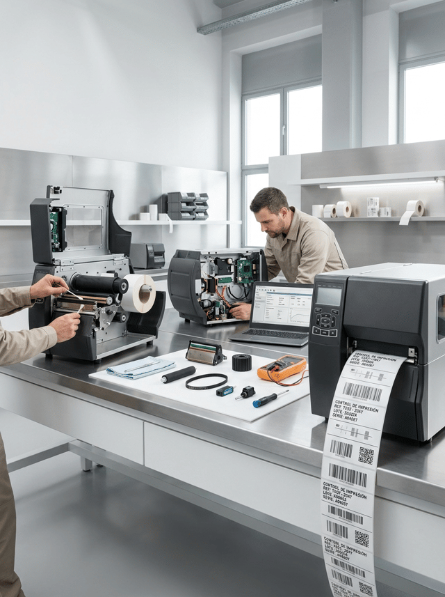 Ultra-premium WIDE PANORAMIC commercial photography for the HERO HEADER of a European industrial labeling company, showing a PROFESSIONAL TECHNICAL SERVICE CENTER specialized in thermal and industrial label printers.
This is a WEBSITE HERO IMAGE, not a close-up and not a single-product catalog photograph.
The image must immediately communicate:
TECHNICAL SERVICE
PRINTER REPAIR
PREVENTIVE MAINTENANCE
DIAGNOSIS
SPARE PARTS
CALIBRATION
PROFESSIONAL SUPPORT.
MAIN SCENE:
Create a bright, sophisticated technical workshop with THREE professional thermal label printers positioned across a large clean workbench.
Show different stages of technical service simultaneously.
LEFT:
One robust industrial thermal printer partially open.
A technician is performing preventive maintenance, carefully cleaning the printhead and inspecting the traction rollers.
CENTER:
One industrial thermal printer undergoing technical diagnosis.
Its service panel is open and realistic internal electronics, sensors and connectors are visible.
A professional laptop beside it displays a clean generic diagnostic interface with technical values and calibration graphs.
RIGHT:
One fully repaired thermal printer actively producing a continuous strip of perfectly printed labels.
Show extremely sharp barcodes, DataMatrix codes, QR codes and variable data.
TECHNICIAN:
One professional technician working naturally across the central area.
Show mainly torso, arms and hands in clean neutral technical workwear.
The technician must be focused on the equipment, NOT looking at camera.
No posed portrait.
SPARE PARTS:
On one clean section of the workbench arrange a SMALL professional selection of thermal printer components:
• thermal printhead
• black rubber traction roller
• compact drive belt
• optical sensor
• small connector
Components must look precise, clean and specific to professional thermal label printers.
TOOLS:
Include only a few professional tools:
• precision screwdriver
• digital multimeter
• lint-free cleaning cloth
• cleaning swabs
Everything organized.
PRINTED LABELS:
The operational printer produces white self-adhesive technical labels.
Visible Spanish data:
CONTROL DE IMPRESIÓN
REF: TEST-2847
LOTE: 260824
SERIE: A04287
Include crisp:
• Code 128 barcode
• DataMatrix
• QR code
• fine calibration lines
• small variable data
Printing must look PERFECT: sharp, aligned and consistent.
COMPOSITION:
Very wide panoramic website hero.
Camera pulled back enough to show the COMPLETE technical workstation and all THREE printers.
No single printer occupies more than approximately 25–30% of the frame.
Create visual rhythm from maintenance → diagnosis → successful printing.
Leave generous clean negative space around the scene for website layout.
BACKGROUND:
Bright modern professional technical workshop.
Predominantly WHITE, very light gray and subtle brushed stainless-steel surfaces.
Minimal shelving in the background with neatly arranged label rolls and a few technical components.
Extremely clean and organized.
No dark workshop.
No warehouse.
No factory clutter.
LIGHTING:
Premium architectural daylight combined with soft controlled studio lighting.
Bright, clean and natural.
Highlight:
• printer construction
• internal mechanisms
• technician’s hands
• precision components
• white label material
• exceptional barcode definition
Use moderate cinematic depth of field while keeping the overall service environment understandable.
BRANDING:
ALL PRINTERS, LAPTOPS, TOOLS AND COMPONENTS COMPLETELY UNBRANDED.
No manufacturer names, logos, badges, trademarks or fictional brands.
Absolutely NO HP branding.
NO Zebra branding.
NO TSC branding.
NO Honeywell branding.
No recognizable real printer manufacturer logos.
STYLE:
Contemporary European B2B technical-service campaign photography.
Professional, technical, precise, trustworthy, clean and premium.
Hyper-realistic commercial photography, 8K.
CRITICAL:
This must look like a SPECIALIZED LABEL PRINTER TECHNICAL SERVICE CENTER.
NOT a generic electronics repair shop.
The overall scene must be more important than any individual printer.
NO extreme close-up.
NO giant printer dominating the image.
NO dirty workshop.
NO damaged destroyed machines.
NO sparks.
NO smoke.
NO automotive tools.
NO office printers.
NO inkjet printers.
NO laser printers.
NO full portrait posing.
NO person looking at camera.
NO real logos.
NO invented brands.
NO dark background.
NO CGI.
NO floating graphics.