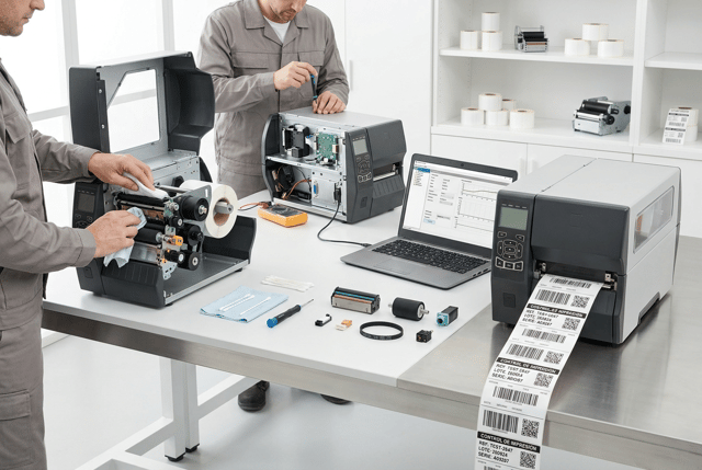 Ultra-premium WIDE PANORAMIC commercial photography for the HERO HEADER of a European industrial labeling company, showing a PROFESSIONAL TECHNICAL SERVICE CENTER specialized in thermal and industrial label printers.
This is a WEBSITE HERO IMAGE, not a close-up and not a single-product catalog photograph.
The image must immediately communicate:
TECHNICAL SERVICE
PRINTER REPAIR
PREVENTIVE MAINTENANCE
DIAGNOSIS
SPARE PARTS
CALIBRATION
PROFESSIONAL SUPPORT.
MAIN SCENE:
Create a bright, sophisticated technical workshop with THREE professional thermal label printers positioned across a large clean workbench.
Show different stages of technical service simultaneously.
LEFT:
One robust industrial thermal printer partially open.
A technician is performing preventive maintenance, carefully cleaning the printhead and inspecting the traction rollers.
CENTER:
One industrial thermal printer undergoing technical diagnosis.
Its service panel is open and realistic internal electronics, sensors and connectors are visible.
A professional laptop beside it displays a clean generic diagnostic interface with technical values and calibration graphs.
RIGHT:
One fully repaired thermal printer actively producing a continuous strip of perfectly printed labels.
Show extremely sharp barcodes, DataMatrix codes, QR codes and variable data.
TECHNICIAN:
One professional technician working naturally across the central area.
Show mainly torso, arms and hands in clean neutral technical workwear.
The technician must be focused on the equipment, NOT looking at camera.
No posed portrait.
SPARE PARTS:
On one clean section of the workbench arrange a SMALL professional selection of thermal printer components:
• thermal printhead
• black rubber traction roller
• compact drive belt
• optical sensor
• small connector
Components must look precise, clean and specific to professional thermal label printers.
TOOLS:
Include only a few professional tools:
• precision screwdriver
• digital multimeter
• lint-free cleaning cloth
• cleaning swabs
Everything organized.
PRINTED LABELS:
The operational printer produces white self-adhesive technical labels.
Visible Spanish data:
CONTROL DE IMPRESIÓN
REF: TEST-2847
LOTE: 260824
SERIE: A04287
Include crisp:
• Code 128 barcode
• DataMatrix
• QR code
• fine calibration lines
• small variable data
Printing must look PERFECT: sharp, aligned and consistent.
COMPOSITION:
Very wide panoramic website hero.
Camera pulled back enough to show the COMPLETE technical workstation and all THREE printers.
No single printer occupies more than approximately 25–30% of the frame.
Create visual rhythm from maintenance → diagnosis → successful printing.
Leave generous clean negative space around the scene for website layout.
BACKGROUND:
Bright modern professional technical workshop.
Predominantly WHITE, very light gray and subtle brushed stainless-steel surfaces.
Minimal shelving in the background with neatly arranged label rolls and a few technical components.
Extremely clean and organized.
No dark workshop.
No warehouse.
No factory clutter.
LIGHTING:
Premium architectural daylight combined with soft controlled studio lighting.
Bright, clean and natural.
Highlight:
• printer construction
• internal mechanisms
• technician’s hands
• precision components
• white label material
• exceptional barcode definition
Use moderate cinematic depth of field while keeping the overall service environment understandable.
BRANDING:
ALL PRINTERS, LAPTOPS, TOOLS AND COMPONENTS COMPLETELY UNBRANDED.
No manufacturer names, logos, badges, trademarks or fictional brands.
Absolutely NO HP branding.
NO Zebra branding.
NO TSC branding.
NO Honeywell branding.
No recognizable real printer manufacturer logos.
STYLE:
Contemporary European B2B technical-service campaign photography.
Professional, technical, precise, trustworthy, clean and premium.
Hyper-realistic commercial photography, 8K.
CRITICAL:
This must look like a SPECIALIZED LABEL PRINTER TECHNICAL SERVICE CENTER.
NOT a generic electronics repair shop.
The overall scene must be more important than any individual printer.
NO extreme close-up.
NO giant printer dominating the image.
NO dirty workshop.
NO damaged destroyed machines.
NO sparks.
NO smoke.
NO automotive tools.
NO office printers.
NO inkjet printers.
NO laser printers.
NO full portrait posing.
NO person looking at camera.
NO real logos.
NO invented brands.
NO dark background.
NO CGI.
NO floating graphics.
