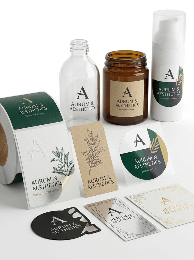 Premium professional commercial photography for a European label printing and graphic design company, showing ONE BRAND IDENTITY professionally adapted across DIFFERENT SELF-ADHESIVE LABEL MATERIALS AND FINISHES.
The image must communicate:
LOGO DESIGN
BRAND CONSISTENCY
LABEL DESIGN
MATERIAL ADAPTATION
PREMIUM PRINTING
PROFESSIONAL BRANDING.
MAIN CONCEPT:
Create one ORIGINAL fictional premium brand with a distinctive modern logo and strong visual identity.
The SAME recognizable logo and graphic language must appear consistently across all label designs.
Do NOT create different brands.
MAIN SCENE:
On a clean white studio surface, arrange a sophisticated collection of professionally printed self-adhesive labels using the same brand identity.
Show different label materials:
• premium textured white paper
• natural kraft paper
• glossy white synthetic PP
• transparent film
• matte black label
• silver metallic label
• premium paper label with subtle gold foil detail
Use different shapes:
• rectangular
• vertical
• circular
• oval
• small die-cut label
DESIGN:
Create a contemporary and memorable visual identity with elegant typography, a distinctive graphic symbol and a sophisticated coordinated color palette.
The labels should NOT look generic or overly minimalist.
Use richer professional graphic design:
• bold typography
• subtle patterns
• color blocks
• fine illustration
• elegant geometric elements
• selective metallic details
Keep the overall identity coherent across every version.
PRINTING DETAILS:
Labels must be the absolute visual protagonists.
Show exceptional definition and realistic materials:
• visible paper fibers
• matte versus gloss surfaces
• transparent areas
• metallic reflections
• gold foil detail
• precise die-cut edges
• perfect typography
• rich printed colors
APPLICATION EXAMPLES:
Include THREE simple unbranded containers in the background carrying the same identity:
• clear glass bottle with transparent label
• amber glass jar with textured paper label
• white cosmetic bottle with glossy synthetic label
Containers remain secondary.
FOREGROUND:
Several loose label samples and a partially unwound roll of printed labels should be closest to camera.
One premium label can be slightly lifted at one corner to clearly reveal that it is SELF-ADHESIVE.
COMPOSITION:
Wide horizontal website image.
Label samples dominate the foreground.
Containers create depth behind them.
Arrange everything naturally at different heights rather than in a rigid straight line.
Leave generous clean negative space.
BACKGROUND:
Pure white and extremely light neutral studio environment.
Bright, sophisticated and contemporary.
LIGHTING:
Premium soft studio photography emphasizing label textures, print quality, metallic details and transparent materials.
Foreground labels razor-sharp.
Containers slightly softer but clearly recognizable.
STYLE:
Contemporary European premium branding and packaging photography, creative, tactile, sophisticated, colorful but elegant, hyper-realistic, 8K.
CRITICAL:
The viewer must immediately understand that ONE PROFESSIONAL LOGO has been designed to work consistently across MANY DIFFERENT LABEL MATERIALS, SHAPES AND FINISHES.
The LABEL DESIGN AND PRINTED LABELS are more important than the containers.
NO generic blank labels.
NO simplistic black text only.
NO multiple unrelated brands.
NO real brands.
NO recognizable logos.
NO giant packaging products.
NO dark background.
NO excessive props.
NO hands.
NO people.
NO CGI.
NO floating graphics.