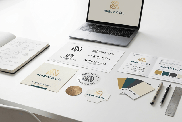 Premium professional commercial photography for a European label printing and graphic design company, showing the CREATIVE DEVELOPMENT OF A PROFESSIONAL BRAND IDENTITY AND LOGO.

The image must communicate:
LOGO DESIGN
BRAND IDENTITY
CREATIVITY
PROFESSIONAL GRAPHIC DESIGN
COLOR
TYPOGRAPHY
PRINT-READY DESIGN.

MAIN SCENE:
Create an elegant graphic designer workspace viewed from a slightly elevated perspective.

The main protagonist is a sophisticated BRAND IDENTITY PROJECT spread naturally across a clean white design table.

Show several stages of the same fictional brand:

• hand-drawn logo sketches on white paper
• refined black logo concepts
• final vector-style logo
• typography selection
• color palette
• small brand guidelines sheet
• printed self-adhesive label samples

BRAND STYLE:
Create an ORIGINAL fictional brand identity with a contemporary, distinctive logo.

Use a modern abstract symbol combined with elegant typography.

The design must feel professionally created, memorable and suitable for premium consumer packaging.

Use a sophisticated but lively color palette with approximately 3–4 coordinated colors.

Avoid generic corporate blue logos.

LABEL APPLICATION:
In the foreground place several professionally printed adhesive label samples using the finished identity:

• rectangular label
• circular label
• transparent label
• premium textured paper label
• small metallic-finish label

The LABELS must be extremely sharp and visually important.

Show realistic:
• die-cut edges
• paper texture
• transparent film
• metallic detail
• precise printing

CREATIVE TOOLS:
Include only a few carefully arranged professional design elements:

• Pantone-style color swatches without visible brand name
• mechanical pencil
• fine black marker
• ruler
• typography specimen sheet

A slim laptop may appear partially in the background displaying the same logo as clean vector artwork.

No recognizable software interface or brand.

COMPOSITION:
Wide horizontal website image.

The final logo and printed label samples occupy the central foreground.

Sketches and creative development surround them naturally.

Laptop remains secondary in the background.

The scene should look curated but genuinely used by a professional designer.

Leave generous clean negative space.

BACKGROUND:
Pure white and very light neutral environment.

Modern European graphic design studio aesthetic.

No colorful decorative background.

LIGHTING:
Bright soft natural daylight combined with premium studio lighting.

Subtle realistic shadows.

Exceptional definition on printed labels, paper textures, typography and color samples.

STYLE:
Contemporary European branding studio photography, sophisticated, creative, minimal, premium, tactile, hyper-realistic, 8K.

CRITICAL:
The image must show the COMPLETE JOURNEY FROM LOGO IDEA TO PRINTED LABEL.

The result must feel specifically relevant to a PROFESSIONAL LABEL PRINTING COMPANY, not a generic advertising agency.

NO generic lightbulb creativity symbols.
NO giant computer screen.
NO designer portrait.
NO hands dominating the image.
NO real brands.
NO recognizable company logos.
NO Apple logo.
NO Adobe logo.
NO Canva logo.
NO software logos.
NO mockup floating in space.
NO excessive stationery.
NO dark background.
NO CGI.
NO floating graphics.