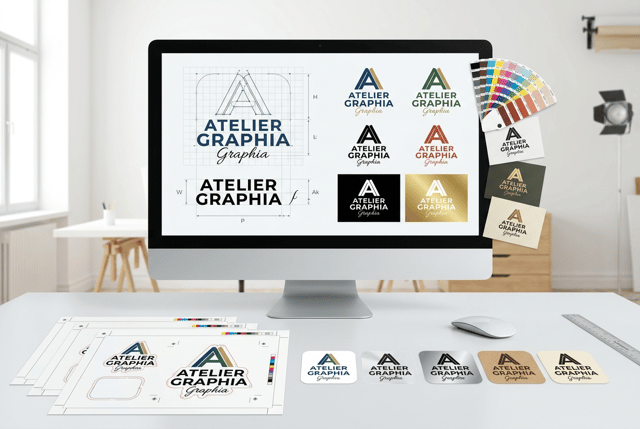 Premium professional commercial photography for a European label printing and graphic design company, showing PROFESSIONAL VECTOR LOGO DESIGN AND PRINT PREPARATION.

The image must communicate:
VECTOR DESIGN
PRINT-READY ARTWORK
COLOR MANAGEMENT
TYPOGRAPHY
PRECISION
PROFESSIONAL LABEL DESIGN.

MAIN SCENE:
Create a bright professional graphic design and prepress workstation.

A large slim monitor is positioned slightly behind the main working area.

On screen, show an ORIGINAL fictional logo being professionally constructed as VECTOR ARTWORK.

The interface must be generic and completely unbranded.

VECTOR DESIGN:
Clearly show:
• logo outlines
• Bézier curves
• anchor points
• construction grid
• typography alignment
• geometric proportions
• several logo size variations
• positive and negative versions

The artwork should look like real professional vector design, NOT a decorative illustration.

COLOR MANAGEMENT:
Beside the monitor place several physical color swatches and printed color proofs.

Show the same logo prepared in:
• full color CMYK
• one-color black
• one spot color
• white reversed version
• metallic gold version

Do not display recognizable Pantone branding.

PRINT PREPARATION:
On the white worktable show several professional printed label proofs using the same identity:

• white paper label
• transparent synthetic label
• silver metallic label
• kraft label
• premium textured label

Include subtle technical preparation elements:
• die-cut contour line
• bleed indication
• registration marks on one proof sheet
• small color control patches
• precise cutting guides

These technical elements should appear ONLY on the proof sheets, not on the finished labels.

FINISHED LABELS:
In the foreground place several final die-cut labels showing the clean finished result without technical marks.

Use a visually strong contemporary brand identity with distinctive typography, graphic shapes and sophisticated color combinations.

Avoid overly simple black-text-only designs.

COMPOSITION:
Wide horizontal website image.

Monitor occupies approximately 30% of the composition.

Printed proofs and finished labels dominate the central foreground.

Create visual progression:

VECTOR ARTWORK → COLOR CONTROL → PRINT PROOF → FINISHED LABEL.

A professional mouse, stylus and precision ruler may appear subtly.

No hands required.

BACKGROUND:
Bright contemporary European graphic design studio.

Pure white and extremely light neutral tones.

Minimal and sophisticated.

LIGHTING:
Premium high-key commercial photography with soft natural daylight and controlled studio illumination.

Screen artwork, printed typography, metallic details and label edges must appear extremely sharp.

STYLE:
Contemporary European graphic design and professional prepress photography, technical yet creative, precise, premium, realistic, 8K.

CRITICAL:
The image must communicate that the logo is PROFESSIONALLY PREPARED FOR REAL PRINTING AND LABEL PRODUCTION, not simply designed for digital use.

The connection between VECTOR DESIGN and PHYSICAL PRINTED LABEL must be immediately understandable.

NO Adobe logo.
NO Illustrator logo.
NO Canva logo.
NO Apple logo.
NO recognizable software interface.
NO real brands.
NO invented software brands.
NO generic office scene.
NO designer portrait.
NO excessive stationery.
NO dark background.
NO CGI.
NO floating graphics.